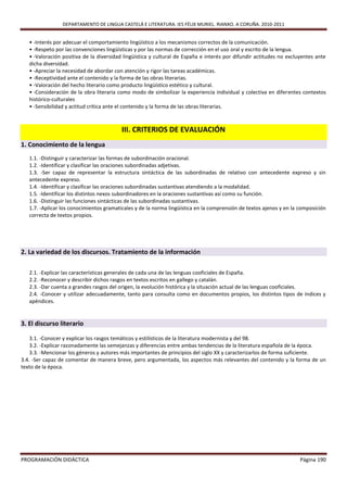DEPARTAMENTO DE LINGUA CASTELÁ E LITERATURA. IES FÉLIX MURIEL. RIANXO. A CORUÑA. 2010-2011


   • -Interés por adecuar el comportamiento lingüístico a los mecanismos correctos de la comunicación.
   • -Respeto por las convenciones lingüísticas y por las normas de corrección en el uso oral y escrito de la lengua.
   • -Valoración positiva de la diversidad lingüística y cultural de España e interés por difundir actitudes no excluyentes ante
   dicha diversidad.
   • -Apreciar la necesidad de abordar con atención y rigor las tareas académicas.
   • -Receptividad ante el contenido y la forma de las obras literarias.
   • -Valoración del hecho literario como producto lingüístico estético y cultural.
   • -Consideración de la obra literaria como modo de simbolizar la experiencia individual y colectiva en diferentes contextos
   histórico-culturales
   • -Sensibilidad y actitud crítica ante el contenido y la forma de las obras literarias.



                                         III. CRITERIOS DE EVALUACIÓN
1. Conocimiento de la lengua
   1.1. -Distinguir y caracterizar las formas de subordinación oracional.
   1.2. -Identificar y clasificar las oraciones subordinadas adjetivas.
   1.3. -Ser capaz de representar la estructura sintáctica de las subordinadas de relativo con antecedente expreso y sin
   antecedente expreso.
   1.4. -Identificar y clasificar las oraciones subordinadas sustantivas atendiendo a la modalidad.
   1.5. -Identificar los distintos nexos subordinadores en la oraciones sustantivas así como su función.
   1.6. -Distinguir las funciones sintácticas de las subordinadas sustantivas.
   1.7. -Aplicar los conocimientos gramaticales y de la norma lingüística en la comprensión de textos ajenos y en la composición
   correcta de textos propios.




2. La variedad de los discursos. Tratamiento de la información

   2.1. -Explicar las características generales de cada una de las lenguas cooficiales de España.
   2.2. -Reconocer y describir dichos rasgos en textos escritos en gallego y catalán.
   2.3. -Dar cuenta a grandes rasgos del origen, la evolución histórica y la situación actual de las lenguas cooficiales.
   2.4. -Conocer y utilizar adecuadamente, tanto para consulta como en documentos propios, los distintos tipos de índices y
   apéndices.


3. El discurso literario

    3.1. -Conocer y explicar los rasgos temáticos y estilísticos de la literatura modernista y del 98.
    3.2. -Explicar razonadamente las semejanzas y diferencias entre ambas tendencias de la literatura española de la época.
    3.3. -Mencionar los géneros y autores más importantes de principios del siglo XX y caracterizarlos de forma suficiente.
3.4. -Ser capaz de comentar de manera breve, pero argumentada, los aspectos más relevantes del contenido y la forma de un
texto de la época.




PROGRAMACIÓN DIDÁCTICA                                                                                               Página 190
 