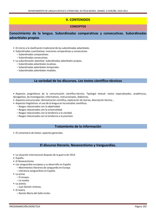 DEPARTAMENTO DE LINGUA CASTELÁ E LITERATURA. IES FÉLIX MURIEL. RIANXO. A CORUÑA. 2010-2011


                                                     II. CONTENIDOS
                                                         CONCEPTOS

Conocimiento de la lengua. Subordinadas comparativas y consecutivas. Subordinadas
adverbiales propias

  • -En torno a la clasificación tradicional de las subordinadas adverbiales.
  • -Subordinadas cuantitativas: oraciones comparativas y consecutivas.
      – Subordinadas comparativas.
      – Subordinadas consecutivas.
  • -La subordinación adverbial. Subordinadas adverbiales propias.
      – Subordinadas adverbiales locativas.
      – Subordinadas adverbiales temporales.
      – Subordinadas adverbiales modales.



                      La variedad de los discursos. Los textos científico-técnicos


  • -Aspectos pragmáticos de la comunicación científico-técnica. Tipología textual: textos especializados, académicos,
  divulgativos, de investigación, informativos, instruccionales, didácticos.
  • -Aspectos estructurales: demostración científica, explicación de teorías, descripción técnica...
  • -Aspectos lingüísticos: el uso de la lengua en los estudios científicos.
      – Rasgos relacionados con la objetividad.
      – Rasgos relacionados con la universalidad.
      – Rasgos relacionados con la tendencia a la claridad.
      – Rasgos relacionados con la tendencia a la precisión.



                                          Tratamiento de la información
  • -El comentario de textos: aspectos generales.



                            El discurso literario. Novecentismo y Vanguardias.

  • -La situación internacional después de la guerra de 1914.
  • -España.
  • -El Novecentismo.
  • -Las vanguardias europeas y su desarrollo en España.
      – Movimientos literarios de vanguardia en Europa.
      – Literatura vanguardista en España.
  • -La prosa.
      – El ensayo.
      – La novela.
  • -La poesía.
      – Juan Ramón Jiménez.
  • -El teatro.
      – Ramón María del Valle-Inclán.




PROGRAMACIÓN DIDÁCTICA                                                                                       Página 192
 