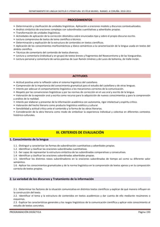 DEPARTAMENTO DE LINGUA CASTELÁ E LITERATURA. IES FÉLIX MURIEL. RIANXO. A CORUÑA. 2010-2011


                                                     PROCEDIMIENTOS
  • -Determinación y clasificación de unidades lingüísticas. Aplicación a oraciones modelo y discursos contextualizados.
  • -Análisis sintáctico de oraciones complejas con subordinadas cuantitativas y adverbiales propias.
  • -Transformación de unidades lingüísticas.
  • -Actividades de aplicación de la corrección idiomática sobre enunciados tipo y sobre el propio discurso escrito.
  • -Lectura comprensiva de textos de tema científico o técnico.
  • -Determinación y explicación de la estructura de contenidos en textos científicos.
  • -Aplicación de los conocimientos morfosintácticos y léxico-semánticos a la caracterización de la lengua usada en textos del
  ámbito científico.
  • -Técnicas de comentario del contenido de textos diversos.
  • -Lectura y comentario (individual y en grupo) de textos breves y fragmentos del Novecentismo y de las Vanguardias.
  • -Lectura personal y comentario de varios poemas de Juan Ramón Jiménez y de Luces de bohemia, de Valle-Inclán.




                                                          ACTITUDES
  • -Actitud positiva ante la reflexión sobre el sistema lingüístico del castellano.
  • -Comprensión de la importancia del conocimiento gramatical para el estudio del castellano y de otras lenguas.
  • -Interés por adecuar el comportamiento lingüístico a los mecanismos correctos de la comunicación.
  • -Respeto por las convenciones lingüísticas y por las normas de corrección en el uso oral y escrito de la lengua.
  • -Valoración de la expresión oral y escrita como recurso para la adquisición de nuevos conocimientos y para la comprensión
  y análisis de la realidad.
  • -Interés por elaborar y presentar de la información académica con autonomía, rigor intelectual y espíritu crítico.
  • -Valoración del hecho literario como producto lingüístico estético y cultural.
  • -Sensibilidad y actitud crítica ante el contenido y la forma de las obras literarias.
  • -Consideración de la obra literaria como modo de simbolizar la experiencia individual y colectiva en diferentes contextos
  histórico-culturales.




                                          III. CRITERIOS DE EVALUACIÓN
1. Conocimiento de la lengua
  1.1. -Distinguir y caracterizar las formas de subordinación cuantitativas y adverbiales propias.
  1.2. -Identificar y clasificar las oraciones subordinadas cuantitativas.
  1.3. -Ser capaz de representar la estructura sintáctica de las subordinadas comparativas y consecutivas.
  1.4. -Identificar y clasificar las oraciones subordinadas adverbiales propias.
  1.5. -Identificar los distintos nexos subordinadores en la oraciones subordinadas de tiempo así como su diferente valor
  semántico.
  1.6. -Aplicar los conocimientos gramaticales y de la norma lingüística en la comprensión de textos ajenos y en la composición
  correcta de textos propios.


2. La variedad de los discursos y Tratamiento de la información


  2.1. -Determinar los factores de la situación comunicativa en distintos textos científicos y explicar de qué manera influyen en
  la construcción del texto.
  2.2. -Identificar el tema y la estructura de contenidos en textos académicos y dar cuenta de ello mediante resúmenes o
  esquemas.
  2.3. -Explicar las características generales y los rasgos lingüísticos de la comunicación científica y aplicar este conocimiento al
  estudio de textos concretos.

PROGRAMACIÓN DIDÁCTICA                                                                                                   Página 193
 