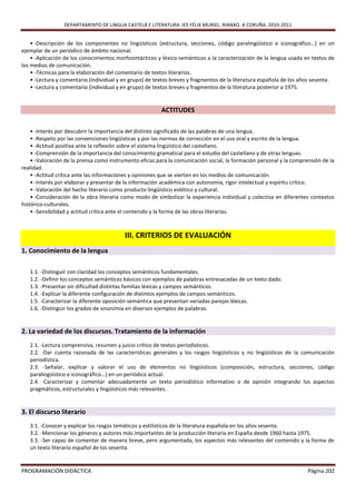 DEPARTAMENTO DE LINGUA CASTELÁ E LITERATURA. IES FÉLIX MURIEL. RIANXO. A CORUÑA. 2010-2011


    • -Descripción de los componentes no lingüísticos (estructura, secciones, código paralingüístico e iconográfico…) en un
ejemplar de un periódico de ámbito nacional.
    • -Aplicación de los conocimientos morfosintácticos y léxico-semánticos a la caracterización de la lengua usada en textos de
los medios de comunicación.
    • -Técnicas para la elaboración del comentario de textos literarios.
    • -Lectura y comentario (individual y en grupo) de textos breves y fragmentos de la literatura española de los años sesenta.
    • -Lectura y comentario (individual y en grupo) de textos breves y fragmentos de la literatura posterior a 1975.


                                                         ACTITUDES

    • -Interés por descubrir la importancia del distinto significado de las palabras de una lengua.
    • -Respeto por las convenciones lingüísticas y por las normas de corrección en el uso oral y escrito de la lengua.
    • -Actitud positiva ante la reflexión sobre el sistema lingüístico del castellano.
    • -Comprensión de la importancia del conocimiento gramatical para el estudio del castellano y de otras lenguas.
    • -Valoración de la prensa como instrumento eficaz para la comunicación social, la formación personal y la comprensión de la
realidad.
    • -Actitud crítica ante las informaciones y opiniones que se vierten en los medios de comunicación.
    • -Interés por elaborar y presentar de la información académica con autonomía, rigor intelectual y espíritu crítico.
    • -Valoración del hecho literario como producto lingüístico estético y cultural.
    • -Consideración de la obra literaria como modo de simbolizar la experiencia individual y colectiva en diferentes contextos
histórico-culturales.
    • -Sensibilidad y actitud crítica ante el contenido y la forma de las obras literarias.



                                          III. CRITERIOS DE EVALUACIÓN
1. Conocimiento de la lengua

   1.1. -Distinguir con claridad los conceptos semánticos fundamentales.
   1.2. -Definir los conceptos semánticos básicos con ejemplos de palabras entresacadas de un texto dado.
   1.3. -Presentar sin dificultad distintas familias léxicas y campos semánticos.
   1.4. -Explicar la diferente configuración de distintos ejemplos de campos semánticos.
   1.5. -Caracterizar la diferente oposición semántica que presentan variadas parejas léxicas.
   1.6. -Distinguir los grados de sinonimia en diversos ejemplos de palabras.


2. La variedad de los discursos. Tratamiento de la información
   2.1. -Lectura comprensiva, resumen y juicio crítico de textos periodísticos.
   2.2. -Dar cuenta razonada de las características generales y los rasgos lingüísticos y no lingüísticos de la comunicación
   periodística.
   2.3. -Señalar, explicar y valorar el uso de elementos no lingüísticos (composición, estructura, secciones, código
   paralingüístico e iconográfico…) en un periódico actual.
   2.4. -Caracterizar y comentar adecuadamente un texto periodístico informativo o de opinión integrando los aspectos
   pragmáticos, estructurales y lingüísticos más relevantes.


3. El discurso literario
   3.1. -Conocer y explicar los rasgos temáticos y estilísticos de la literatura española en los años sesenta.
   3.2. -Mencionar los géneros y autores más importantes de la producción literaria en España desde 1960 hasta 1975.
   3.3. -Ser capaz de comentar de manera breve, pero argumentada, los aspectos más relevantes del contenido y la forma de
   un texto literario español de los sesenta.


PROGRAMACIÓN DIDÁCTICA                                                                                               Página 202
 