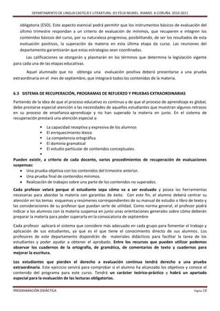 DEPARTAMENTO DE LINGUA CASTELÁ E LITERATURA. IES FÉLIX MURIEL. RIANXO. A CORUÑA. 2010-2011


   obligatoria (ESO). Este aspecto esencial podrá permitir que los instrumentos básicos de evaluación del
   último trimestre respondan a un criterio de evaluación de mínimos, que recuperen e integren los
   contenidos básicos del curso, por su naturaleza progresiva, posibilitando, de ser los resultados de esta
   evaluación positivos, la superación da materia en esta última etapa da curso. Las reuniones del
   departamento garantizarán que estas estrategias sean coordinadas.
       Las calificaciones se otorgarán y plasmarán en los términos que determina la legislación vigente
para cada una de las etapas educativas.
       Aquel alumnado que no obtenga una evaluación positiva deberá presentarse a una prueba
extraordinaria en el mes de septiembre, que integrará todos los contenidos de la materia.


6.3 SISTEMA DE RECUPERACIÓN, PROGRAMAS DE REFUERZO Y PRUEBAS EXTRAORDINARIAS
Partiendo de la idea de que el proceso educativo es continuo y de que el proceso de aprendizaje es global,
debe prestarse especial atención a las necesidades de aquellos estudiantes que muestran algunos retrasos
en su proceso de enseñanza-aprendizaje y no han superado la materia en junio. En el sistema de
recuperación prestará una atención especial a:

               La capacidad receptiva y expresiva de los alumnos
               El enriquecimiento léxico
               La competencia ortográfica
               El dominio gramatical
               El estudio particular de contenidos conceptuales.
              
Pueden existir, a criterio de cada docente, varios procedimientos de recuperación de evaluaciones
suspensas:
    Una prueba objetiva con los contenidos del trimestre anterior.
    Una prueba final de contenidos mínimos.
    Realización de trabajos sobre una parte de los contenidos no superados.
Cada profesor velará porque el estudiante sepa cómo va a ser evaluado y posea las herramientas
necesarias para abordar la materia con garantías de éxito. Con este fin, el alumno deberá centrar su
atención en los temas esquemas y resúmenes correspondientes de su manual de estudio o libro de texto y
las consideraciones de su profesor que puedan serle de utilidad. Como norma general, el profesor podrá
indicar a los alumnos con la materia suspensa en junio unas orientaciones generales sobre cómo deberán
preparar la materia para poder superarla en la convocatoria de septiembre

Cada profesor aplicará el sistema que considere más adecuado en cada grupo para fomentar el trabajo y
aplicación de sus estudiantes, ya que es el que tiene el conocimiento directo de sus alumnos. Los
profesores de este departamento dispondrán de materiales didácticos para facilitar la tarea de los
estudiantes y poder ayudar a obtener el aprobado. Entre los recursos que pueden utilizar podemos
observar los cuadernos de la ortografía, de gramática, de comentarios de texto y cuadernos para
mejorar la escritura.

Los estudiantes que pierden el derecho a evaluación continua tendrá derecho a una prueba
extraordinaria. Este ejercicio servirá para comprobar si el alumno ha alcanzado los objetivos y conoce el
contenido del programa para este curso. Tendrá un carácter teórico-práctico y habrá un apartado
especial para la evaluación de las lecturas obligatorias.

PROGRAMACIÓN DIDÁCTICA                                                                                 Página 18
 