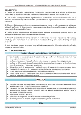 DEPARTAMENTO DE LINGUA CASTELÁ E LITERATURA. IES FÉLIX MURIEL. RIANXO. A CORUÑA. 2010-2011


8.1.2. OBJETIVOS.
1. Conocer las tendencias y movimientos estéticos más representativos y las autoras y autores más
significativos de las literaturas hispánicas que conformaron nuestra realidad multicultural actual

2. Leer, analizar e interpretar textos significativos de las literaturas hispánicas relacionándolos con el
momento histórico en el que fueron creados y atendiendo a los aspectos socioculturales y literarios más
relevantes.

3. Elaborar trabajos sobre movimientos estéticos, sobre autoras o autores, sobre obras o temas relevantes,
utilizando las fuentes de documentación necesarias y mostrando un interés suficiente por la realización y
presentación de un trabajo bien hecho.

4. Comunicar ideas, sentimientos y sensaciones propios mediante la elaboración de textos escritos con
intención estética o bien con la finalidad de expresar opinión.

5. Valorar la creación literaria como expresión de sentimientos, creencias e inquietudes, individuales y
colectivos, como instrumento de conocimiento de nuestras culturas y como fuente de enriquecimiento
personal.

6. Sentir interés por conocer la creación literaria hispánica y respetar las diferencias culturales reflejadas
en los diversos textos leídos.

8.1.3. CONTENIDOS COMUNES.
                          Lectura e interpretación de textos significativos.
    Identificación, en textos concretos, de los elementos que conforman el relato: técnicas narrativas,
     personajes, tiempo, espacio.
    Análisis, en textos concretos, de la relación entre estructuras, recursos literarios y contenido.
    Análisis, en diferentes textos, de la objetividad o subjetividad que impregnan la obra literaria, así
     como de la estructura y técnica que la sustentan.
    Utilización, a partir de la observación y análisis de textos, de los elementos que conforman el relato.
    Elaboración de trabajos, orales y/o escritos, utilizando diversas fuentes de documentación.
    Interés por compartir opiniones sobre los textos leídos y analizados.
    Valoración de la lectura como medio para el conocimiento de nuestra realidad cultural y como
     fuente de placer y enriquecimiento personal.

                                                   NARRATIVA

    Pluralidad narrativa. Tendencias desde el fin del siglo XIX hasta 1940: permanencia y renovación del
     realismo tradicional. La narración formalista e intelectual.
    Tendencias narrativas desde 1940 hasta nuestros días. Diversificación de las propuestas narrativas:
     realismo social, realismo objetivo, realismo mágico y realismo experimental. Asimilación de la
     renovación formal y eclecticismo.
    Innovaciones técnicas y temáticas.
    Renovación de los géneros narrativos: novela, novela corta y cuento.
    Narrativa y medios de difusión. Adaptaciones cinematográficas y televisivas.

                                                      POESÍA

PROGRAMACIÓN DIDÁCTICA                                                                                      Página 220
 
