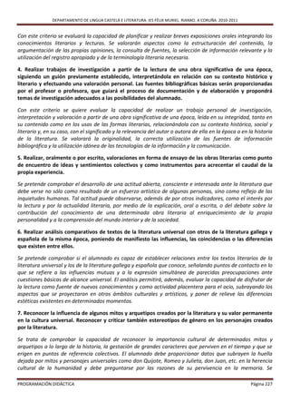 DEPARTAMENTO DE LINGUA CASTELÁ E LITERATURA. IES FÉLIX MURIEL. RIANXO. A CORUÑA. 2010-2011


Con este criterio se evaluará la capacidad de planificar y realizar breves exposiciones orales integrando los
conocimientos literarios y lecturas. Se valorarán aspectos como la estructuración del contenido, la
argumentación de las propias opiniones, la consulta de fuentes, la selección de información relevante y la
utilización del registro apropiado y de la terminología literaria necesaria.

4. Realizar trabajos de investigación a partir de la lectura de una obra significativa de una época,
siguiendo un guión previamente establecido, interpretándola en relación con su contexto histórico y
literario y efectuando una valoración personal. Las fuentes bibliográficas básicas serán proporcionadas
por el profesor o profesora, que guiará el proceso de documentación y de elaboración y propondrá
temas de investigación adecuados a las posibilidades del alumnado.

Con este criterio se quiere evaluar la capacidad de realizar un trabajo personal de investigación,
interpretación y valoración a partir de una obra significativa de una época, leída en su integridad, tanto en
su contenido como en los usos de las formas literarias, relacionándola con su contexto histórico, social y
literario y, en su caso, con el significado y la relevancia del autor o autora de ella en la época o en la historia
de la literatura. Se valorará la originalidad, la correcta utilización de las fuentes de información
bibliográfica y la utilización idónea de las tecnologías de la información y la comunicación.

5. Realizar, oralmente o por escrito, valoraciones en forma de ensayo de las obras literarias como punto
de encuentro de ideas y sentimientos colectivos y como instrumentos para acrecentar el caudal de la
propia experiencia.

Se pretende comprobar el desarrollo de una actitud abierta, consciente e interesada ante la literatura que
debe verse no sólo como resultado de un esfuerzo artístico de algunas personas, sino como reflejo de las
inquietudes humanas. Tal actitud puede observarse, además de por otros indicadores, como el interés por
la lectura y por la actualidad literaria, por medio de la explicación, oral o escrita, o del debate sobre la
contribución del conocimiento de una determinada obra literaria al enriquecimiento de la propia
personalidad y a la comprensión del mundo interior y de la sociedad.

6. Realizar análisis comparativos de textos de la literatura universal con otros de la literatura gallega y
española de la misma época, poniendo de manifiesto las influencias, las coincidencias o las diferencias
que existen entre ellos.

Se pretende comprobar si el alumnado es capaz de establecer relaciones entre los textos literarios de la
literatura universal y los de la literatura gallega y española que conoce, señalando puntos de contacto en lo
que se refiere a las influencias mutuas y a la expresión simultánea de parecidas preocupaciones ante
cuestiones básicas de alcance universal. El análisis permitirá, además, evaluar la capacidad de disfrutar de
la lectura como fuente de nuevos conocimientos y como actividad placentera para el ocio, subrayando los
aspectos que se proyectaron en otros ámbitos culturales y artísticos, y poner de relieve las diferencias
estéticas existentes en determinados momentos.

7. Reconocer la influencia de algunos mitos y arquetipos creados por la literatura y su valor permanente
en la cultura universal. Reconocer y criticar también estereotipos de género en los personajes creados
por la literatura.

Se trata de comprobar la capacidad de reconocer la importancia cultural de determinados mitos y
arquetipos a lo largo de la historia, la gestación de grandes caracteres que perviven en el tiempo y que se
erigen en puntos de referencia colectivos. El alumnado debe proporcionar datos que subrayen la huella
dejada por mitos y personajes universales como don Quijote, Romeo y Julieta, don Juan, etc. en la herencia
cultural de la humanidad y debe preguntarse por las razones de su pervivencia en la memoria. Se

PROGRAMACIÓN DIDÁCTICA                                                                                      Página 227
 