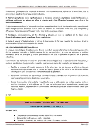 DEPARTAMENTO DE LINGUA CASTELÁ E LITERATURA. IES FÉLIX MURIEL. RIANXO. A CORUÑA. 2010-2011


comprobará igualmente que reconoce de manera crítica determinados papeles de lo masculino y de lo
femenino en las obras literarias y los contextualiza.

8. Aportar ejemplos de obras significativas de la literatura universal adaptadas a otras manifestaciones
artísticas analizando en alguno de ellos la relación entre los diferentes lenguajes expresivos y los
resultados obtenidos.

El objetivo es comprobar si el alumnado puede reconocer la utilización de las obras literarias como base de
otras manifestaciones artísticas y si es capaz de analizar las relaciones entre ellas, sus semejanzas y
diferencias, haciendo especial hincapié en los tipos de lenguaje que utilizan.

9. Participar, ordenadamente, en los debates y discusiones que se realicen en la clase sobre
determinados aspectos de una obra o de un movimiento.

Se trata de valorar el trabajo diario, el interés, la tolerancia a la hora de escuchar las opiniones de otras
personas y la confianza para expresar las propias

8.2.5 ORIENTACIONES METODOLÓGICAS.
El enfoque metodológico de cada materia deberá contribuir a desarrollar el currículo desde la perspectiva
de los objetivos marcados y habida cuenta de sus características. Se trata de asegurar la máxima
coherencia entre los principios y valores presentados y los que se pondrán en práctica en el proceso
educativo.

En la materia de literatura universal las propuestas metodológicas que se consideran más relevantes, a
partir de los objetivos fundamentales recogidos en el segundo punto del currículo, son las siguientes:

    Facilitar e impulsar el trabajo autónomo de las alumnas y de los alumnos y, al mismo tiempo,
     estimular sus capacidades para el trabajo en equipo; potenciar las técnicas de documentación e
     investigación y las aplicaciones y transferencias de lo aprendido.

    Favorecer situaciones de aprendizaje contextualizadas y abiertas que le permitan al alumnado
     acercarse al conocimiento de clásicos universales.

    Buscar información, interpretarla y reutilizarla para la elaboración de textos propios, orales y
     escritos. Promover la utilización de las TIC y de las bibliotecas como herramientas y espacios de
     recursos. Además, se potenciará la utilización de formatos digitales en la realización de tareas y en
     la presentación


9. PCPI
                                                        PCPI
                           MÓDULO FORMATIVO DE CARÁCTER GENERAL.
                                   COMPETENCIA COMUNICATIVA Y DIGITAL

9.1 OBJETIVOS

              Comprender textos orales y escritos de distinta naturaleza.
              Comprender instrucciones orales y escritas.
              Expresar oralmente y por escrito y con corrección textos variados.
PROGRAMACIÓN DIDÁCTICA                                                                                      Página 228
 