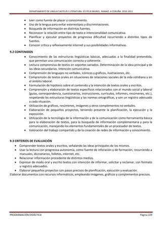 DEPARTAMENTO DE LINGUA CASTELÁ E LITERATURA. IES FÉLIX MURIEL. RIANXO. A CORUÑA. 2010-2011


             Leer como fuente de placer y conocimiento.
             Uso de la lengua para evitar estereotipos y discriminaciones.
             Búsqueda de información en distintas fuentes.
             Reconocer la relación entre tipo de texto e intencionalidad comunicativa.
             Planificar y ejecutar proyectos de progresiva dificultad recurriendo a distintos tipos de
              fuentes.
             Conocer crítica y reflexivamente internet y sus posibilidades informativas.

9.2 CONTENIDOS
          Conocimiento de las estructuras lingüísticas básicas, adecuadas a la finalidad pretendida,
            que permitan una comunicación correcta y coherente.
          Lectura comprensiva de textos en soportes variados. Determinación de la idea principal y de
            las ideas secundarias. Intención comunicativa.
          Comprensión de lenguajes no verbales, icónicos y gráficos, ilustraciones, etc.
          Comprensión de textos orales en situaciones de relaciones sociales de la vida cotidiana y en
            el ámbito laboral.
          Formulación de hipótesis sobre el contenido y la intención de textos orales y escritos.
          Comprensión y elaboración de textos específicos relacionados con el mundo social y laboral
            (guías, correspondencia, cuestionarios, instrucciones, currículos, informes, resúmenes, etc.),
            respetando las estructuras lingüísticas y las normas ortográficas, y con un registro adecuado
            a cada situación.
          Utilización de gráficos, resúmenes, imágenes y otros complementos no verbales.
          Elaboración de pequeños proyectos, teniendo presente la planificación, la ejecución y la
            exposición.
          Utilización de la tecnología de la información y de la comunicación como herramienta básica
            para la elaboración de textos, para la búsqueda de información complementaria y para la
            comunicación, manejando los elementos fundamentales de un procesador de textos.
          Valoración del trabajo compartido y de la creación de redes de información y conocimiento.


9.3 CRITERIOS DE EVALUACIÓN
     Comprender textos orales y escritos, señalando las ideas principales de los mismos.
     Usar la lectura con progresiva autonomía, como fuente de inforación y de formación, recurriendo a
       manuales, diccionarios, folletos, internet, etc.
     Relacionar información procedente de distintos medios.
     Expresar de modo oral y escrito textos con intención de informar, solicitar y reclamar, con formato
       y registro adecuados.
     Elaborar pequeños proyectos con pasos precisos de planificación, ejecución y evaluación.
Elaborar documentos con recursos informáticos, empleando imágenes, gráficos y complementos precisos.




PROGRAMACIÓN DIDÁCTICA                                                                                     Página 229
 