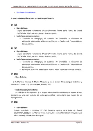 DEPARTAMENTO DE LINGUA CASTELÁ E LITERATURA. IES FÉLIX MURIEL. RIANXO. A CORUÑA. 2010-2011


      http://www.elcorregallego.es



9. MATERIALES DIDÁCTICOS Y RECURSOS DISPONIBLES.


1º ESO
    Libro de texto:
     Lengua castellana y Literatura 1º ESO (Proyecto Ánfora, serie Trama, de Oxford
     EDUCACIÓN, 2007), de Ana Lahera y Ricardo Lobato.
    Materiales complementarios:
         o Cuaderno de Ortografía, el Cuaderno de Gramática, el Cuaderno de
            Ortografía y Gramática, el Cuaderno básico y el Cuaderno de Composición de
            textos escritos.

2º ESO
    Libro de texto:
     Lengua castellana y Literatura 2º ESO (Proyecto Ánfora, serie Trama, de Oxford
     EDUCACIÓN, 2007), de Ana Lahera y Ricardo Lobato.
    Materiales complementarios:
         o Cuaderno de Ortografía, el Cuaderno de Gramática, el Cuaderno de
            Ortografía y Gramática, el Cuaderno básico y el Cuaderno de Composición de
            textos escritos.
         o Fotocopias puntuales de textos de diversa índole a consideración del profesor.

3º ESO
     Libro de texto:

   J. A. Martínez Jiménez, F. Muñoz Marquina y M. Á. Sarrión Mora: Lengua Castellana y
Literatura (3.º de E.S.O). Ediciones Akal, Madrid, 2007.

     Materiales complementarios
      El carácter de la asignatura y el propio planteamiento metodológico impone el uso
constante de una gran variedad de textos para análisis y comentario, que habrán de ser
reprografiados.

4º ESO

     Libro de texto
   Lengua castellana y Literatura 4º ESO (Proyecto Ánfora, serie Cota, de Oxford
   EDUCACIÓN, 2008), de M.ª Teresa Bouza Álvarez, José Manuel González Bernal, José Luis
   Pérez Fuente y Alicia Romeu Rodríguez.


PROGRAMACIÓN DIDÁCTICA                                                                Página 32
 
