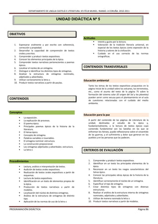 DEPARTAMENTO DE LINGUA CASTELÁ E LITERATURA. IES FÉLIX MURIEL. RIANXO. A CORUÑA. 2010-2011


                                             UNIDAD DIDÁCTICA Nº 5


OBJETIVOS
                                                                   Actitudes
                                                                              Interés y gusto por la lectura.
   1.  Expresarse oralmente y por escrito con coherencia,                     Valoración de la tradición literaria universal, en
       corrección y propiedad.                                                 especial de los textos épicos como expresión de la
   2. Desarrollar la capacidad de comprensión de textos                        historia y valores de la civilización.
       orales y escritos.                                                     Cuidado en el uso correcto de las normas
   3. Comprender y producir textos expositivos.                                ortográficas.
   4. Conocer los elementos principales de la épica.
   5. Comprender textos narrativos pertenecientes a poemas
       épicos.
   6. Localizar el núcleo de un sintagma.                          CONTENIDOS TRANSVERSALES
   7. Distinguir e identificar los distintos tipos de sintagmas.
   8. Analizar la estructura de sintagmas nominales,
       adjetivales y adverbiales.
   9. Utilizar correctamente la letra v.                           Educación ambiental
   10. Producir textos narrativos a partir de pautas.
                                                                      Tanto los temas de los textos expositivos propuestos en la
                                                                      página inicial de la unidad sobre los volcanes, los terremotos,
                                                                      etc., como el asunto del texto de la página 75 sobre la
                                                                      formación del sistema solar (El origen del Sol y los planetas)
                                                                      pueden servir como excusa para el planteamiento en el aula
CONTENIDOS                                                            de cuestiones relacionadas con el cuidado del medio
                                                                      ambiente.


Conceptos
                                                                   Educación para la paz
           La exposición.
           La explicación de procesos.                               A partir del contenido de las páginas de Literatura de la
           El poema épico.                                           unidad, destinadas al estudio de la épica y,
           Principales poemas épicos de la historia de la            fundamentalmente, a la lectura de textos épicos cuyo
            literatura.                                               contenido fundamental son las batallas en las que se
           El héroe épico.                                           enfrentan los héroes, puede reflexionarse sobre el sinsentido
           Concepto de sintagma.                                     de las guerras, y el sufrimiento y dolor que generan en los
           Palabras variables e invariables.                         pueblos y en las personas que las padecen.
           El sintagma nominal: estructura.
           La construcción preposicional.
           Los sintagmas adjetivales y adverbiales: estructura.
           La letra v.                                            CRITERIOS DE EVALUACIÓN


Procedimientos                                                        1.  Comprender y producir textos expositivos.
                                                                      2.  Identificar en un texto los principales elementos de la
           Lectura, análisis e interpretación de textos.                 épica.
           Audición de textos orales expositivos.                    3. Reconocer en un texto los rasgos característicos del
           Realización de textos orales expositivos a partir de          héroe épico.
            esquemas.                                                 4. Conocer las principales obras épicas de la historia de la
           Lectura de textos expositivos.                                literatura.
           Identificación en un texto de elementos propios de        5. Identificar correctamente el núcleo de un sintagma.
            la épica.                                                 6. Especificar el tipo de sintagma.
           Producción de textos narrativos a partir de               7. Crear distintos tipos de sintagmas con diversas
            modelos.                                                      estructuras.
           Localización del núcleo de distintos sintagmas.           8. Realizar el análisis de la estructura interna de sintagmas
           Análisis de la estructura de sintagmas de distinto            nominales, adjetivales y adverbiales.
            tipo.                                                     9. Utilizar de manera razonada la letra v.
           Aplicación de las normas de uso de la letra v.            10. Producir textos narrativos a partir de modelos.


PROGRAMACIÓN DIDÁCTICA                                                                                                    Página 86
 