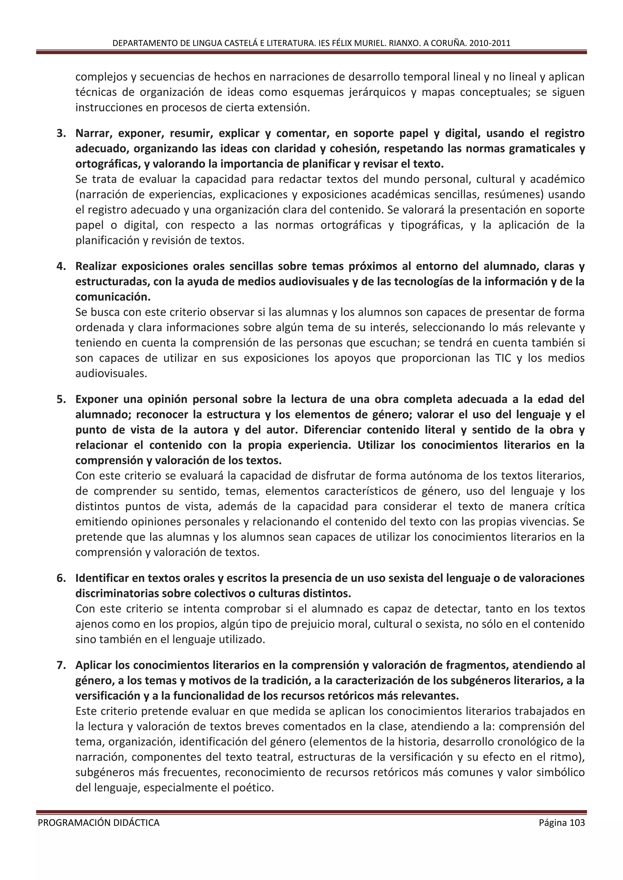 DEPARTAMENTO DE LINGUA CASTELÁ E LITERATURA. IES FÉLIX MURIEL. RIANXO. A CORUÑA. 2010-2011
PROGRAMACIÓN DIDÁCTICA Página 103
complejos y secuencias de hechos en narraciones de desarrollo temporal lineal y no lineal y aplican
técnicas de organización de ideas como esquemas jerárquicos y mapas conceptuales; se siguen
instrucciones en procesos de cierta extensión.
3. Narrar, exponer, resumir, explicar y comentar, en soporte papel y digital, usando el registro
adecuado, organizando las ideas con claridad y cohesión, respetando las normas gramaticales y
ortográficas, y valorando la importancia de planificar y revisar el texto.
Se trata de evaluar la capacidad para redactar textos del mundo personal, cultural y académico
(narración de experiencias, explicaciones y exposiciones académicas sencillas, resúmenes) usando
el registro adecuado y una organización clara del contenido. Se valorará la presentación en soporte
papel o digital, con respecto a las normas ortográficas y tipográficas, y la aplicación de la
planificación y revisión de textos.
4. Realizar exposiciones orales sencillas sobre temas próximos al entorno del alumnado, claras y
estructuradas, con la ayuda de medios audiovisuales y de las tecnologías de la información y de la
comunicación.
Se busca con este criterio observar si las alumnas y los alumnos son capaces de presentar de forma
ordenada y clara informaciones sobre algún tema de su interés, seleccionando lo más relevante y
teniendo en cuenta la comprensión de las personas que escuchan; se tendrá en cuenta también si
son capaces de utilizar en sus exposiciones los apoyos que proporcionan las TIC y los medios
audiovisuales.
5. Exponer una opinión personal sobre la lectura de una obra completa adecuada a la edad del
alumnado; reconocer la estructura y los elementos de género; valorar el uso del lenguaje y el
punto de vista de la autora y del autor. Diferenciar contenido literal y sentido de la obra y
relacionar el contenido con la propia experiencia. Utilizar los conocimientos literarios en la
comprensión y valoración de los textos.
Con este criterio se evaluará la capacidad de disfrutar de forma autónoma de los textos literarios,
de comprender su sentido, temas, elementos característicos de género, uso del lenguaje y los
distintos puntos de vista, además de la capacidad para considerar el texto de manera crítica
emitiendo opiniones personales y relacionando el contenido del texto con las propias vivencias. Se
pretende que las alumnas y los alumnos sean capaces de utilizar los conocimientos literarios en la
comprensión y valoración de textos.
6. Identificar en textos orales y escritos la presencia de un uso sexista del lenguaje o de valoraciones
discriminatorias sobre colectivos o culturas distintos.
Con este criterio se intenta comprobar si el alumnado es capaz de detectar, tanto en los textos
ajenos como en los propios, algún tipo de prejuicio moral, cultural o sexista, no sólo en el contenido
sino también en el lenguaje utilizado.
7. Aplicar los conocimientos literarios en la comprensión y valoración de fragmentos, atendiendo al
género, a los temas y motivos de la tradición, a la caracterización de los subgéneros literarios, a la
versificación y a la funcionalidad de los recursos retóricos más relevantes.
Este criterio pretende evaluar en que medida se aplican los conocimientos literarios trabajados en
la lectura y valoración de textos breves comentados en la clase, atendiendo a la: comprensión del
tema, organización, identificación del género (elementos de la historia, desarrollo cronológico de la
narración, componentes del texto teatral, estructuras de la versificación y su efecto en el ritmo),
subgéneros más frecuentes, reconocimiento de recursos retóricos más comunes y valor simbólico
del lenguaje, especialmente el poético.
 