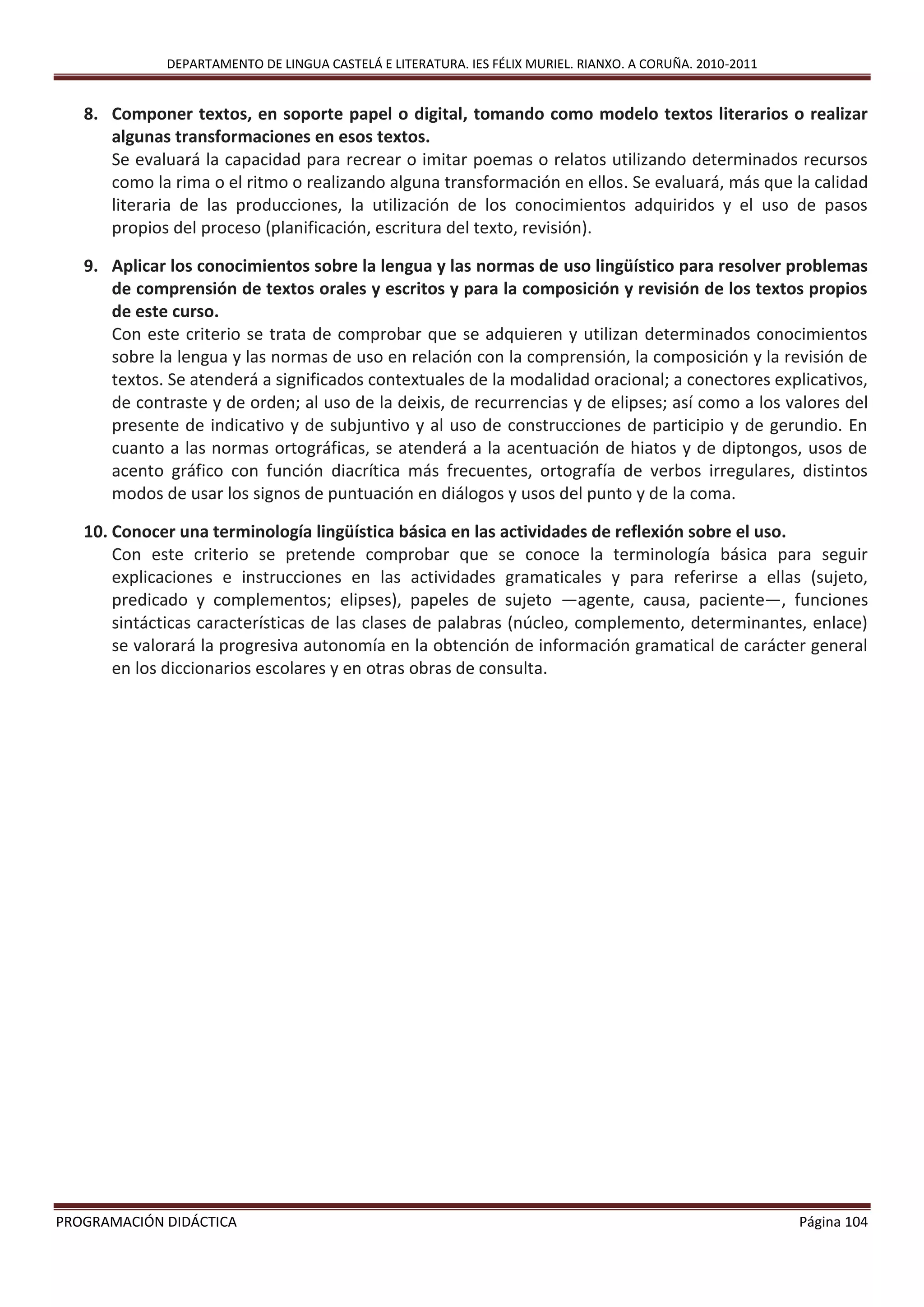 DEPARTAMENTO DE LINGUA CASTELÁ E LITERATURA. IES FÉLIX MURIEL. RIANXO. A CORUÑA. 2010-2011
PROGRAMACIÓN DIDÁCTICA Página 104
8. Componer textos, en soporte papel o digital, tomando como modelo textos literarios o realizar
algunas transformaciones en esos textos.
Se evaluará la capacidad para recrear o imitar poemas o relatos utilizando determinados recursos
como la rima o el ritmo o realizando alguna transformación en ellos. Se evaluará, más que la calidad
literaria de las producciones, la utilización de los conocimientos adquiridos y el uso de pasos
propios del proceso (planificación, escritura del texto, revisión).
9. Aplicar los conocimientos sobre la lengua y las normas de uso lingüístico para resolver problemas
de comprensión de textos orales y escritos y para la composición y revisión de los textos propios
de este curso.
Con este criterio se trata de comprobar que se adquieren y utilizan determinados conocimientos
sobre la lengua y las normas de uso en relación con la comprensión, la composición y la revisión de
textos. Se atenderá a significados contextuales de la modalidad oracional; a conectores explicativos,
de contraste y de orden; al uso de la deixis, de recurrencias y de elipses; así como a los valores del
presente de indicativo y de subjuntivo y al uso de construcciones de participio y de gerundio. En
cuanto a las normas ortográficas, se atenderá a la acentuación de hiatos y de diptongos, usos de
acento gráfico con función diacrítica más frecuentes, ortografía de verbos irregulares, distintos
modos de usar los signos de puntuación en diálogos y usos del punto y de la coma.
10. Conocer una terminología lingüística básica en las actividades de reflexión sobre el uso.
Con este criterio se pretende comprobar que se conoce la terminología básica para seguir
explicaciones e instrucciones en las actividades gramaticales y para referirse a ellas (sujeto,
predicado y complementos; elipses), papeles de sujeto —agente, causa, paciente—, funciones
sintácticas características de las clases de palabras (núcleo, complemento, determinantes, enlace)
se valorará la progresiva autonomía en la obtención de información gramatical de carácter general
en los diccionarios escolares y en otras obras de consulta.
 