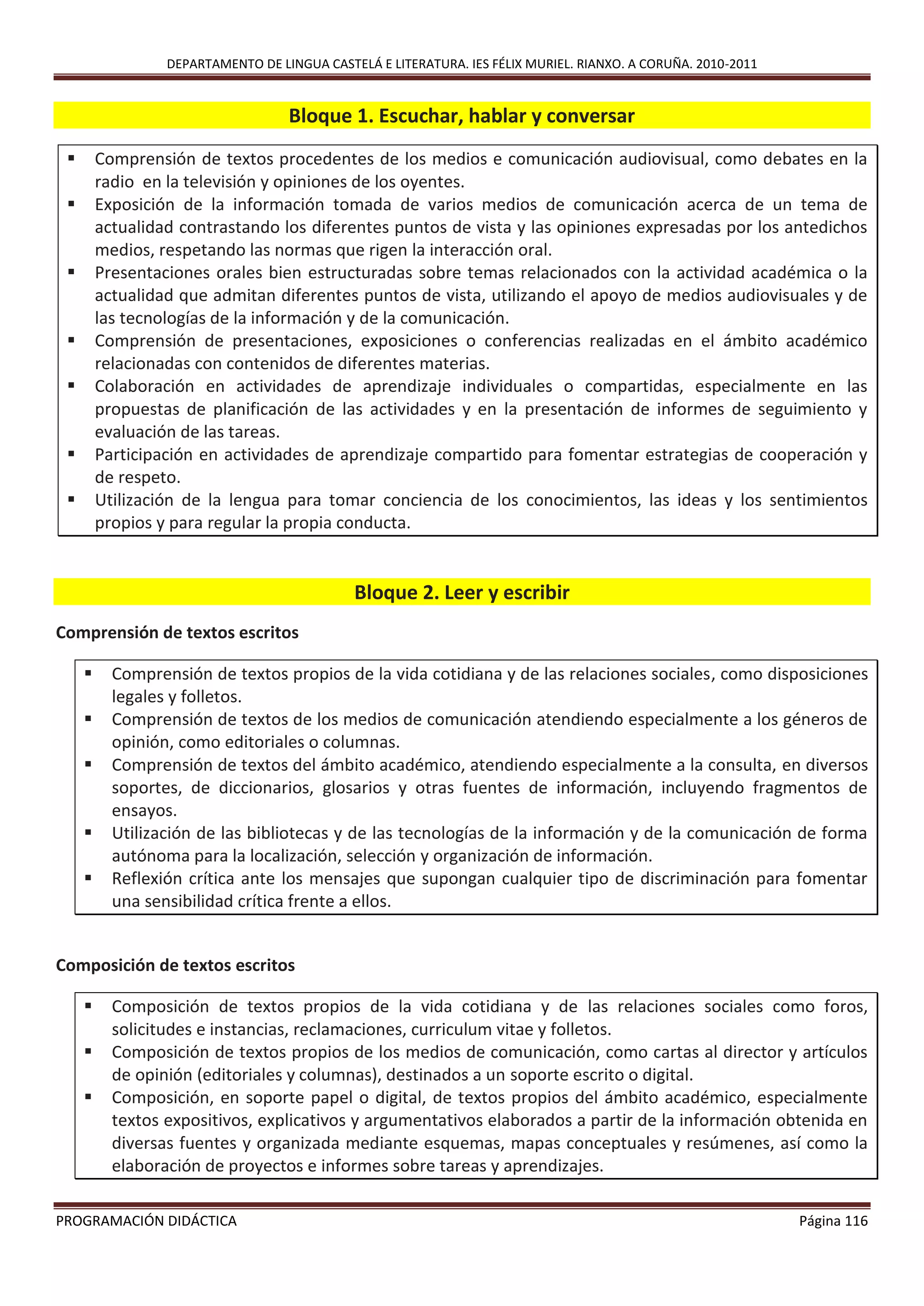 DEPARTAMENTO DE LINGUA CASTELÁ E LITERATURA. IES FÉLIX MURIEL. RIANXO. A CORUÑA. 2010-2011
PROGRAMACIÓN DIDÁCTICA Página 116
Bloque 1. Escuchar, hablar y conversar
 Comprensión de textos procedentes de los medios e comunicación audiovisual, como debates en la
radio en la televisión y opiniones de los oyentes.
 Exposición de la información tomada de varios medios de comunicación acerca de un tema de
actualidad contrastando los diferentes puntos de vista y las opiniones expresadas por los antedichos
medios, respetando las normas que rigen la interacción oral.
 Presentaciones orales bien estructuradas sobre temas relacionados con la actividad académica o la
actualidad que admitan diferentes puntos de vista, utilizando el apoyo de medios audiovisuales y de
las tecnologías de la información y de la comunicación.
 Comprensión de presentaciones, exposiciones o conferencias realizadas en el ámbito académico
relacionadas con contenidos de diferentes materias.
 Colaboración en actividades de aprendizaje individuales o compartidas, especialmente en las
propuestas de planificación de las actividades y en la presentación de informes de seguimiento y
evaluación de las tareas.
 Participación en actividades de aprendizaje compartido para fomentar estrategias de cooperación y
de respeto.
 Utilización de la lengua para tomar conciencia de los conocimientos, las ideas y los sentimientos
propios y para regular la propia conducta.
Bloque 2. Leer y escribir
Comprensión de textos escritos
 Comprensión de textos propios de la vida cotidiana y de las relaciones sociales, como disposiciones
legales y folletos.
 Comprensión de textos de los medios de comunicación atendiendo especialmente a los géneros de
opinión, como editoriales o columnas.
 Comprensión de textos del ámbito académico, atendiendo especialmente a la consulta, en diversos
soportes, de diccionarios, glosarios y otras fuentes de información, incluyendo fragmentos de
ensayos.
 Utilización de las bibliotecas y de las tecnologías de la información y de la comunicación de forma
autónoma para la localización, selección y organización de información.
 Reflexión crítica ante los mensajes que supongan cualquier tipo de discriminación para fomentar
una sensibilidad crítica frente a ellos.
Composición de textos escritos
 Composición de textos propios de la vida cotidiana y de las relaciones sociales como foros,
solicitudes e instancias, reclamaciones, curriculum vitae y folletos.
 Composición de textos propios de los medios de comunicación, como cartas al director y artículos
de opinión (editoriales y columnas), destinados a un soporte escrito o digital.
 Composición, en soporte papel o digital, de textos propios del ámbito académico, especialmente
textos expositivos, explicativos y argumentativos elaborados a partir de la información obtenida en
diversas fuentes y organizada mediante esquemas, mapas conceptuales y resúmenes, así como la
elaboración de proyectos e informes sobre tareas y aprendizajes.
 
