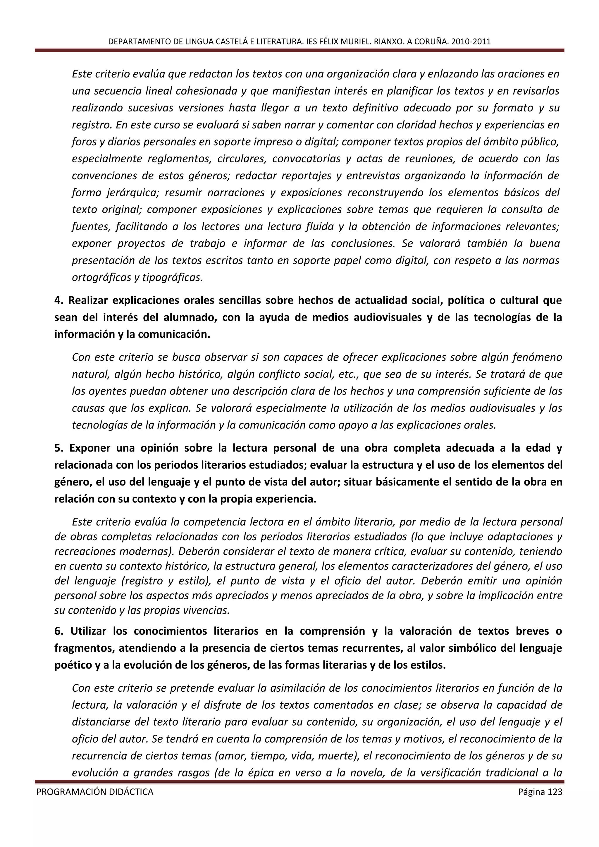 DEPARTAMENTO DE LINGUA CASTELÁ E LITERATURA. IES FÉLIX MURIEL. RIANXO. A CORUÑA. 2010-2011
PROGRAMACIÓN DIDÁCTICA Página 123
Este criterio evalúa que redactan los textos con una organización clara y enlazando las oraciones en
una secuencia lineal cohesionada y que manifiestan interés en planificar los textos y en revisarlos
realizando sucesivas versiones hasta llegar a un texto definitivo adecuado por su formato y su
registro. En este curso se evaluará si saben narrar y comentar con claridad hechos y experiencias en
foros y diarios personales en soporte impreso o digital; componer textos propios del ámbito público,
especialmente reglamentos, circulares, convocatorias y actas de reuniones, de acuerdo con las
convenciones de estos géneros; redactar reportajes y entrevistas organizando la información de
forma jerárquica; resumir narraciones y exposiciones reconstruyendo los elementos básicos del
texto original; componer exposiciones y explicaciones sobre temas que requieren la consulta de
fuentes, facilitando a los lectores una lectura fluida y la obtención de informaciones relevantes;
exponer proyectos de trabajo e informar de las conclusiones. Se valorará también la buena
presentación de los textos escritos tanto en soporte papel como digital, con respeto a las normas
ortográficas y tipográficas.
4. Realizar explicaciones orales sencillas sobre hechos de actualidad social, política o cultural que
sean del interés del alumnado, con la ayuda de medios audiovisuales y de las tecnologías de la
información y la comunicación.
Con este criterio se busca observar si son capaces de ofrecer explicaciones sobre algún fenómeno
natural, algún hecho histórico, algún conflicto social, etc., que sea de su interés. Se tratará de que
los oyentes puedan obtener una descripción clara de los hechos y una comprensión suficiente de las
causas que los explican. Se valorará especialmente la utilización de los medios audiovisuales y las
tecnologías de la información y la comunicación como apoyo a las explicaciones orales.
5. Exponer una opinión sobre la lectura personal de una obra completa adecuada a la edad y
relacionada con los periodos literarios estudiados; evaluar la estructura y el uso de los elementos del
género, el uso del lenguaje y el punto de vista del autor; situar básicamente el sentido de la obra en
relación con su contexto y con la propia experiencia.
Este criterio evalúa la competencia lectora en el ámbito literario, por medio de la lectura personal
de obras completas relacionadas con los periodos literarios estudiados (lo que incluye adaptaciones y
recreaciones modernas). Deberán considerar el texto de manera crítica, evaluar su contenido, teniendo
en cuenta su contexto histórico, la estructura general, los elementos caracterizadores del género, el uso
del lenguaje (registro y estilo), el punto de vista y el oficio del autor. Deberán emitir una opinión
personal sobre los aspectos más apreciados y menos apreciados de la obra, y sobre la implicación entre
su contenido y las propias vivencias.
6. Utilizar los conocimientos literarios en la comprensión y la valoración de textos breves o
fragmentos, atendiendo a la presencia de ciertos temas recurrentes, al valor simbólico del lenguaje
poético y a la evolución de los géneros, de las formas literarias y de los estilos.
Con este criterio se pretende evaluar la asimilación de los conocimientos literarios en función de la
lectura, la valoración y el disfrute de los textos comentados en clase; se observa la capacidad de
distanciarse del texto literario para evaluar su contenido, su organización, el uso del lenguaje y el
oficio del autor. Se tendrá en cuenta la comprensión de los temas y motivos, el reconocimiento de la
recurrencia de ciertos temas (amor, tiempo, vida, muerte), el reconocimiento de los géneros y de su
evolución a grandes rasgos (de la épica en verso a la novela, de la versificación tradicional a la
 