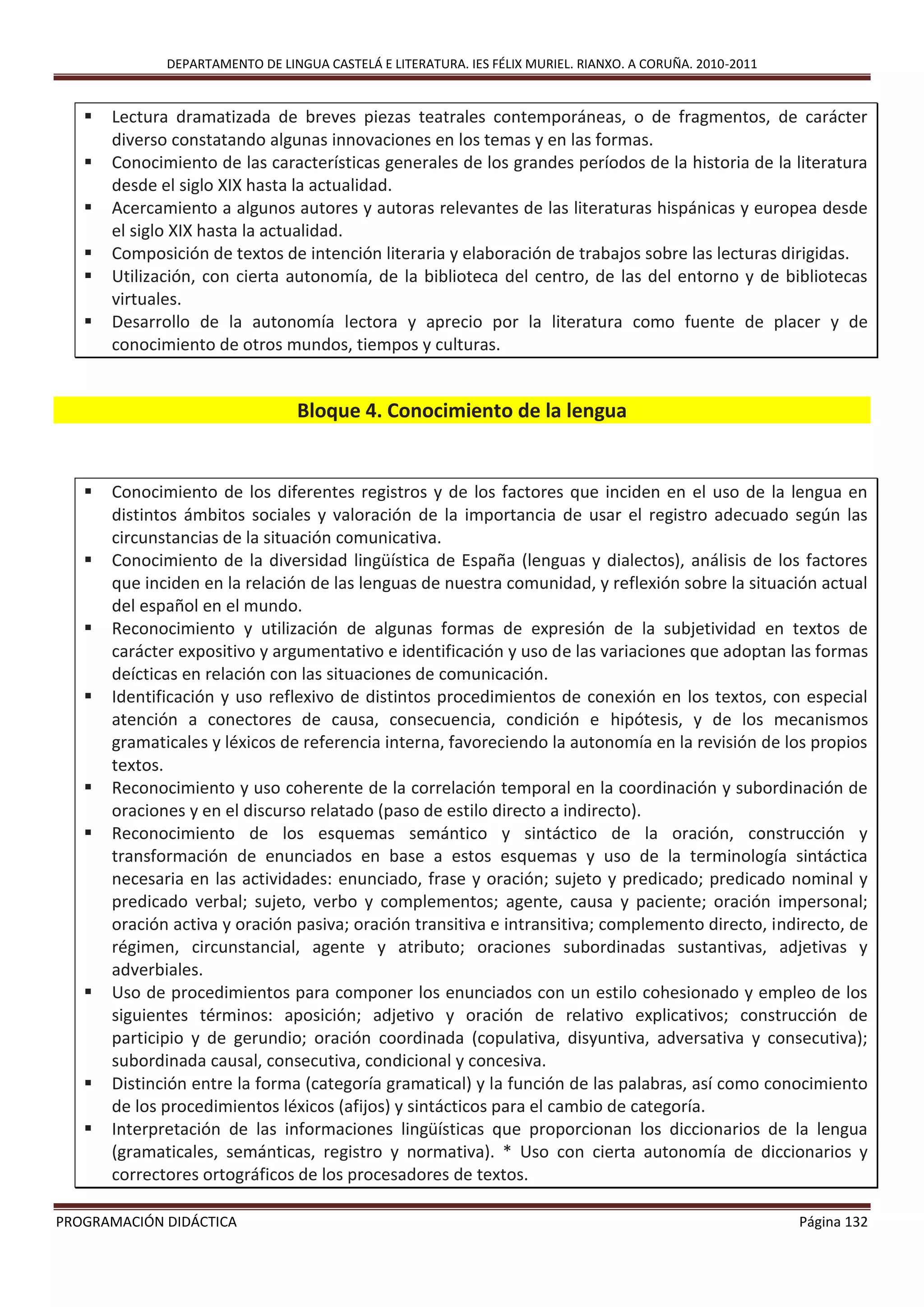 DEPARTAMENTO DE LINGUA CASTELÁ E LITERATURA. IES FÉLIX MURIEL. RIANXO. A CORUÑA. 2010-2011
PROGRAMACIÓN DIDÁCTICA Página 132
 Lectura dramatizada de breves piezas teatrales contemporáneas, o de fragmentos, de carácter
diverso constatando algunas innovaciones en los temas y en las formas.
 Conocimiento de las características generales de los grandes períodos de la historia de la literatura
desde el siglo XIX hasta la actualidad.
 Acercamiento a algunos autores y autoras relevantes de las literaturas hispánicas y europea desde
el siglo XIX hasta la actualidad.
 Composición de textos de intención literaria y elaboración de trabajos sobre las lecturas dirigidas.
 Utilización, con cierta autonomía, de la biblioteca del centro, de las del entorno y de bibliotecas
virtuales.
 Desarrollo de la autonomía lectora y aprecio por la literatura como fuente de placer y de
conocimiento de otros mundos, tiempos y culturas.
Bloque 4. Conocimiento de la lengua
 Conocimiento de los diferentes registros y de los factores que inciden en el uso de la lengua en
distintos ámbitos sociales y valoración de la importancia de usar el registro adecuado según las
circunstancias de la situación comunicativa.
 Conocimiento de la diversidad lingüística de España (lenguas y dialectos), análisis de los factores
que inciden en la relación de las lenguas de nuestra comunidad, y reflexión sobre la situación actual
del español en el mundo.
 Reconocimiento y utilización de algunas formas de expresión de la subjetividad en textos de
carácter expositivo y argumentativo e identificación y uso de las variaciones que adoptan las formas
deícticas en relación con las situaciones de comunicación.
 Identificación y uso reflexivo de distintos procedimientos de conexión en los textos, con especial
atención a conectores de causa, consecuencia, condición e hipótesis, y de los mecanismos
gramaticales y léxicos de referencia interna, favoreciendo la autonomía en la revisión de los propios
textos.
 Reconocimiento y uso coherente de la correlación temporal en la coordinación y subordinación de
oraciones y en el discurso relatado (paso de estilo directo a indirecto).
 Reconocimiento de los esquemas semántico y sintáctico de la oración, construcción y
transformación de enunciados en base a estos esquemas y uso de la terminología sintáctica
necesaria en las actividades: enunciado, frase y oración; sujeto y predicado; predicado nominal y
predicado verbal; sujeto, verbo y complementos; agente, causa y paciente; oración impersonal;
oración activa y oración pasiva; oración transitiva e intransitiva; complemento directo, indirecto, de
régimen, circunstancial, agente y atributo; oraciones subordinadas sustantivas, adjetivas y
adverbiales.
 Uso de procedimientos para componer los enunciados con un estilo cohesionado y empleo de los
siguientes términos: aposición; adjetivo y oración de relativo explicativos; construcción de
participio y de gerundio; oración coordinada (copulativa, disyuntiva, adversativa y consecutiva);
subordinada causal, consecutiva, condicional y concesiva.
 Distinción entre la forma (categoría gramatical) y la función de las palabras, así como conocimiento
de los procedimientos léxicos (afijos) y sintácticos para el cambio de categoría.
 Interpretación de las informaciones lingüísticas que proporcionan los diccionarios de la lengua
(gramaticales, semánticas, registro y normativa). * Uso con cierta autonomía de diccionarios y
correctores ortográficos de los procesadores de textos.
 