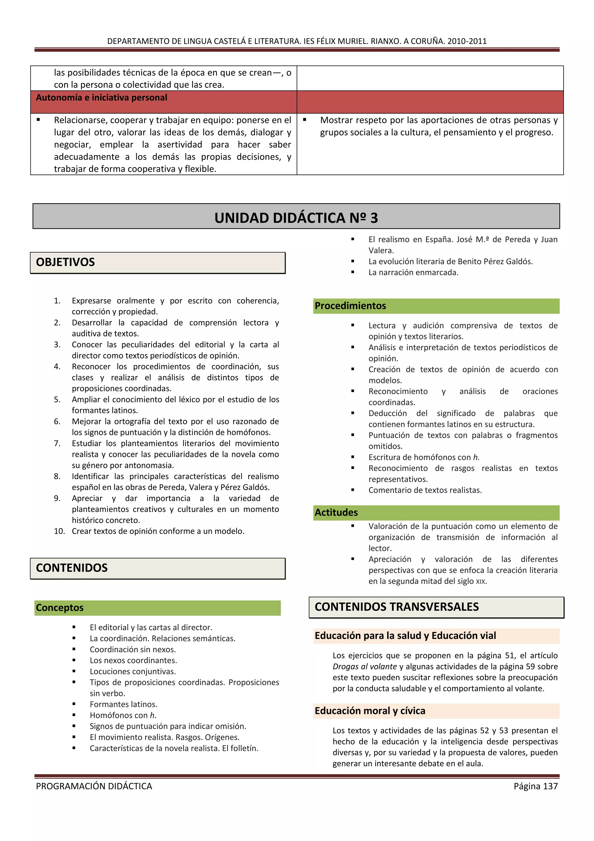 DEPARTAMENTO DE LINGUA CASTELÁ E LITERATURA. IES FÉLIX MURIEL. RIANXO. A CORUÑA. 2010-2011
PROGRAMACIÓN DIDÁCTICA Página 137
OBJETIVOS
1. Expresarse oralmente y por escrito con coherencia,
corrección y propiedad.
2. Desarrollar la capacidad de comprensión lectora y
auditiva de textos.
3. Conocer las peculiaridades del editorial y la carta al
director como textos periodísticos de opinión.
4. Reconocer los procedimientos de coordinación, sus
clases y realizar el análisis de distintos tipos de
proposiciones coordinadas.
5. Ampliar el conocimiento del léxico por el estudio de los
formantes latinos.
6. Mejorar la ortografía del texto por el uso razonado de
los signos de puntuación y la distinción de homófonos.
7. Estudiar los planteamientos literarios del movimiento
realista y conocer las peculiaridades de la novela como
su género por antonomasia.
8. Identificar las principales características del realismo
español en las obras de Pereda, Valera y Pérez Galdós.
9. Apreciar y dar importancia a la variedad de
planteamientos creativos y culturales en un momento
histórico concreto.
10. Crear textos de opinión conforme a un modelo.
CONTENIDOS
Conceptos
 El editorial y las cartas al director.
 La coordinación. Relaciones semánticas.
 Coordinación sin nexos.
 Los nexos coordinantes.
 Locuciones conjuntivas.
 Tipos de proposiciones coordinadas. Proposiciones
sin verbo.
 Formantes latinos.
 Homófonos con h.
 Signos de puntuación para indicar omisión.
 El movimiento realista. Rasgos. Orígenes.
 Características de la novela realista. El folletín.
 El realismo en España. José M.ª de Pereda y Juan
Valera.
 La evolución literaria de Benito Pérez Galdós.
 La narración enmarcada.
Procedimientos
 Lectura y audición comprensiva de textos de
opinión y textos literarios.
 Análisis e interpretación de textos periodísticos de
opinión.
 Creación de textos de opinión de acuerdo con
modelos.
 Reconocimiento y análisis de oraciones
coordinadas.
 Deducción del significado de palabras que
contienen formantes latinos en su estructura.
 Puntuación de textos con palabras o fragmentos
omitidos.
 Escritura de homófonos con h.
 Reconocimiento de rasgos realistas en textos
representativos.
 Comentario de textos realistas.
Actitudes
 Valoración de la puntuación como un elemento de
organización de transmisión de información al
lector.
 Apreciación y valoración de las diferentes
perspectivas con que se enfoca la creación literaria
en la segunda mitad del siglo XIX.
CONTENIDOS TRANSVERSALES
Educación para la salud y Educación vial
Los ejercicios que se proponen en la página 51, el artículo
Drogas al volante y algunas actividades de la página 59 sobre
este texto pueden suscitar reflexiones sobre la preocupación
por la conducta saludable y el comportamiento al volante.
Educación moral y cívica
Los textos y actividades de las páginas 52 y 53 presentan el
hecho de la educación y la inteligencia desde perspectivas
diversas y, por su variedad y la propuesta de valores, pueden
generar un interesante debate en el aula.
las posibilidades técnicas de la época en que se crean—, o
con la persona o colectividad que las crea.
Autonomía e iniciativa personal
 Relacionarse, cooperar y trabajar en equipo: ponerse en el
lugar del otro, valorar las ideas de los demás, dialogar y
negociar, emplear la asertividad para hacer saber
adecuadamente a los demás las propias decisiones, y
trabajar de forma cooperativa y flexible.
 Mostrar respeto por las aportaciones de otras personas y
grupos sociales a la cultura, el pensamiento y el progreso.
UNIDAD DIDÁCTICA Nº 3
 