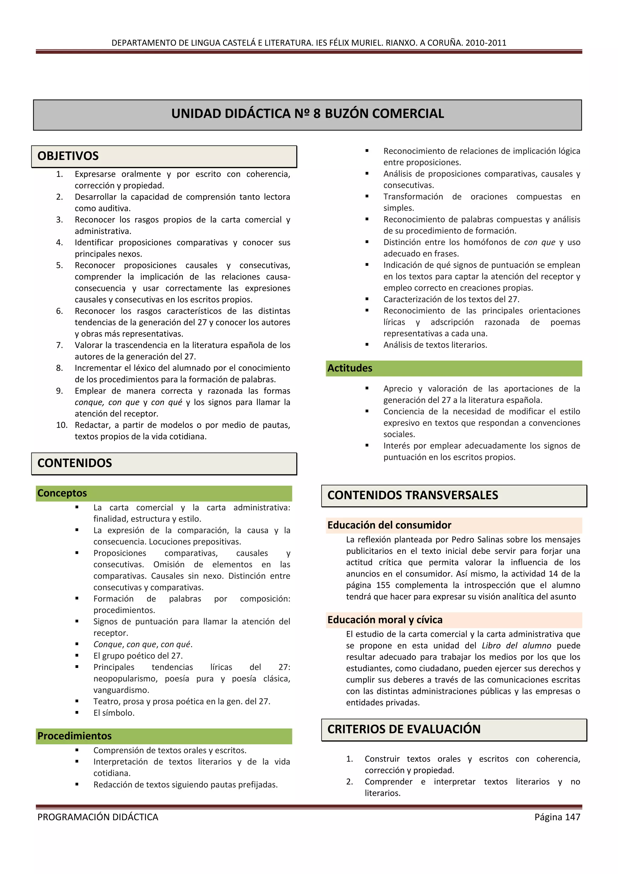 DEPARTAMENTO DE LINGUA CASTELÁ E LITERATURA. IES FÉLIX MURIEL. RIANXO. A CORUÑA. 2010-2011
PROGRAMACIÓN DIDÁCTICA Página 147
OBJETIVOS
1. Expresarse oralmente y por escrito con coherencia,
corrección y propiedad.
2. Desarrollar la capacidad de comprensión tanto lectora
como auditiva.
3. Reconocer los rasgos propios de la carta comercial y
administrativa.
4. Identificar proposiciones comparativas y conocer sus
principales nexos.
5. Reconocer proposiciones causales y consecutivas,
comprender la implicación de las relaciones causa-
consecuencia y usar correctamente las expresiones
causales y consecutivas en los escritos propios.
6. Reconocer los rasgos característicos de las distintas
tendencias de la generación del 27 y conocer los autores
y obras más representativas.
7. Valorar la trascendencia en la literatura española de los
autores de la generación del 27.
8. Incrementar el léxico del alumnado por el conocimiento
de los procedimientos para la formación de palabras.
9. Emplear de manera correcta y razonada las formas
conque, con que y con qué y los signos para llamar la
atención del receptor.
10. Redactar, a partir de modelos o por medio de pautas,
textos propios de la vida cotidiana.
CONTENIDOS
Conceptos
 La carta comercial y la carta administrativa:
finalidad, estructura y estilo.
 La expresión de la comparación, la causa y la
consecuencia. Locuciones prepositivas.
 Proposiciones comparativas, causales y
consecutivas. Omisión de elementos en las
comparativas. Causales sin nexo. Distinción entre
consecutivas y comparativas.
 Formación de palabras por composición:
procedimientos.
 Signos de puntuación para llamar la atención del
receptor.
 Conque, con que, con qué.
 El grupo poético del 27.
 Principales tendencias líricas del 27:
neopopularismo, poesía pura y poesía clásica,
vanguardismo.
 Teatro, prosa y prosa poética en la gen. del 27.
 El símbolo.
Procedimientos
 Comprensión de textos orales y escritos.
 Interpretación de textos literarios y de la vida
cotidiana.
 Redacción de textos siguiendo pautas prefijadas.
 Reconocimiento de relaciones de implicación lógica
entre proposiciones.
 Análisis de proposiciones comparativas, causales y
consecutivas.
 Transformación de oraciones compuestas en
simples.
 Reconocimiento de palabras compuestas y análisis
de su procedimiento de formación.
 Distinción entre los homófonos de con que y uso
adecuado en frases.
 Indicación de qué signos de puntuación se emplean
en los textos para captar la atención del receptor y
empleo correcto en creaciones propias.
 Caracterización de los textos del 27.
 Reconocimiento de las principales orientaciones
líricas y adscripción razonada de poemas
representativas a cada una.
 Análisis de textos literarios.
Actitudes
 Aprecio y valoración de las aportaciones de la
generación del 27 a la literatura española.
 Conciencia de la necesidad de modificar el estilo
expresivo en textos que respondan a convenciones
sociales.
 Interés por emplear adecuadamente los signos de
puntuación en los escritos propios.
CONTENIDOS TRANSVERSALES
Educación del consumidor
La reflexión planteada por Pedro Salinas sobre los mensajes
publicitarios en el texto inicial debe servir para forjar una
actitud crítica que permita valorar la influencia de los
anuncios en el consumidor. Así mismo, la actividad 14 de la
página 155 complementa la introspección que el alumno
tendrá que hacer para expresar su visión analítica del asunto
Educación moral y cívica
El estudio de la carta comercial y la carta administrativa que
se propone en esta unidad del Libro del alumno puede
resultar adecuado para trabajar los medios por los que los
estudiantes, como ciudadano, pueden ejercer sus derechos y
cumplir sus deberes a través de las comunicaciones escritas
con las distintas administraciones públicas y las empresas o
entidades privadas.
CRITERIOS DE EVALUACIÓN
1. Construir textos orales y escritos con coherencia,
corrección y propiedad.
2. Comprender e interpretar textos literarios y no
literarios.
UNIDAD DIDÁCTICA Nº 8 BUZÓN COMERCIAL
PRIMERAS IMPRESIONES
 