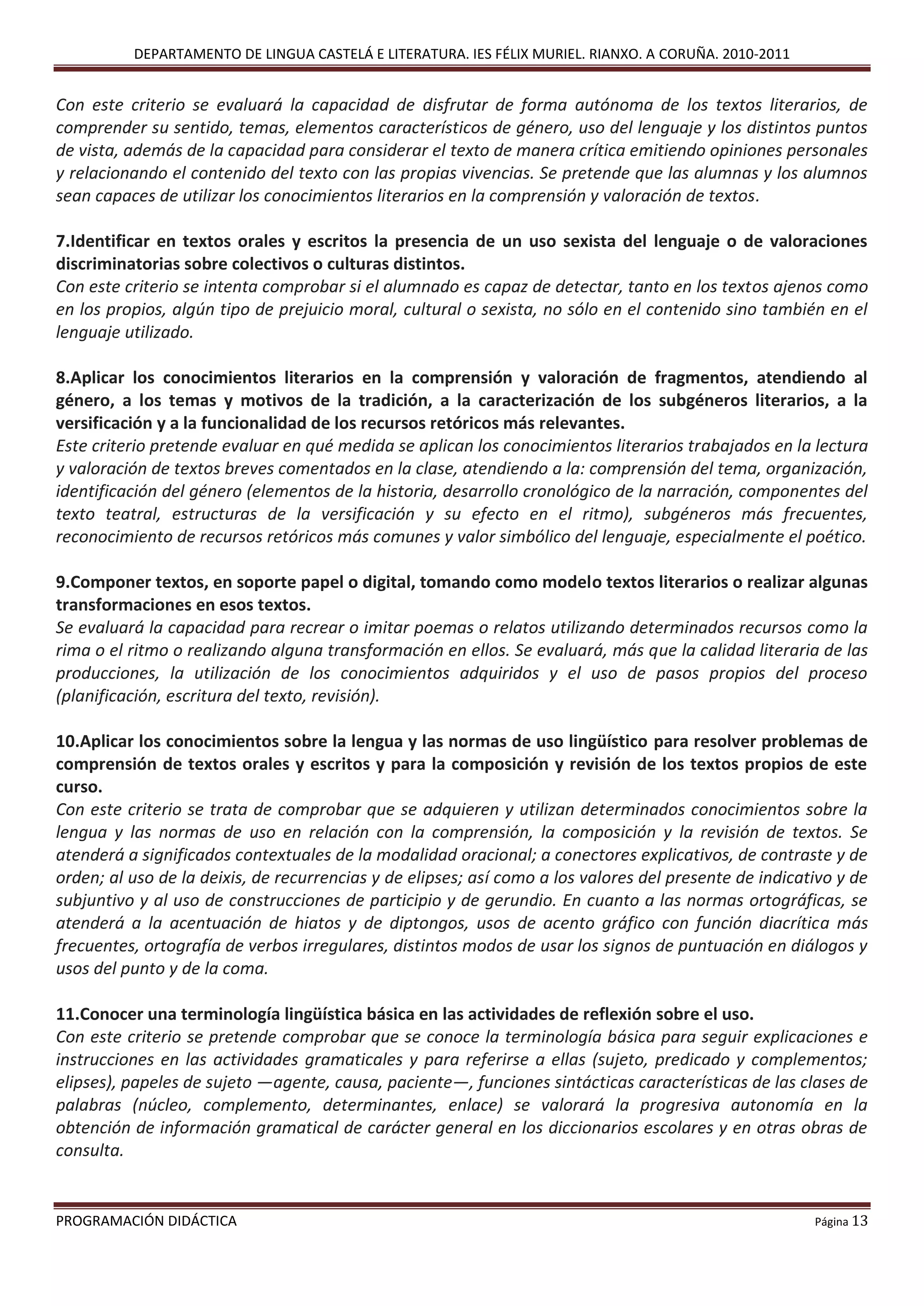 DEPARTAMENTO DE LINGUA CASTELÁ E LITERATURA. IES FÉLIX MURIEL. RIANXO. A CORUÑA. 2010-2011
PROGRAMACIÓN DIDÁCTICA Página 13
Con este criterio se evaluará la capacidad de disfrutar de forma autónoma de los textos literarios, de
comprender su sentido, temas, elementos característicos de género, uso del lenguaje y los distintos puntos
de vista, además de la capacidad para considerar el texto de manera crítica emitiendo opiniones personales
y relacionando el contenido del texto con las propias vivencias. Se pretende que las alumnas y los alumnos
sean capaces de utilizar los conocimientos literarios en la comprensión y valoración de textos.
7.Identificar en textos orales y escritos la presencia de un uso sexista del lenguaje o de valoraciones
discriminatorias sobre colectivos o culturas distintos.
Con este criterio se intenta comprobar si el alumnado es capaz de detectar, tanto en los textos ajenos como
en los propios, algún tipo de prejuicio moral, cultural o sexista, no sólo en el contenido sino también en el
lenguaje utilizado.
8.Aplicar los conocimientos literarios en la comprensión y valoración de fragmentos, atendiendo al
género, a los temas y motivos de la tradición, a la caracterización de los subgéneros literarios, a la
versificación y a la funcionalidad de los recursos retóricos más relevantes.
Este criterio pretende evaluar en qué medida se aplican los conocimientos literarios trabajados en la lectura
y valoración de textos breves comentados en la clase, atendiendo a la: comprensión del tema, organización,
identificación del género (elementos de la historia, desarrollo cronológico de la narración, componentes del
texto teatral, estructuras de la versificación y su efecto en el ritmo), subgéneros más frecuentes,
reconocimiento de recursos retóricos más comunes y valor simbólico del lenguaje, especialmente el poético.
9.Componer textos, en soporte papel o digital, tomando como modelo textos literarios o realizar algunas
transformaciones en esos textos.
Se evaluará la capacidad para recrear o imitar poemas o relatos utilizando determinados recursos como la
rima o el ritmo o realizando alguna transformación en ellos. Se evaluará, más que la calidad literaria de las
producciones, la utilización de los conocimientos adquiridos y el uso de pasos propios del proceso
(planificación, escritura del texto, revisión).
10.Aplicar los conocimientos sobre la lengua y las normas de uso lingüístico para resolver problemas de
comprensión de textos orales y escritos y para la composición y revisión de los textos propios de este
curso.
Con este criterio se trata de comprobar que se adquieren y utilizan determinados conocimientos sobre la
lengua y las normas de uso en relación con la comprensión, la composición y la revisión de textos. Se
atenderá a significados contextuales de la modalidad oracional; a conectores explicativos, de contraste y de
orden; al uso de la deixis, de recurrencias y de elipses; así como a los valores del presente de indicativo y de
subjuntivo y al uso de construcciones de participio y de gerundio. En cuanto a las normas ortográficas, se
atenderá a la acentuación de hiatos y de diptongos, usos de acento gráfico con función diacrítica más
frecuentes, ortografía de verbos irregulares, distintos modos de usar los signos de puntuación en diálogos y
usos del punto y de la coma.
11.Conocer una terminología lingüística básica en las actividades de reflexión sobre el uso.
Con este criterio se pretende comprobar que se conoce la terminología básica para seguir explicaciones e
instrucciones en las actividades gramaticales y para referirse a ellas (sujeto, predicado y complementos;
elipses), papeles de sujeto —agente, causa, paciente—, funciones sintácticas características de las clases de
palabras (núcleo, complemento, determinantes, enlace) se valorará la progresiva autonomía en la
obtención de información gramatical de carácter general en los diccionarios escolares y en otras obras de
consulta.
 