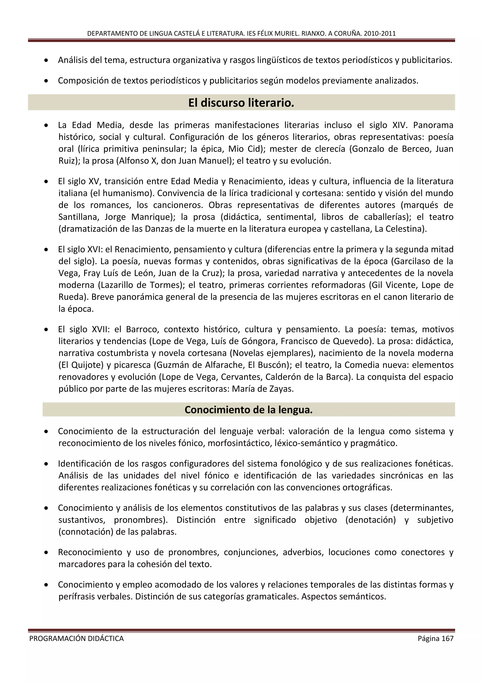 DEPARTAMENTO DE LINGUA CASTELÁ E LITERATURA. IES FÉLIX MURIEL. RIANXO. A CORUÑA. 2010-2011
PROGRAMACIÓN DIDÁCTICA Página 167
 Análisis del tema, estructura organizativa y rasgos lingüísticos de textos periodísticos y publicitarios.
 Composición de textos periodísticos y publicitarios según modelos previamente analizados.
El discurso literario.
 La Edad Media, desde las primeras manifestaciones literarias incluso el siglo XIV. Panorama
histórico, social y cultural. Configuración de los géneros literarios, obras representativas: poesía
oral (lírica primitiva peninsular; la épica, Mio Cid); mester de clerecía (Gonzalo de Berceo, Juan
Ruiz); la prosa (Alfonso X, don Juan Manuel); el teatro y su evolución.
 El siglo XV, transición entre Edad Media y Renacimiento, ideas y cultura, influencia de la literatura
italiana (el humanismo). Convivencia de la lírica tradicional y cortesana: sentido y visión del mundo
de los romances, los cancioneros. Obras representativas de diferentes autores (marqués de
Santillana, Jorge Manrique); la prosa (didáctica, sentimental, libros de caballerías); el teatro
(dramatización de las Danzas de la muerte en la literatura europea y castellana, La Celestina).
 El siglo XVI: el Renacimiento, pensamiento y cultura (diferencias entre la primera y la segunda mitad
del siglo). La poesía, nuevas formas y contenidos, obras significativas de la época (Garcilaso de la
Vega, Fray Luís de León, Juan de la Cruz); la prosa, variedad narrativa y antecedentes de la novela
moderna (Lazarillo de Tormes); el teatro, primeras corrientes reformadoras (Gil Vicente, Lope de
Rueda). Breve panorámica general de la presencia de las mujeres escritoras en el canon literario de
la época.
 El siglo XVII: el Barroco, contexto histórico, cultura y pensamiento. La poesía: temas, motivos
literarios y tendencias (Lope de Vega, Luís de Góngora, Francisco de Quevedo). La prosa: didáctica,
narrativa costumbrista y novela cortesana (Novelas ejemplares), nacimiento de la novela moderna
(El Quijote) y picaresca (Guzmán de Alfarache, El Buscón); el teatro, la Comedia nueva: elementos
renovadores y evolución (Lope de Vega, Cervantes, Calderón de la Barca). La conquista del espacio
público por parte de las mujeres escritoras: María de Zayas.
Conocimiento de la lengua.
 Conocimiento de la estructuración del lenguaje verbal: valoración de la lengua como sistema y
reconocimiento de los niveles fónico, morfosintáctico, léxico-semántico y pragmático.
 Identificación de los rasgos configuradores del sistema fonológico y de sus realizaciones fonéticas.
Análisis de las unidades del nivel fónico e identificación de las variedades sincrónicas en las
diferentes realizaciones fonéticas y su correlación con las convenciones ortográficas.
 Conocimiento y análisis de los elementos constitutivos de las palabras y sus clases (determinantes,
sustantivos, pronombres). Distinción entre significado objetivo (denotación) y subjetivo
(connotación) de las palabras.
 Reconocimiento y uso de pronombres, conjunciones, adverbios, locuciones como conectores y
marcadores para la cohesión del texto.
 Conocimiento y empleo acomodado de los valores y relaciones temporales de las distintas formas y
perífrasis verbales. Distinción de sus categorías gramaticales. Aspectos semánticos.
 