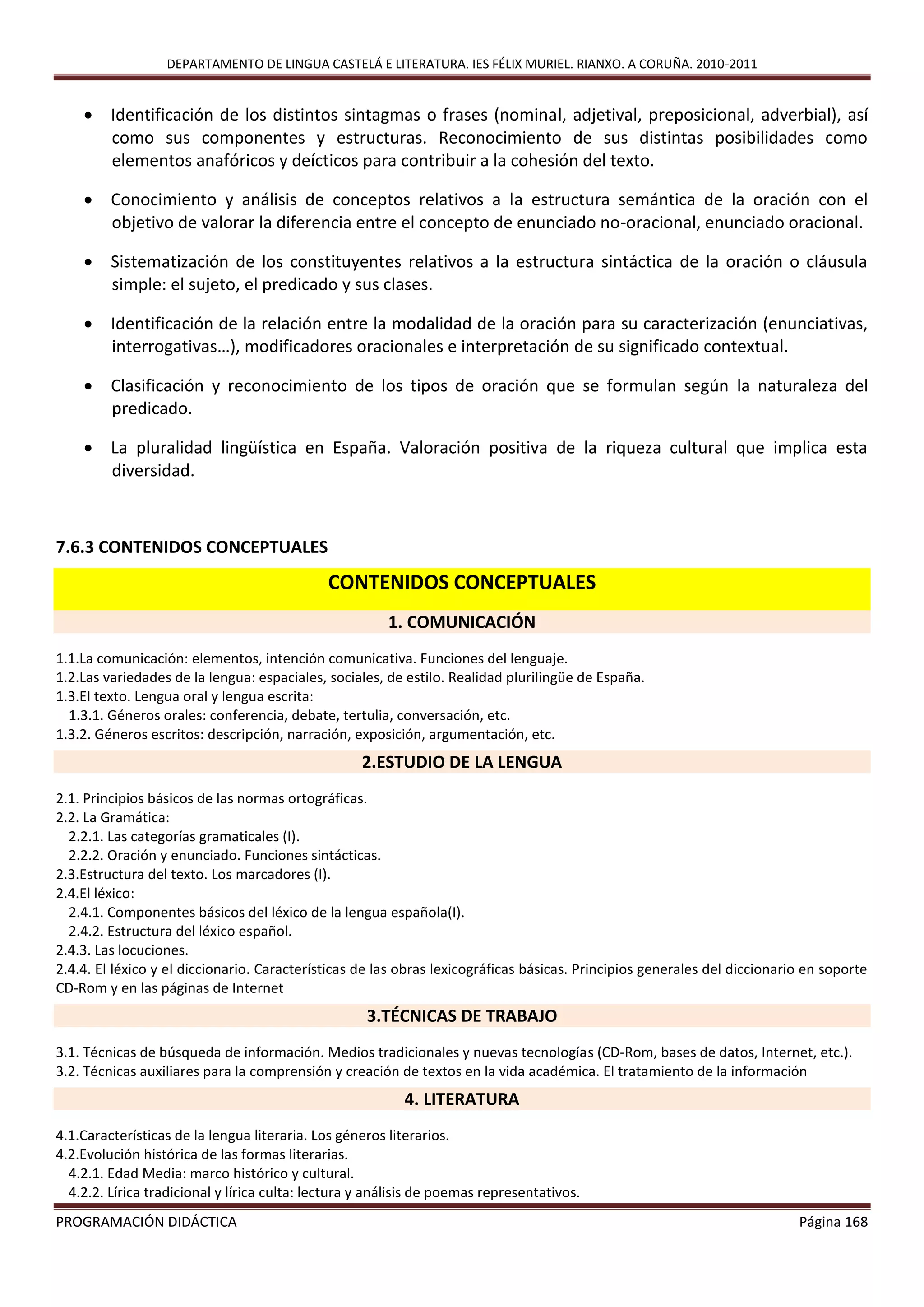 DEPARTAMENTO DE LINGUA CASTELÁ E LITERATURA. IES FÉLIX MURIEL. RIANXO. A CORUÑA. 2010-2011
PROGRAMACIÓN DIDÁCTICA Página 168
 Identificación de los distintos sintagmas o frases (nominal, adjetival, preposicional, adverbial), así
como sus componentes y estructuras. Reconocimiento de sus distintas posibilidades como
elementos anafóricos y deícticos para contribuir a la cohesión del texto.
 Conocimiento y análisis de conceptos relativos a la estructura semántica de la oración con el
objetivo de valorar la diferencia entre el concepto de enunciado no-oracional, enunciado oracional.
 Sistematización de los constituyentes relativos a la estructura sintáctica de la oración o cláusula
simple: el sujeto, el predicado y sus clases.
 Identificación de la relación entre la modalidad de la oración para su caracterización (enunciativas,
interrogativas…), modificadores oracionales e interpretación de su significado contextual.
 Clasificación y reconocimiento de los tipos de oración que se formulan según la naturaleza del
predicado.
 La pluralidad lingüística en España. Valoración positiva de la riqueza cultural que implica esta
diversidad.
7.6.3 CONTENIDOS CONCEPTUALES
CONTENIDOS CONCEPTUALES
1. COMUNICACIÓN
1.1.La comunicación: elementos, intención comunicativa. Funciones del lenguaje.
1.2.Las variedades de la lengua: espaciales, sociales, de estilo. Realidad plurilingüe de España.
1.3.El texto. Lengua oral y lengua escrita:
1.3.1. Géneros orales: conferencia, debate, tertulia, conversación, etc.
1.3.2. Géneros escritos: descripción, narración, exposición, argumentación, etc.
2.ESTUDIO DE LA LENGUA
2.1. Principios básicos de las normas ortográficas.
2.2. La Gramática:
2.2.1. Las categorías gramaticales (I).
2.2.2. Oración y enunciado. Funciones sintácticas.
2.3.Estructura del texto. Los marcadores (I).
2.4.El léxico:
2.4.1. Componentes básicos del léxico de la lengua española(I).
2.4.2. Estructura del léxico español.
2.4.3. Las locuciones.
2.4.4. El léxico y el diccionario. Características de las obras lexicográficas básicas. Principios generales del diccionario en soporte
CD-Rom y en las páginas de Internet
3.TÉCNICAS DE TRABAJO
3.1. Técnicas de búsqueda de información. Medios tradicionales y nuevas tecnologías (CD-Rom, bases de datos, Internet, etc.).
3.2. Técnicas auxiliares para la comprensión y creación de textos en la vida académica. El tratamiento de la información
4. LITERATURA
4.1.Características de la lengua literaria. Los géneros literarios.
4.2.Evolución histórica de las formas literarias.
4.2.1. Edad Media: marco histórico y cultural.
4.2.2. Lírica tradicional y lírica culta: lectura y análisis de poemas representativos.
 