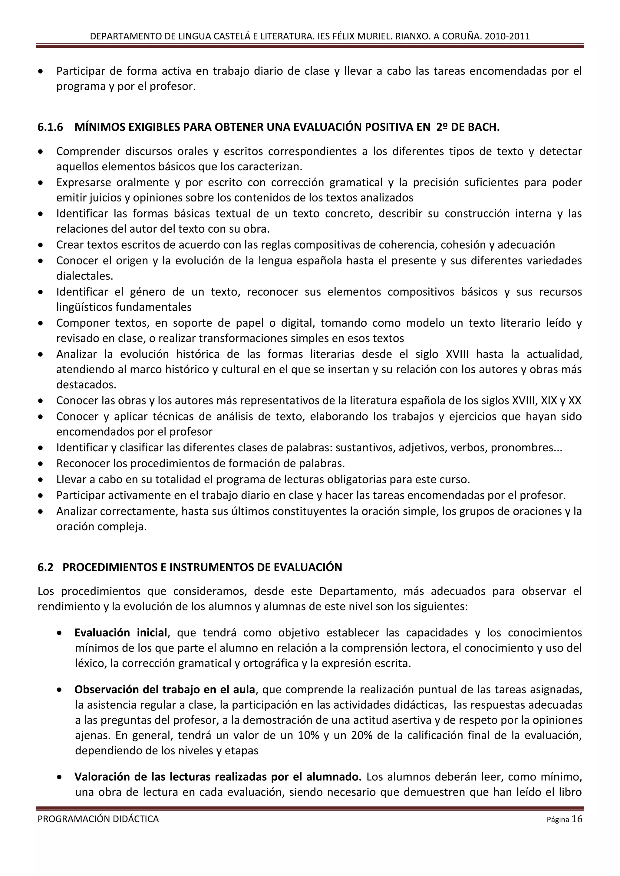 DEPARTAMENTO DE LINGUA CASTELÁ E LITERATURA. IES FÉLIX MURIEL. RIANXO. A CORUÑA. 2010-2011
PROGRAMACIÓN DIDÁCTICA Página 16
 Participar de forma activa en trabajo diario de clase y llevar a cabo las tareas encomendadas por el
programa y por el profesor.
6.1.6 MÍNIMOS EXIGIBLES PARA OBTENER UNA EVALUACIÓN POSITIVA EN 2º DE BACH.
 Comprender discursos orales y escritos correspondientes a los diferentes tipos de texto y detectar
aquellos elementos básicos que los caracterizan.
 Expresarse oralmente y por escrito con corrección gramatical y la precisión suficientes para poder
emitir juicios y opiniones sobre los contenidos de los textos analizados
 Identificar las formas básicas textual de un texto concreto, describir su construcción interna y las
relaciones del autor del texto con su obra.
 Crear textos escritos de acuerdo con las reglas compositivas de coherencia, cohesión y adecuación
 Conocer el origen y la evolución de la lengua española hasta el presente y sus diferentes variedades
dialectales.
 Identificar el género de un texto, reconocer sus elementos compositivos básicos y sus recursos
lingüísticos fundamentales
 Componer textos, en soporte de papel o digital, tomando como modelo un texto literario leído y
revisado en clase, o realizar transformaciones simples en esos textos
 Analizar la evolución histórica de las formas literarias desde el siglo XVIII hasta la actualidad,
atendiendo al marco histórico y cultural en el que se insertan y su relación con los autores y obras más
destacados.
 Conocer las obras y los autores más representativos de la literatura española de los siglos XVIII, XIX y XX
 Conocer y aplicar técnicas de análisis de texto, elaborando los trabajos y ejercicios que hayan sido
encomendados por el profesor
 Identificar y clasificar las diferentes clases de palabras: sustantivos, adjetivos, verbos, pronombres...
 Reconocer los procedimientos de formación de palabras.
 Llevar a cabo en su totalidad el programa de lecturas obligatorias para este curso.
 Participar activamente en el trabajo diario en clase y hacer las tareas encomendadas por el profesor.
 Analizar correctamente, hasta sus últimos constituyentes la oración simple, los grupos de oraciones y la
oración compleja.
6.2 PROCEDIMIENTOS E INSTRUMENTOS DE EVALUACIÓN
Los procedimientos que consideramos, desde este Departamento, más adecuados para observar el
rendimiento y la evolución de los alumnos y alumnas de este nivel son los siguientes:
 Evaluación inicial, que tendrá como objetivo establecer las capacidades y los conocimientos
mínimos de los que parte el alumno en relación a la comprensión lectora, el conocimiento y uso del
léxico, la corrección gramatical y ortográfica y la expresión escrita.
 Observación del trabajo en el aula, que comprende la realización puntual de las tareas asignadas,
la asistencia regular a clase, la participación en las actividades didácticas, las respuestas adecuadas
a las preguntas del profesor, a la demostración de una actitud asertiva y de respeto por la opiniones
ajenas. En general, tendrá un valor de un 10% y un 20% de la calificación final de la evaluación,
dependiendo de los niveles y etapas
 Valoración de las lecturas realizadas por el alumnado. Los alumnos deberán leer, como mínimo,
una obra de lectura en cada evaluación, siendo necesario que demuestren que han leído el libro
 