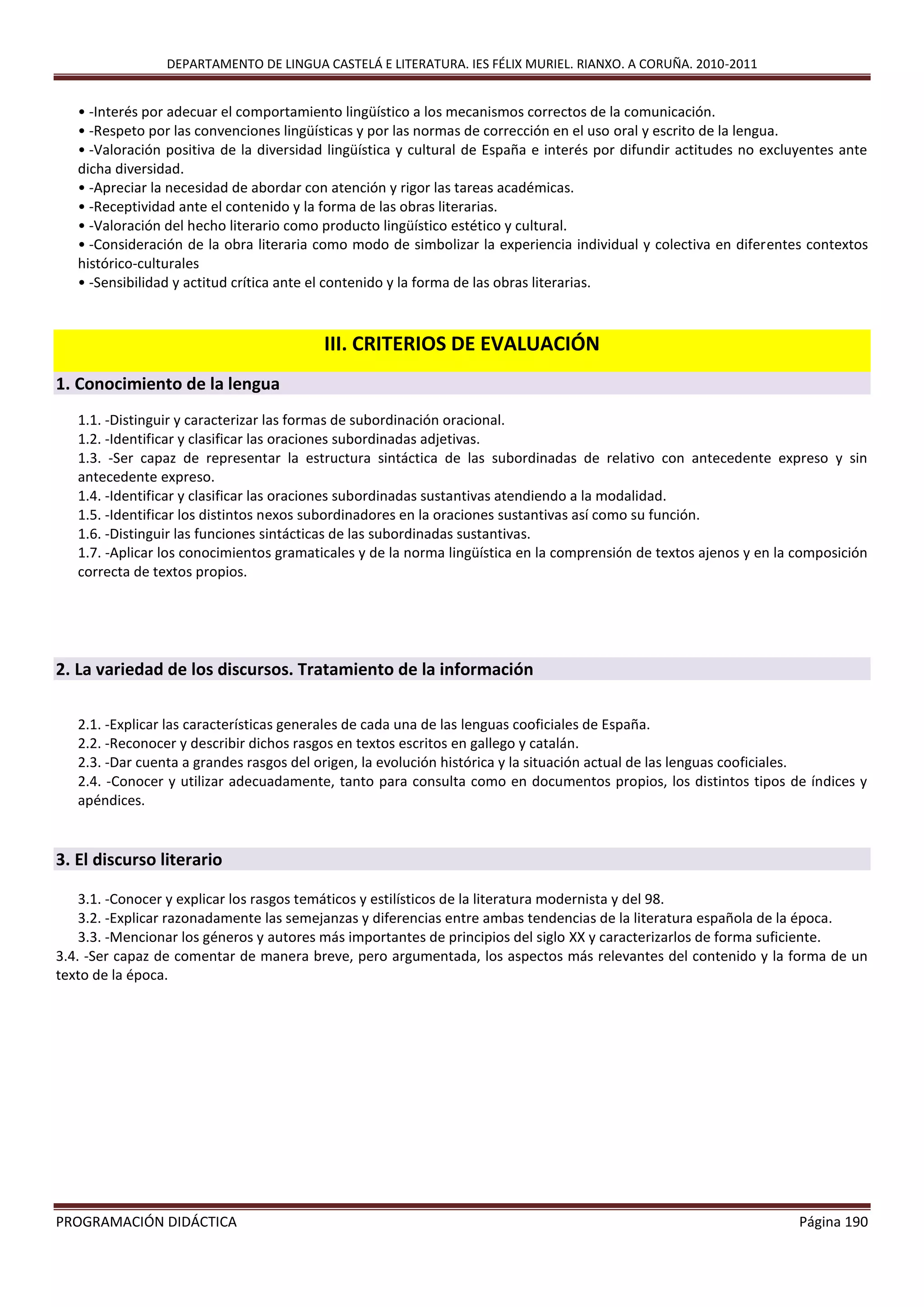 DEPARTAMENTO DE LINGUA CASTELÁ E LITERATURA. IES FÉLIX MURIEL. RIANXO. A CORUÑA. 2010-2011
PROGRAMACIÓN DIDÁCTICA Página 190
• -Interés por adecuar el comportamiento lingüístico a los mecanismos correctos de la comunicación.
• -Respeto por las convenciones lingüísticas y por las normas de corrección en el uso oral y escrito de la lengua.
• -Valoración positiva de la diversidad lingüística y cultural de España e interés por difundir actitudes no excluyentes ante
dicha diversidad.
• -Apreciar la necesidad de abordar con atención y rigor las tareas académicas.
• -Receptividad ante el contenido y la forma de las obras literarias.
• -Valoración del hecho literario como producto lingüístico estético y cultural.
• -Consideración de la obra literaria como modo de simbolizar la experiencia individual y colectiva en diferentes contextos
histórico-culturales
• -Sensibilidad y actitud crítica ante el contenido y la forma de las obras literarias.
III. CRITERIOS DE EVALUACIÓN
1. Conocimiento de la lengua
1.1. -Distinguir y caracterizar las formas de subordinación oracional.
1.2. -Identificar y clasificar las oraciones subordinadas adjetivas.
1.3. -Ser capaz de representar la estructura sintáctica de las subordinadas de relativo con antecedente expreso y sin
antecedente expreso.
1.4. -Identificar y clasificar las oraciones subordinadas sustantivas atendiendo a la modalidad.
1.5. -Identificar los distintos nexos subordinadores en la oraciones sustantivas así como su función.
1.6. -Distinguir las funciones sintácticas de las subordinadas sustantivas.
1.7. -Aplicar los conocimientos gramaticales y de la norma lingüística en la comprensión de textos ajenos y en la composición
correcta de textos propios.
2. La variedad de los discursos. Tratamiento de la información
2.1. -Explicar las características generales de cada una de las lenguas cooficiales de España.
2.2. -Reconocer y describir dichos rasgos en textos escritos en gallego y catalán.
2.3. -Dar cuenta a grandes rasgos del origen, la evolución histórica y la situación actual de las lenguas cooficiales.
2.4. -Conocer y utilizar adecuadamente, tanto para consulta como en documentos propios, los distintos tipos de índices y
apéndices.
3. El discurso literario
3.1. -Conocer y explicar los rasgos temáticos y estilísticos de la literatura modernista y del 98.
3.2. -Explicar razonadamente las semejanzas y diferencias entre ambas tendencias de la literatura española de la época.
3.3. -Mencionar los géneros y autores más importantes de principios del siglo XX y caracterizarlos de forma suficiente.
3.4. -Ser capaz de comentar de manera breve, pero argumentada, los aspectos más relevantes del contenido y la forma de un
texto de la época.
 