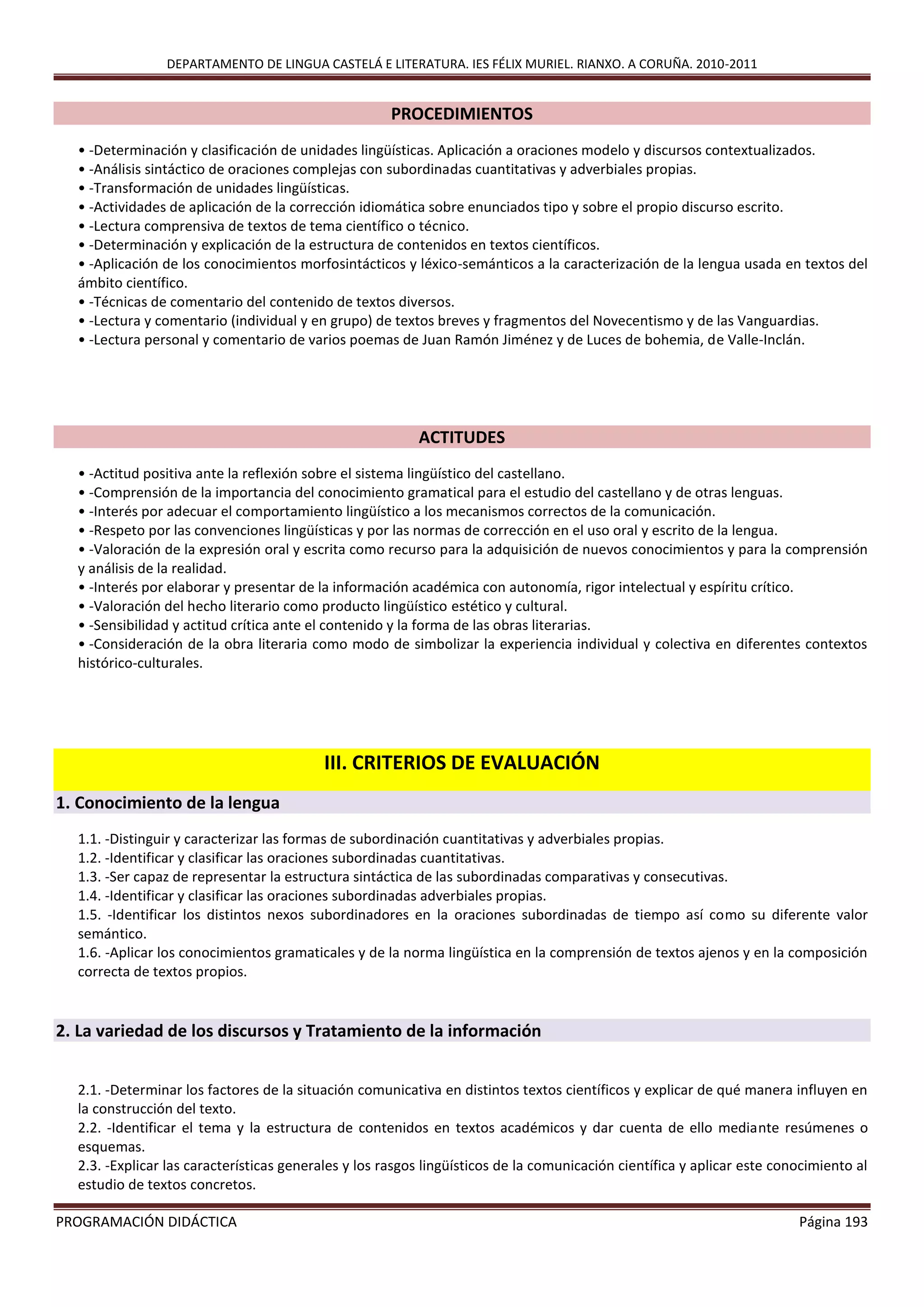DEPARTAMENTO DE LINGUA CASTELÁ E LITERATURA. IES FÉLIX MURIEL. RIANXO. A CORUÑA. 2010-2011
PROGRAMACIÓN DIDÁCTICA Página 193
PROCEDIMIENTOS
• -Determinación y clasificación de unidades lingüísticas. Aplicación a oraciones modelo y discursos contextualizados.
• -Análisis sintáctico de oraciones complejas con subordinadas cuantitativas y adverbiales propias.
• -Transformación de unidades lingüísticas.
• -Actividades de aplicación de la corrección idiomática sobre enunciados tipo y sobre el propio discurso escrito.
• -Lectura comprensiva de textos de tema científico o técnico.
• -Determinación y explicación de la estructura de contenidos en textos científicos.
• -Aplicación de los conocimientos morfosintácticos y léxico-semánticos a la caracterización de la lengua usada en textos del
ámbito científico.
• -Técnicas de comentario del contenido de textos diversos.
• -Lectura y comentario (individual y en grupo) de textos breves y fragmentos del Novecentismo y de las Vanguardias.
• -Lectura personal y comentario de varios poemas de Juan Ramón Jiménez y de Luces de bohemia, de Valle-Inclán.
ACTITUDES
• -Actitud positiva ante la reflexión sobre el sistema lingüístico del castellano.
• -Comprensión de la importancia del conocimiento gramatical para el estudio del castellano y de otras lenguas.
• -Interés por adecuar el comportamiento lingüístico a los mecanismos correctos de la comunicación.
• -Respeto por las convenciones lingüísticas y por las normas de corrección en el uso oral y escrito de la lengua.
• -Valoración de la expresión oral y escrita como recurso para la adquisición de nuevos conocimientos y para la comprensión
y análisis de la realidad.
• -Interés por elaborar y presentar de la información académica con autonomía, rigor intelectual y espíritu crítico.
• -Valoración del hecho literario como producto lingüístico estético y cultural.
• -Sensibilidad y actitud crítica ante el contenido y la forma de las obras literarias.
• -Consideración de la obra literaria como modo de simbolizar la experiencia individual y colectiva en diferentes contextos
histórico-culturales.
III. CRITERIOS DE EVALUACIÓN
1. Conocimiento de la lengua
1.1. -Distinguir y caracterizar las formas de subordinación cuantitativas y adverbiales propias.
1.2. -Identificar y clasificar las oraciones subordinadas cuantitativas.
1.3. -Ser capaz de representar la estructura sintáctica de las subordinadas comparativas y consecutivas.
1.4. -Identificar y clasificar las oraciones subordinadas adverbiales propias.
1.5. -Identificar los distintos nexos subordinadores en la oraciones subordinadas de tiempo así como su diferente valor
semántico.
1.6. -Aplicar los conocimientos gramaticales y de la norma lingüística en la comprensión de textos ajenos y en la composición
correcta de textos propios.
2. La variedad de los discursos y Tratamiento de la información
2.1. -Determinar los factores de la situación comunicativa en distintos textos científicos y explicar de qué manera influyen en
la construcción del texto.
2.2. -Identificar el tema y la estructura de contenidos en textos académicos y dar cuenta de ello mediante resúmenes o
esquemas.
2.3. -Explicar las características generales y los rasgos lingüísticos de la comunicación científica y aplicar este conocimiento al
estudio de textos concretos.
 