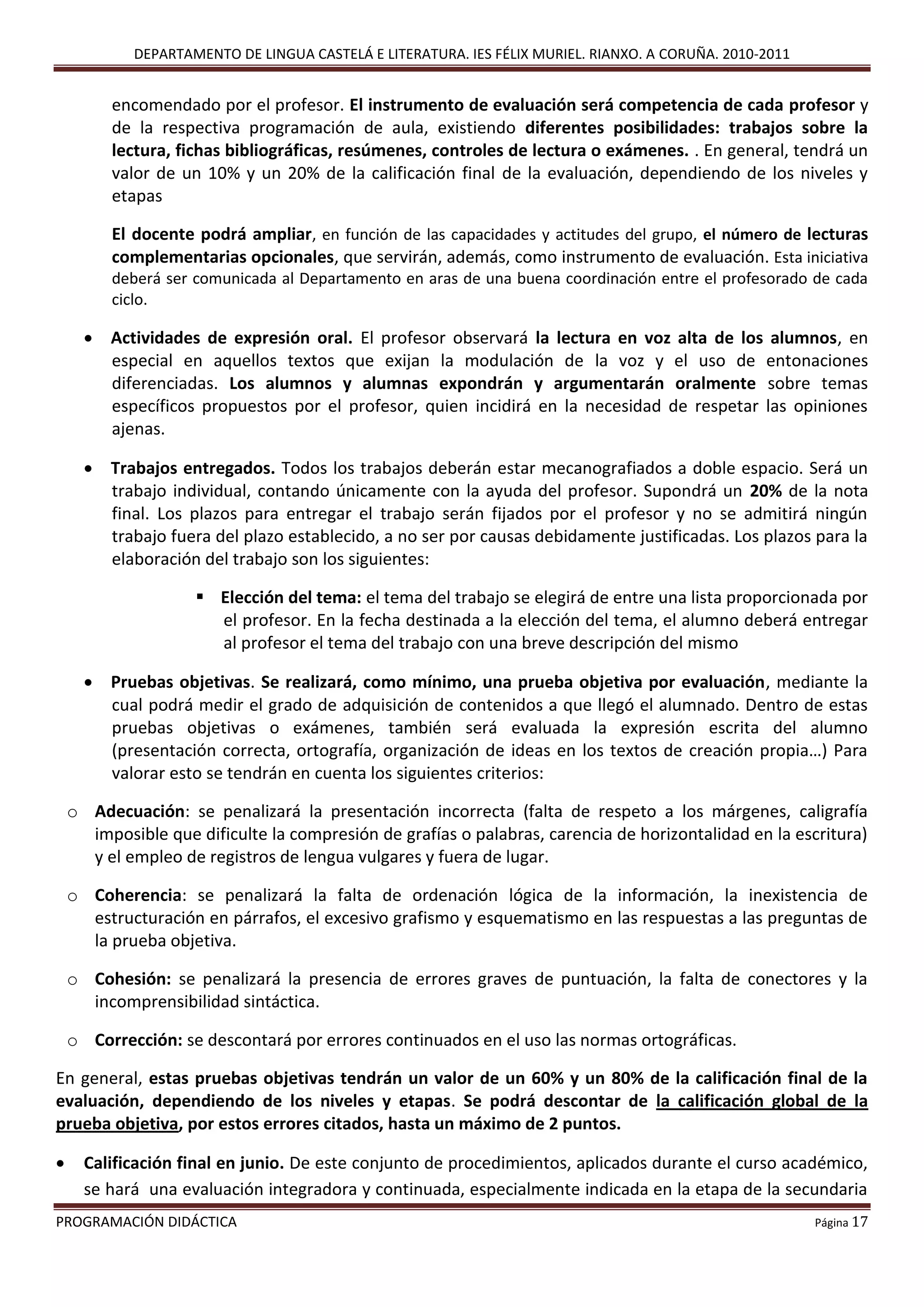 DEPARTAMENTO DE LINGUA CASTELÁ E LITERATURA. IES FÉLIX MURIEL. RIANXO. A CORUÑA. 2010-2011
PROGRAMACIÓN DIDÁCTICA Página 17
encomendado por el profesor. El instrumento de evaluación será competencia de cada profesor y
de la respectiva programación de aula, existiendo diferentes posibilidades: trabajos sobre la
lectura, fichas bibliográficas, resúmenes, controles de lectura o exámenes. . En general, tendrá un
valor de un 10% y un 20% de la calificación final de la evaluación, dependiendo de los niveles y
etapas
El docente podrá ampliar, en función de las capacidades y actitudes del grupo, el número de lecturas
complementarias opcionales, que servirán, además, como instrumento de evaluación. Esta iniciativa
deberá ser comunicada al Departamento en aras de una buena coordinación entre el profesorado de cada
ciclo.
 Actividades de expresión oral. El profesor observará la lectura en voz alta de los alumnos, en
especial en aquellos textos que exijan la modulación de la voz y el uso de entonaciones
diferenciadas. Los alumnos y alumnas expondrán y argumentarán oralmente sobre temas
específicos propuestos por el profesor, quien incidirá en la necesidad de respetar las opiniones
ajenas.
 Trabajos entregados. Todos los trabajos deberán estar mecanografiados a doble espacio. Será un
trabajo individual, contando únicamente con la ayuda del profesor. Supondrá un 20% de la nota
final. Los plazos para entregar el trabajo serán fijados por el profesor y no se admitirá ningún
trabajo fuera del plazo establecido, a no ser por causas debidamente justificadas. Los plazos para la
elaboración del trabajo son los siguientes:
 Elección del tema: el tema del trabajo se elegirá de entre una lista proporcionada por
el profesor. En la fecha destinada a la elección del tema, el alumno deberá entregar
al profesor el tema del trabajo con una breve descripción del mismo
 Pruebas objetivas. Se realizará, como mínimo, una prueba objetiva por evaluación, mediante la
cual podrá medir el grado de adquisición de contenidos a que llegó el alumnado. Dentro de estas
pruebas objetivas o exámenes, también será evaluada la expresión escrita del alumno
(presentación correcta, ortografía, organización de ideas en los textos de creación propia…) Para
valorar esto se tendrán en cuenta los siguientes criterios:
o Adecuación: se penalizará la presentación incorrecta (falta de respeto a los márgenes, caligrafía
imposible que dificulte la compresión de grafías o palabras, carencia de horizontalidad en la escritura)
y el empleo de registros de lengua vulgares y fuera de lugar.
o Coherencia: se penalizará la falta de ordenación lógica de la información, la inexistencia de
estructuración en párrafos, el excesivo grafismo y esquematismo en las respuestas a las preguntas de
la prueba objetiva.
o Cohesión: se penalizará la presencia de errores graves de puntuación, la falta de conectores y la
incomprensibilidad sintáctica.
o Corrección: se descontará por errores continuados en el uso las normas ortográficas.
En general, estas pruebas objetivas tendrán un valor de un 60% y un 80% de la calificación final de la
evaluación, dependiendo de los niveles y etapas. Se podrá descontar de la calificación global de la
prueba objetiva, por estos errores citados, hasta un máximo de 2 puntos.
 Calificación final en junio. De este conjunto de procedimientos, aplicados durante el curso académico,
se hará una evaluación integradora y continuada, especialmente indicada en la etapa de la secundaria
 