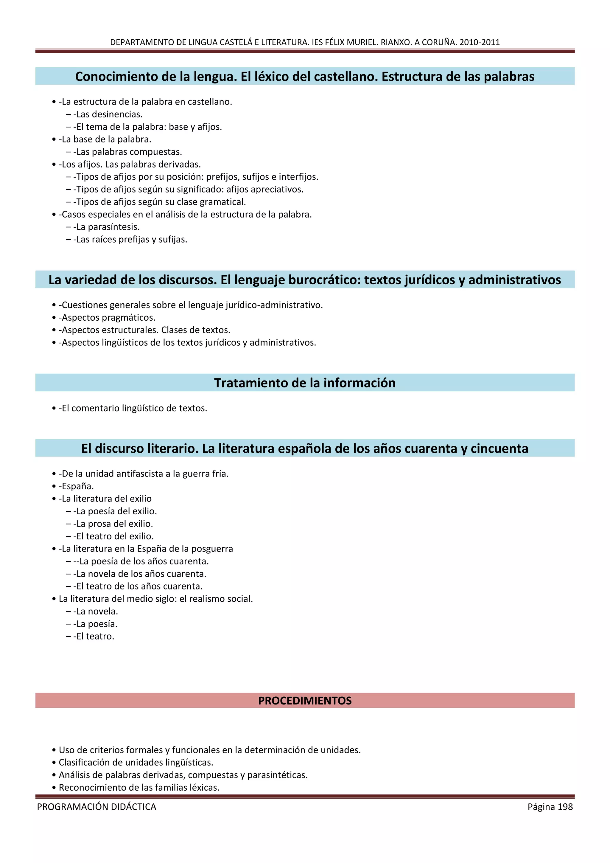 DEPARTAMENTO DE LINGUA CASTELÁ E LITERATURA. IES FÉLIX MURIEL. RIANXO. A CORUÑA. 2010-2011
PROGRAMACIÓN DIDÁCTICA Página 198
Conocimiento de la lengua. El léxico del castellano. Estructura de las palabras
• -La estructura de la palabra en castellano.
– -Las desinencias.
– -El tema de la palabra: base y afijos.
• -La base de la palabra.
– -Las palabras compuestas.
• -Los afijos. Las palabras derivadas.
– -Tipos de afijos por su posición: prefijos, sufijos e interfijos.
– -Tipos de afijos según su significado: afijos apreciativos.
– -Tipos de afijos según su clase gramatical.
• -Casos especiales en el análisis de la estructura de la palabra.
– -La parasíntesis.
– -Las raíces prefijas y sufijas.
La variedad de los discursos. El lenguaje burocrático: textos jurídicos y administrativos
• -Cuestiones generales sobre el lenguaje jurídico-administrativo.
• -Aspectos pragmáticos.
• -Aspectos estructurales. Clases de textos.
• -Aspectos lingüísticos de los textos jurídicos y administrativos.
Tratamiento de la información
• -El comentario lingüístico de textos.
El discurso literario. La literatura española de los años cuarenta y cincuenta
• -De la unidad antifascista a la guerra fría.
• -España.
• -La literatura del exilio
– -La poesía del exilio.
– -La prosa del exilio.
– -El teatro del exilio.
• -La literatura en la España de la posguerra
– --La poesía de los años cuarenta.
– -La novela de los años cuarenta.
– -El teatro de los años cuarenta.
• La literatura del medio siglo: el realismo social.
– -La novela.
– -La poesía.
– -El teatro.
PROCEDIMIENTOS
• Uso de criterios formales y funcionales en la determinación de unidades.
• Clasificación de unidades lingüísticas.
• Análisis de palabras derivadas, compuestas y parasintéticas.
• Reconocimiento de las familias léxicas.
 