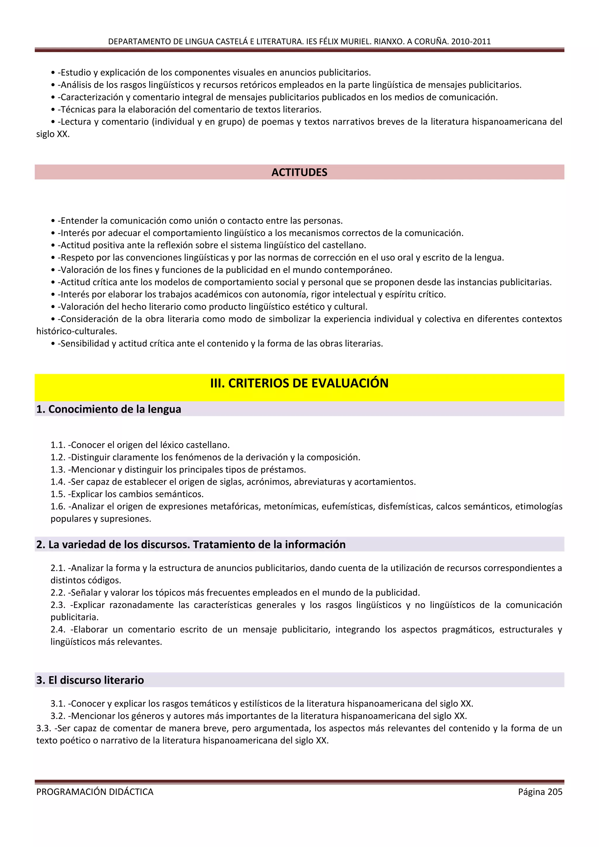 DEPARTAMENTO DE LINGUA CASTELÁ E LITERATURA. IES FÉLIX MURIEL. RIANXO. A CORUÑA. 2010-2011
PROGRAMACIÓN DIDÁCTICA Página 205
• -Estudio y explicación de los componentes visuales en anuncios publicitarios.
• -Análisis de los rasgos lingüísticos y recursos retóricos empleados en la parte lingüística de mensajes publicitarios.
• -Caracterización y comentario integral de mensajes publicitarios publicados en los medios de comunicación.
• -Técnicas para la elaboración del comentario de textos literarios.
• -Lectura y comentario (individual y en grupo) de poemas y textos narrativos breves de la literatura hispanoamericana del
siglo XX.
ACTITUDES
• -Entender la comunicación como unión o contacto entre las personas.
• -Interés por adecuar el comportamiento lingüístico a los mecanismos correctos de la comunicación.
• -Actitud positiva ante la reflexión sobre el sistema lingüístico del castellano.
• -Respeto por las convenciones lingüísticas y por las normas de corrección en el uso oral y escrito de la lengua.
• -Valoración de los fines y funciones de la publicidad en el mundo contemporáneo.
• -Actitud crítica ante los modelos de comportamiento social y personal que se proponen desde las instancias publicitarias.
• -Interés por elaborar los trabajos académicos con autonomía, rigor intelectual y espíritu crítico.
• -Valoración del hecho literario como producto lingüístico estético y cultural.
• -Consideración de la obra literaria como modo de simbolizar la experiencia individual y colectiva en diferentes contextos
histórico-culturales.
• -Sensibilidad y actitud crítica ante el contenido y la forma de las obras literarias.
III. CRITERIOS DE EVALUACIÓN
1. Conocimiento de la lengua
1.1. -Conocer el origen del léxico castellano.
1.2. -Distinguir claramente los fenómenos de la derivación y la composición.
1.3. -Mencionar y distinguir los principales tipos de préstamos.
1.4. -Ser capaz de establecer el origen de siglas, acrónimos, abreviaturas y acortamientos.
1.5. -Explicar los cambios semánticos.
1.6. -Analizar el origen de expresiones metafóricas, metonímicas, eufemísticas, disfemísticas, calcos semánticos, etimologías
populares y supresiones.
2. La variedad de los discursos. Tratamiento de la información
2.1. -Analizar la forma y la estructura de anuncios publicitarios, dando cuenta de la utilización de recursos correspondientes a
distintos códigos.
2.2. -Señalar y valorar los tópicos más frecuentes empleados en el mundo de la publicidad.
2.3. -Explicar razonadamente las características generales y los rasgos lingüísticos y no lingüísticos de la comunicación
publicitaria.
2.4. -Elaborar un comentario escrito de un mensaje publicitario, integrando los aspectos pragmáticos, estructurales y
lingüísticos más relevantes.
3. El discurso literario
3.1. -Conocer y explicar los rasgos temáticos y estilísticos de la literatura hispanoamericana del siglo XX.
3.2. -Mencionar los géneros y autores más importantes de la literatura hispanoamericana del siglo XX.
3.3. -Ser capaz de comentar de manera breve, pero argumentada, los aspectos más relevantes del contenido y la forma de un
texto poético o narrativo de la literatura hispanoamericana del siglo XX.
 