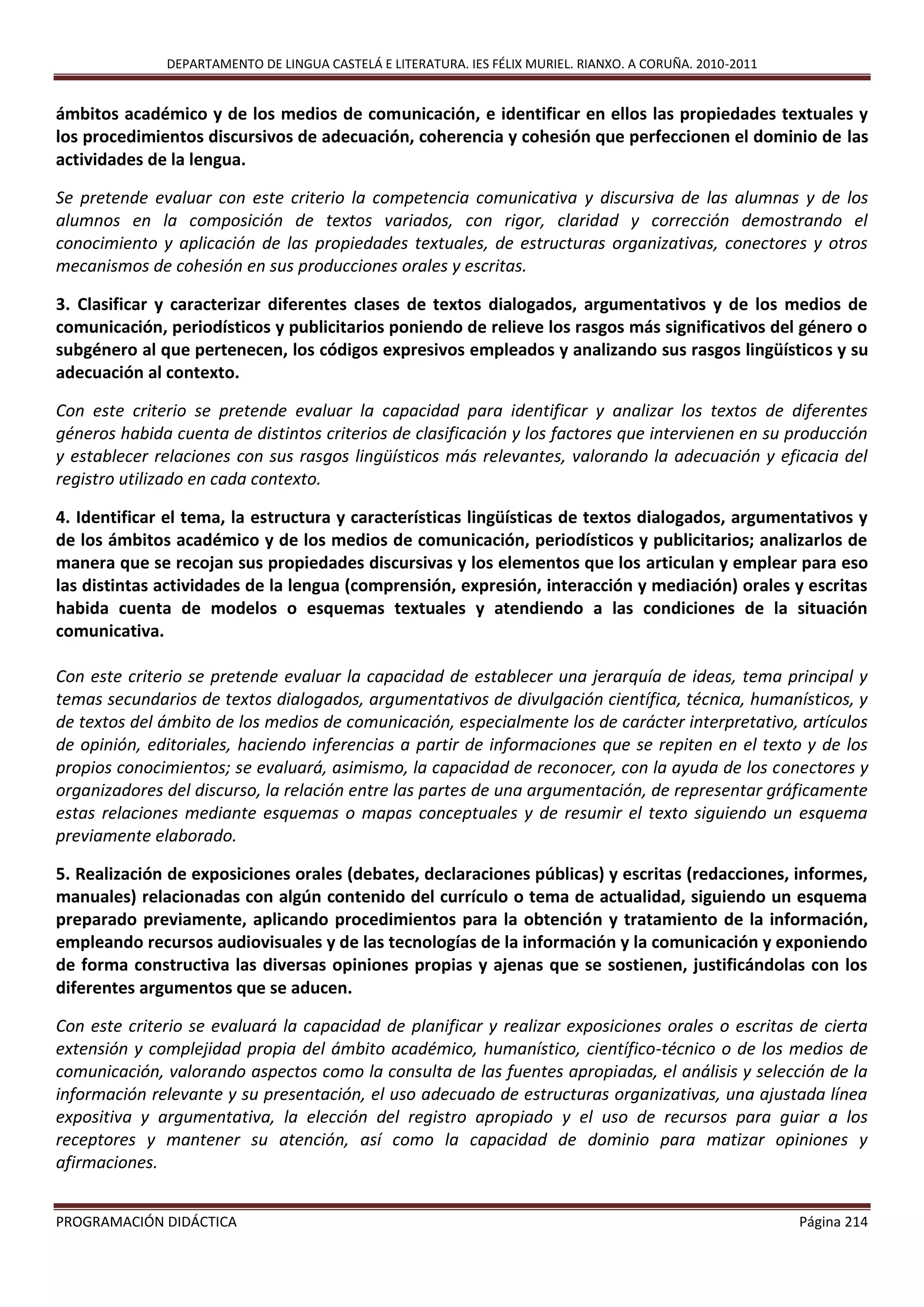 DEPARTAMENTO DE LINGUA CASTELÁ E LITERATURA. IES FÉLIX MURIEL. RIANXO. A CORUÑA. 2010-2011
PROGRAMACIÓN DIDÁCTICA Página 214
ámbitos académico y de los medios de comunicación, e identificar en ellos las propiedades textuales y
los procedimientos discursivos de adecuación, coherencia y cohesión que perfeccionen el dominio de las
actividades de la lengua.
Se pretende evaluar con este criterio la competencia comunicativa y discursiva de las alumnas y de los
alumnos en la composición de textos variados, con rigor, claridad y corrección demostrando el
conocimiento y aplicación de las propiedades textuales, de estructuras organizativas, conectores y otros
mecanismos de cohesión en sus producciones orales y escritas.
3. Clasificar y caracterizar diferentes clases de textos dialogados, argumentativos y de los medios de
comunicación, periodísticos y publicitarios poniendo de relieve los rasgos más significativos del género o
subgénero al que pertenecen, los códigos expresivos empleados y analizando sus rasgos lingüísticos y su
adecuación al contexto.
Con este criterio se pretende evaluar la capacidad para identificar y analizar los textos de diferentes
géneros habida cuenta de distintos criterios de clasificación y los factores que intervienen en su producción
y establecer relaciones con sus rasgos lingüísticos más relevantes, valorando la adecuación y eficacia del
registro utilizado en cada contexto.
4. Identificar el tema, la estructura y características lingüísticas de textos dialogados, argumentativos y
de los ámbitos académico y de los medios de comunicación, periodísticos y publicitarios; analizarlos de
manera que se recojan sus propiedades discursivas y los elementos que los articulan y emplear para eso
las distintas actividades de la lengua (comprensión, expresión, interacción y mediación) orales y escritas
habida cuenta de modelos o esquemas textuales y atendiendo a las condiciones de la situación
comunicativa.
Con este criterio se pretende evaluar la capacidad de establecer una jerarquía de ideas, tema principal y
temas secundarios de textos dialogados, argumentativos de divulgación científica, técnica, humanísticos, y
de textos del ámbito de los medios de comunicación, especialmente los de carácter interpretativo, artículos
de opinión, editoriales, haciendo inferencias a partir de informaciones que se repiten en el texto y de los
propios conocimientos; se evaluará, asimismo, la capacidad de reconocer, con la ayuda de los conectores y
organizadores del discurso, la relación entre las partes de una argumentación, de representar gráficamente
estas relaciones mediante esquemas o mapas conceptuales y de resumir el texto siguiendo un esquema
previamente elaborado.
5. Realización de exposiciones orales (debates, declaraciones públicas) y escritas (redacciones, informes,
manuales) relacionadas con algún contenido del currículo o tema de actualidad, siguiendo un esquema
preparado previamente, aplicando procedimientos para la obtención y tratamiento de la información,
empleando recursos audiovisuales y de las tecnologías de la información y la comunicación y exponiendo
de forma constructiva las diversas opiniones propias y ajenas que se sostienen, justificándolas con los
diferentes argumentos que se aducen.
Con este criterio se evaluará la capacidad de planificar y realizar exposiciones orales o escritas de cierta
extensión y complejidad propia del ámbito académico, humanístico, científico-técnico o de los medios de
comunicación, valorando aspectos como la consulta de las fuentes apropiadas, el análisis y selección de la
información relevante y su presentación, el uso adecuado de estructuras organizativas, una ajustada línea
expositiva y argumentativa, la elección del registro apropiado y el uso de recursos para guiar a los
receptores y mantener su atención, así como la capacidad de dominio para matizar opiniones y
afirmaciones.
 