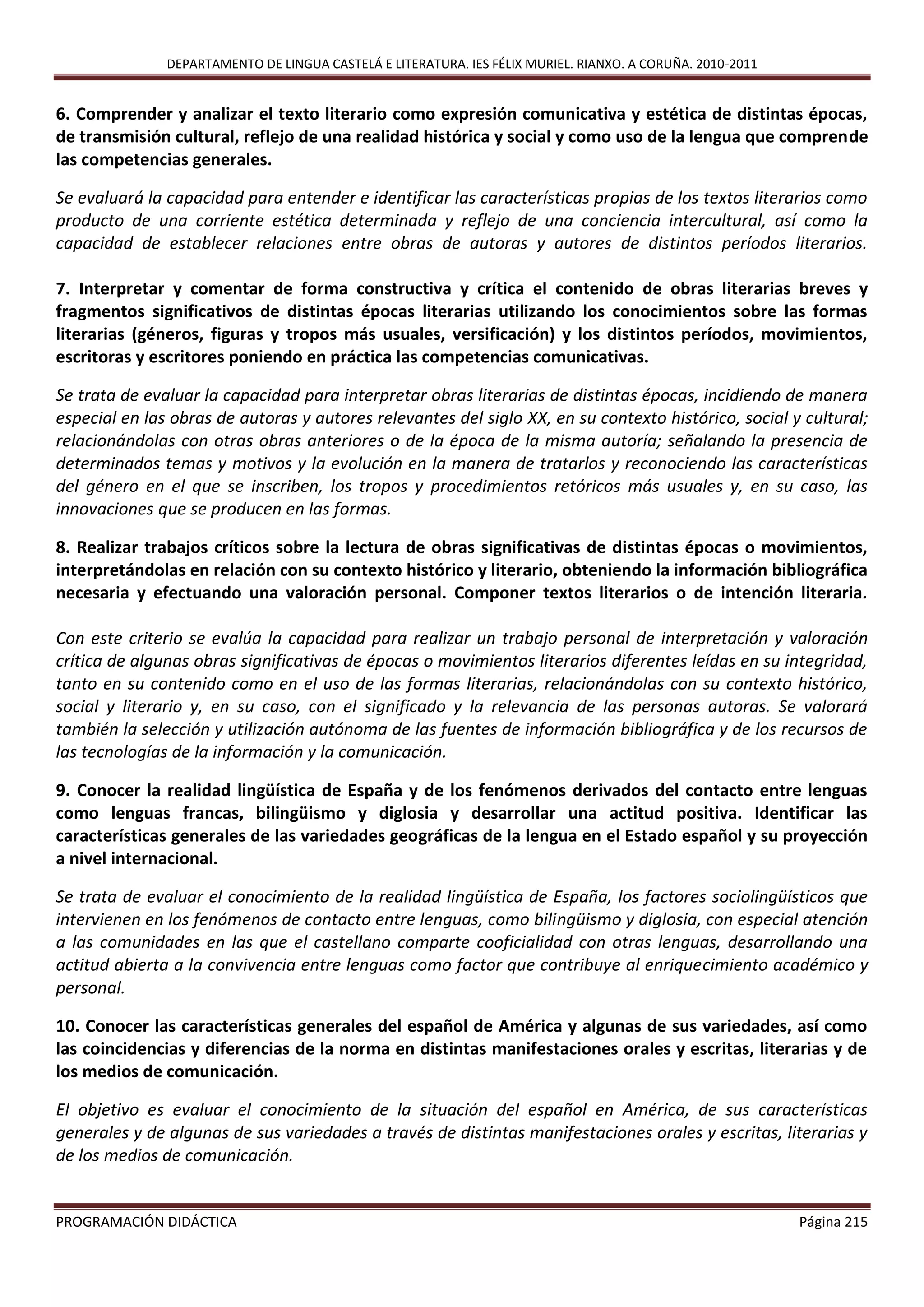 DEPARTAMENTO DE LINGUA CASTELÁ E LITERATURA. IES FÉLIX MURIEL. RIANXO. A CORUÑA. 2010-2011
PROGRAMACIÓN DIDÁCTICA Página 215
6. Comprender y analizar el texto literario como expresión comunicativa y estética de distintas épocas,
de transmisión cultural, reflejo de una realidad histórica y social y como uso de la lengua que comprende
las competencias generales.
Se evaluará la capacidad para entender e identificar las características propias de los textos literarios como
producto de una corriente estética determinada y reflejo de una conciencia intercultural, así como la
capacidad de establecer relaciones entre obras de autoras y autores de distintos períodos literarios.
7. Interpretar y comentar de forma constructiva y crítica el contenido de obras literarias breves y
fragmentos significativos de distintas épocas literarias utilizando los conocimientos sobre las formas
literarias (géneros, figuras y tropos más usuales, versificación) y los distintos períodos, movimientos,
escritoras y escritores poniendo en práctica las competencias comunicativas.
Se trata de evaluar la capacidad para interpretar obras literarias de distintas épocas, incidiendo de manera
especial en las obras de autoras y autores relevantes del siglo XX, en su contexto histórico, social y cultural;
relacionándolas con otras obras anteriores o de la época de la misma autoría; señalando la presencia de
determinados temas y motivos y la evolución en la manera de tratarlos y reconociendo las características
del género en el que se inscriben, los tropos y procedimientos retóricos más usuales y, en su caso, las
innovaciones que se producen en las formas.
8. Realizar trabajos críticos sobre la lectura de obras significativas de distintas épocas o movimientos,
interpretándolas en relación con su contexto histórico y literario, obteniendo la información bibliográfica
necesaria y efectuando una valoración personal. Componer textos literarios o de intención literaria.
Con este criterio se evalúa la capacidad para realizar un trabajo personal de interpretación y valoración
crítica de algunas obras significativas de épocas o movimientos literarios diferentes leídas en su integridad,
tanto en su contenido como en el uso de las formas literarias, relacionándolas con su contexto histórico,
social y literario y, en su caso, con el significado y la relevancia de las personas autoras. Se valorará
también la selección y utilización autónoma de las fuentes de información bibliográfica y de los recursos de
las tecnologías de la información y la comunicación.
9. Conocer la realidad lingüística de España y de los fenómenos derivados del contacto entre lenguas
como lenguas francas, bilingüismo y diglosia y desarrollar una actitud positiva. Identificar las
características generales de las variedades geográficas de la lengua en el Estado español y su proyección
a nivel internacional.
Se trata de evaluar el conocimiento de la realidad lingüística de España, los factores sociolingüísticos que
intervienen en los fenómenos de contacto entre lenguas, como bilingüismo y diglosia, con especial atención
a las comunidades en las que el castellano comparte cooficialidad con otras lenguas, desarrollando una
actitud abierta a la convivencia entre lenguas como factor que contribuye al enriquecimiento académico y
personal.
10. Conocer las características generales del español de América y algunas de sus variedades, así como
las coincidencias y diferencias de la norma en distintas manifestaciones orales y escritas, literarias y de
los medios de comunicación.
El objetivo es evaluar el conocimiento de la situación del español en América, de sus características
generales y de algunas de sus variedades a través de distintas manifestaciones orales y escritas, literarias y
de los medios de comunicación.
 