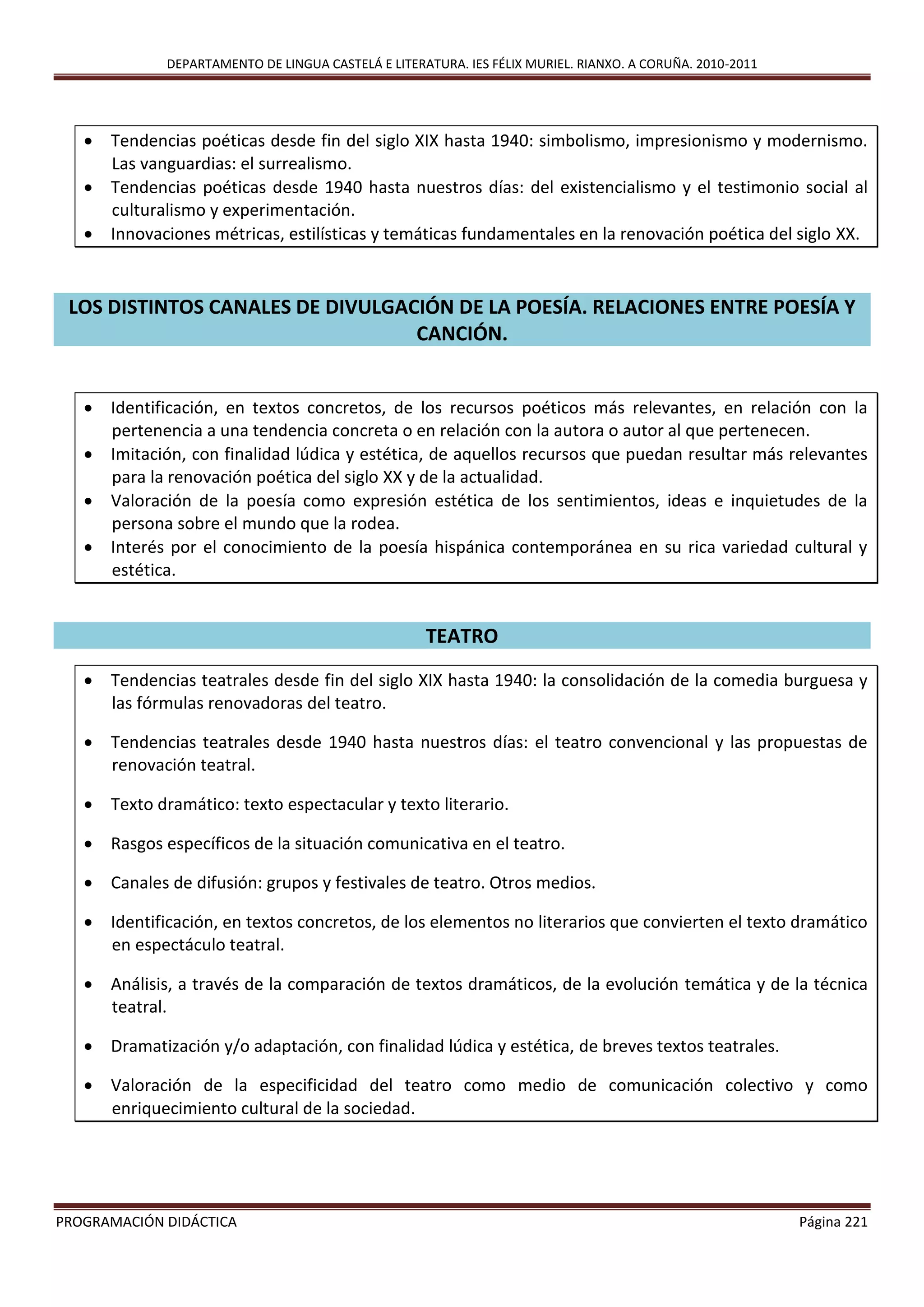 DEPARTAMENTO DE LINGUA CASTELÁ E LITERATURA. IES FÉLIX MURIEL. RIANXO. A CORUÑA. 2010-2011
PROGRAMACIÓN DIDÁCTICA Página 221
 Tendencias poéticas desde fin del siglo XIX hasta 1940: simbolismo, impresionismo y modernismo.
Las vanguardias: el surrealismo.
 Tendencias poéticas desde 1940 hasta nuestros días: del existencialismo y el testimonio social al
culturalismo y experimentación.
 Innovaciones métricas, estilísticas y temáticas fundamentales en la renovación poética del siglo XX.
LOS DISTINTOS CANALES DE DIVULGACIÓN DE LA POESÍA. RELACIONES ENTRE POESÍA Y
CANCIÓN.
 Identificación, en textos concretos, de los recursos poéticos más relevantes, en relación con la
pertenencia a una tendencia concreta o en relación con la autora o autor al que pertenecen.
 Imitación, con finalidad lúdica y estética, de aquellos recursos que puedan resultar más relevantes
para la renovación poética del siglo XX y de la actualidad.
 Valoración de la poesía como expresión estética de los sentimientos, ideas e inquietudes de la
persona sobre el mundo que la rodea.
 Interés por el conocimiento de la poesía hispánica contemporánea en su rica variedad cultural y
estética.
TEATRO
 Tendencias teatrales desde fin del siglo XIX hasta 1940: la consolidación de la comedia burguesa y
las fórmulas renovadoras del teatro.
 Tendencias teatrales desde 1940 hasta nuestros días: el teatro convencional y las propuestas de
renovación teatral.
 Texto dramático: texto espectacular y texto literario.
 Rasgos específicos de la situación comunicativa en el teatro.
 Canales de difusión: grupos y festivales de teatro. Otros medios.
 Identificación, en textos concretos, de los elementos no literarios que convierten el texto dramático
en espectáculo teatral.
 Análisis, a través de la comparación de textos dramáticos, de la evolución temática y de la técnica
teatral.
 Dramatización y/o adaptación, con finalidad lúdica y estética, de breves textos teatrales.
 Valoración de la especificidad del teatro como medio de comunicación colectivo y como
enriquecimiento cultural de la sociedad.
 