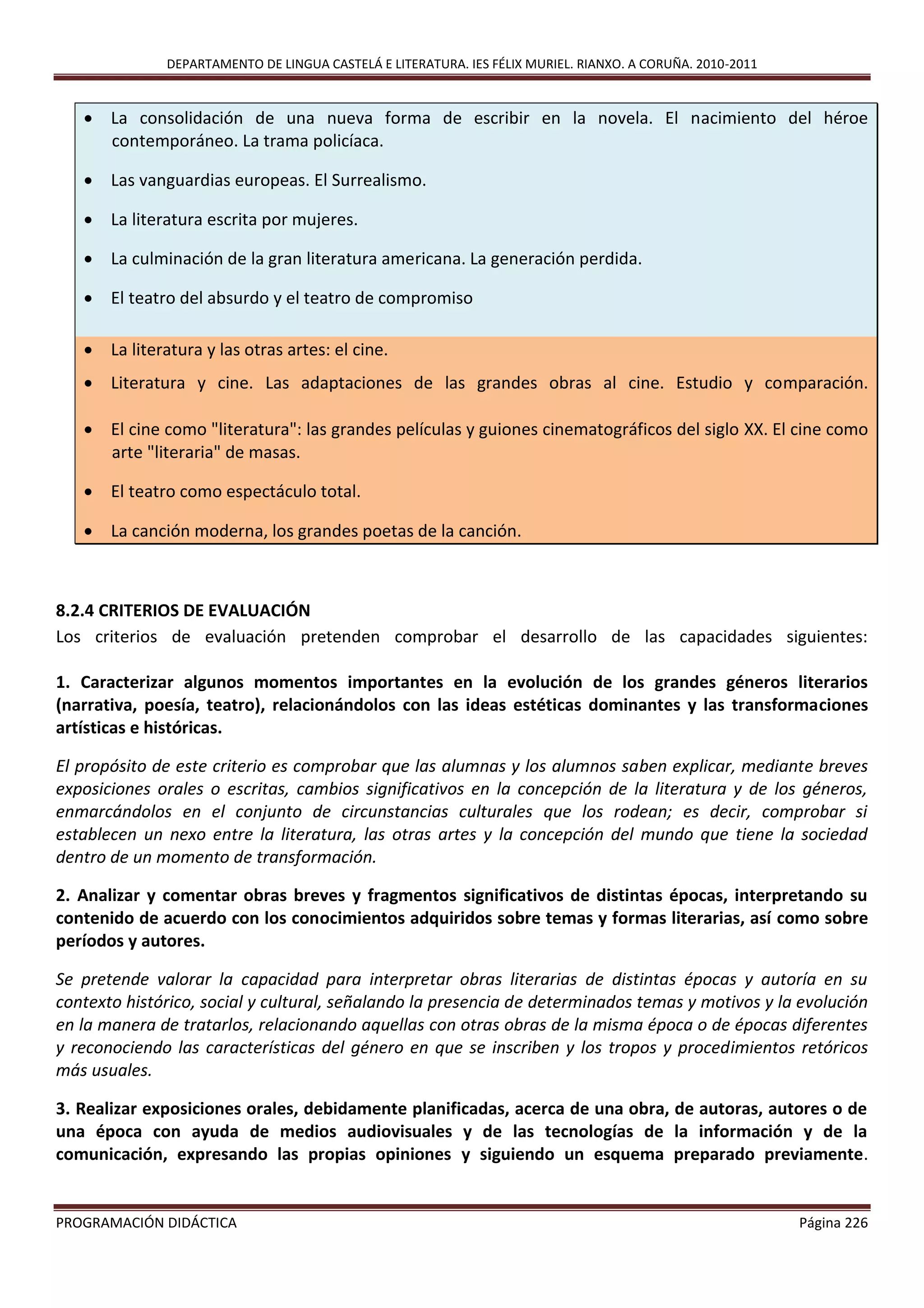 DEPARTAMENTO DE LINGUA CASTELÁ E LITERATURA. IES FÉLIX MURIEL. RIANXO. A CORUÑA. 2010-2011
PROGRAMACIÓN DIDÁCTICA Página 226
 La consolidación de una nueva forma de escribir en la novela. El nacimiento del héroe
contemporáneo. La trama policíaca.
 Las vanguardias europeas. El Surrealismo.
 La literatura escrita por mujeres.
 La culminación de la gran literatura americana. La generación perdida.
 El teatro del absurdo y el teatro de compromiso
 La literatura y las otras artes: el cine.
 Literatura y cine. Las adaptaciones de las grandes obras al cine. Estudio y comparación.
 El cine como "literatura": las grandes películas y guiones cinematográficos del siglo XX. El cine como
arte "literaria" de masas.
 El teatro como espectáculo total.
 La canción moderna, los grandes poetas de la canción.
8.2.4 CRITERIOS DE EVALUACIÓN
Los criterios de evaluación pretenden comprobar el desarrollo de las capacidades siguientes:
1. Caracterizar algunos momentos importantes en la evolución de los grandes géneros literarios
(narrativa, poesía, teatro), relacionándolos con las ideas estéticas dominantes y las transformaciones
artísticas e históricas.
El propósito de este criterio es comprobar que las alumnas y los alumnos saben explicar, mediante breves
exposiciones orales o escritas, cambios significativos en la concepción de la literatura y de los géneros,
enmarcándolos en el conjunto de circunstancias culturales que los rodean; es decir, comprobar si
establecen un nexo entre la literatura, las otras artes y la concepción del mundo que tiene la sociedad
dentro de un momento de transformación.
2. Analizar y comentar obras breves y fragmentos significativos de distintas épocas, interpretando su
contenido de acuerdo con los conocimientos adquiridos sobre temas y formas literarias, así como sobre
períodos y autores.
Se pretende valorar la capacidad para interpretar obras literarias de distintas épocas y autoría en su
contexto histórico, social y cultural, señalando la presencia de determinados temas y motivos y la evolución
en la manera de tratarlos, relacionando aquellas con otras obras de la misma época o de épocas diferentes
y reconociendo las características del género en que se inscriben y los tropos y procedimientos retóricos
más usuales.
3. Realizar exposiciones orales, debidamente planificadas, acerca de una obra, de autoras, autores o de
una época con ayuda de medios audiovisuales y de las tecnologías de la información y de la
comunicación, expresando las propias opiniones y siguiendo un esquema preparado previamente.
 