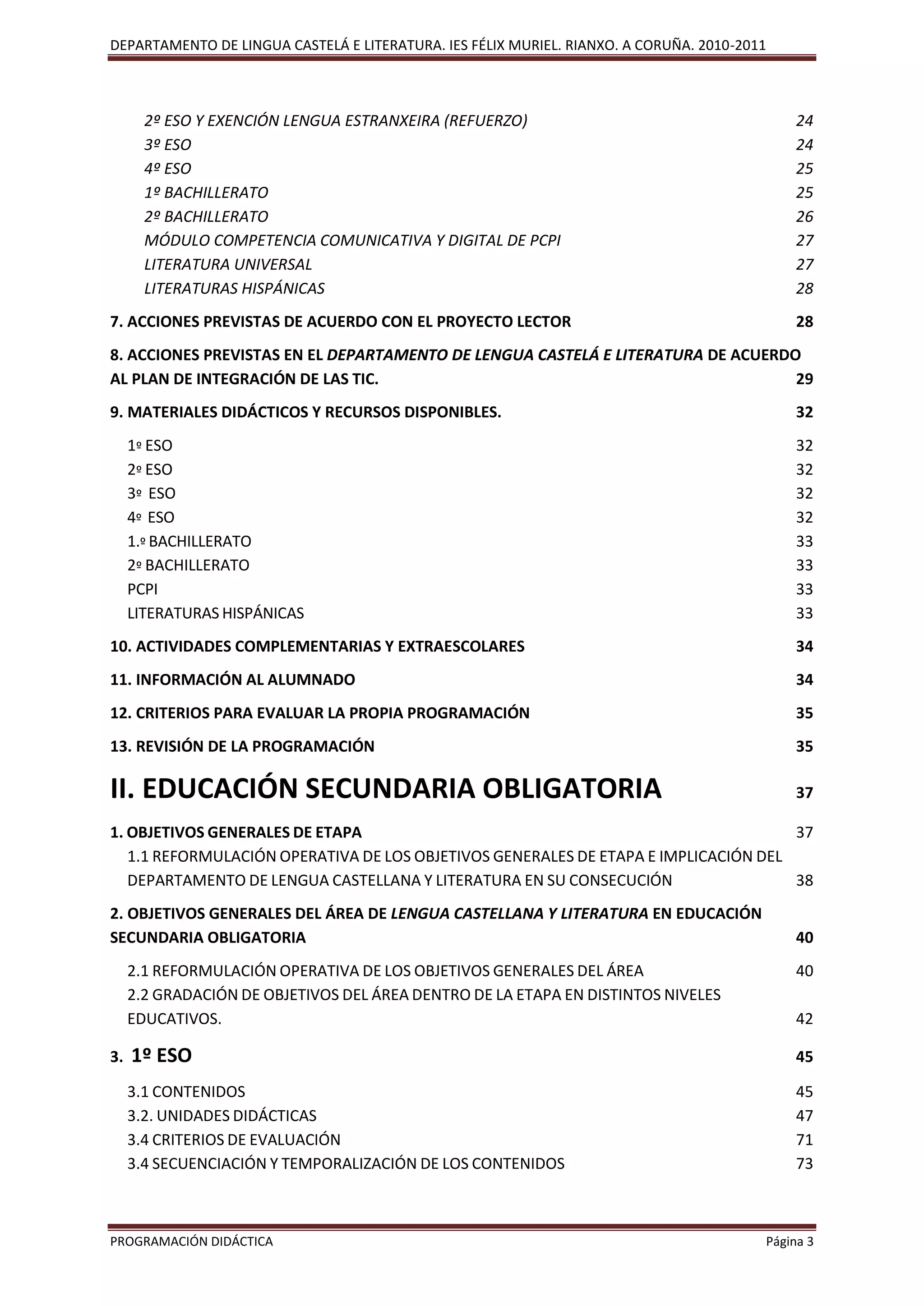 DEPARTAMENTO DE LINGUA CASTELÁ E LITERATURA. IES FÉLIX MURIEL. RIANXO. A CORUÑA. 2010-2011
PROGRAMACIÓN DIDÁCTICA Página 3
2º ESO Y EXENCIÓN LENGUA ESTRANXEIRA (REFUERZO) 24
3º ESO 24
4º ESO 25
1º BACHILLERATO 25
2º BACHILLERATO 26
MÓDULO COMPETENCIA COMUNICATIVA Y DIGITAL DE PCPI 27
LITERATURA UNIVERSAL 27
LITERATURAS HISPÁNICAS 28
7. ACCIONES PREVISTAS DE ACUERDO CON EL PROYECTO LECTOR 28
8. ACCIONES PREVISTAS EN EL DEPARTAMENTO DE LENGUA CASTELÁ E LITERATURA DE ACUERDO
AL PLAN DE INTEGRACIÓN DE LAS TIC. 29
9. MATERIALES DIDÁCTICOS Y RECURSOS DISPONIBLES. 32
1º ESO 32
2º ESO 32
3º ESO 32
4º ESO 32
1.º BACHILLERATO 33
2º BACHILLERATO 33
PCPI 33
LITERATURAS HISPÁNICAS 33
10. ACTIVIDADES COMPLEMENTARIAS Y EXTRAESCOLARES 34
11. INFORMACIÓN AL ALUMNADO 34
12. CRITERIOS PARA EVALUAR LA PROPIA PROGRAMACIÓN 35
13. REVISIÓN DE LA PROGRAMACIÓN 35
II. EDUCACIÓN SECUNDARIA OBLIGATORIA 37
1. OBJETIVOS GENERALES DE ETAPA 37
1.1 REFORMULACIÓN OPERATIVA DE LOS OBJETIVOS GENERALES DE ETAPA E IMPLICACIÓN DEL
DEPARTAMENTO DE LENGUA CASTELLANA Y LITERATURA EN SU CONSECUCIÓN 38
2. OBJETIVOS GENERALES DEL ÁREA DE LENGUA CASTELLANA Y LITERATURA EN EDUCACIÓN
SECUNDARIA OBLIGATORIA 40
2.1 REFORMULACIÓN OPERATIVA DE LOS OBJETIVOS GENERALES DEL ÁREA 40
2.2 GRADACIÓN DE OBJETIVOS DEL ÁREA DENTRO DE LA ETAPA EN DISTINTOS NIVELES
EDUCATIVOS. 42
3. 1º ESO 45
3.1 CONTENIDOS 45
3.2. UNIDADES DIDÁCTICAS 47
3.4 CRITERIOS DE EVALUACIÓN 71
3.4 SECUENCIACIÓN Y TEMPORALIZACIÓN DE LOS CONTENIDOS 73
 