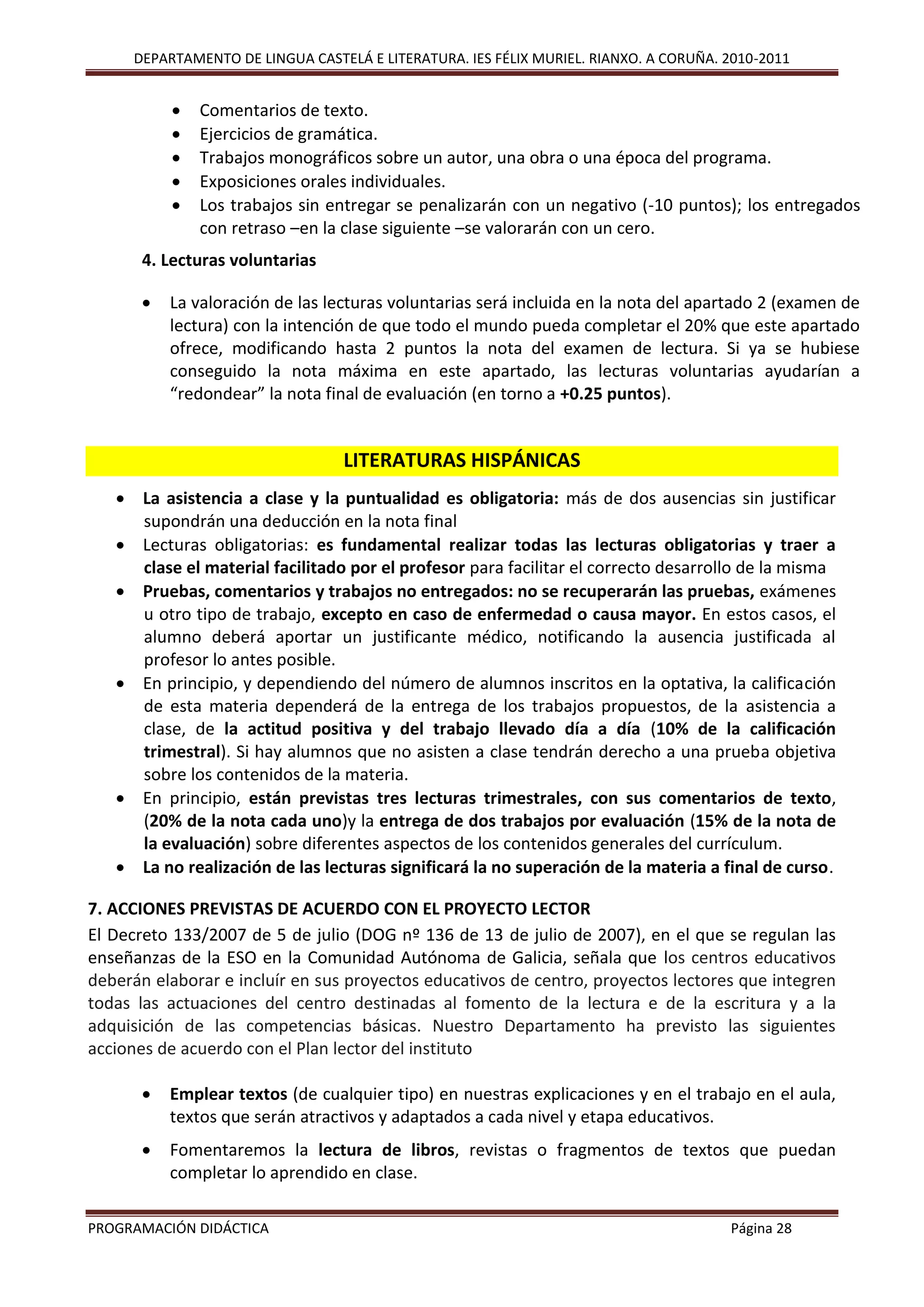 DEPARTAMENTO DE LINGUA CASTELÁ E LITERATURA. IES FÉLIX MURIEL. RIANXO. A CORUÑA. 2010-2011
PROGRAMACIÓN DIDÁCTICA Página 28
 Comentarios de texto.
 Ejercicios de gramática.
 Trabajos monográficos sobre un autor, una obra o una época del programa.
 Exposiciones orales individuales.
 Los trabajos sin entregar se penalizarán con un negativo (-10 puntos); los entregados
con retraso –en la clase siguiente –se valorarán con un cero.
4. Lecturas voluntarias
 La valoración de las lecturas voluntarias será incluida en la nota del apartado 2 (examen de
lectura) con la intención de que todo el mundo pueda completar el 20% que este apartado
ofrece, modificando hasta 2 puntos la nota del examen de lectura. Si ya se hubiese
conseguido la nota máxima en este apartado, las lecturas voluntarias ayudarían a
“redondear” la nota final de evaluación (en torno a +0.25 puntos).
LITERATURAS HISPÁNICAS
 La asistencia a clase y la puntualidad es obligatoria: más de dos ausencias sin justificar
supondrán una deducción en la nota final
 Lecturas obligatorias: es fundamental realizar todas las lecturas obligatorias y traer a
clase el material facilitado por el profesor para facilitar el correcto desarrollo de la misma
 Pruebas, comentarios y trabajos no entregados: no se recuperarán las pruebas, exámenes
u otro tipo de trabajo, excepto en caso de enfermedad o causa mayor. En estos casos, el
alumno deberá aportar un justificante médico, notificando la ausencia justificada al
profesor lo antes posible.
 En principio, y dependiendo del número de alumnos inscritos en la optativa, la calificación
de esta materia dependerá de la entrega de los trabajos propuestos, de la asistencia a
clase, de la actitud positiva y del trabajo llevado día a día (10% de la calificación
trimestral). Si hay alumnos que no asisten a clase tendrán derecho a una prueba objetiva
sobre los contenidos de la materia.
 En principio, están previstas tres lecturas trimestrales, con sus comentarios de texto,
(20% de la nota cada uno)y la entrega de dos trabajos por evaluación (15% de la nota de
la evaluación) sobre diferentes aspectos de los contenidos generales del currículum.
 La no realización de las lecturas significará la no superación de la materia a final de curso.
7. ACCIONES PREVISTAS DE ACUERDO CON EL PROYECTO LECTOR
El Decreto 133/2007 de 5 de julio (DOG nº 136 de 13 de julio de 2007), en el que se regulan las
enseñanzas de la ESO en la Comunidad Autónoma de Galicia, señala que los centros educativos
deberán elaborar e incluír en sus proyectos educativos de centro, proyectos lectores que integren
todas las actuaciones del centro destinadas al fomento de la lectura e de la escritura y a la
adquisición de las competencias básicas. Nuestro Departamento ha previsto las siguientes
acciones de acuerdo con el Plan lector del instituto
 Emplear textos (de cualquier tipo) en nuestras explicaciones y en el trabajo en el aula,
textos que serán atractivos y adaptados a cada nivel y etapa educativos.
 Fomentaremos la lectura de libros, revistas o fragmentos de textos que puedan
completar lo aprendido en clase.
 