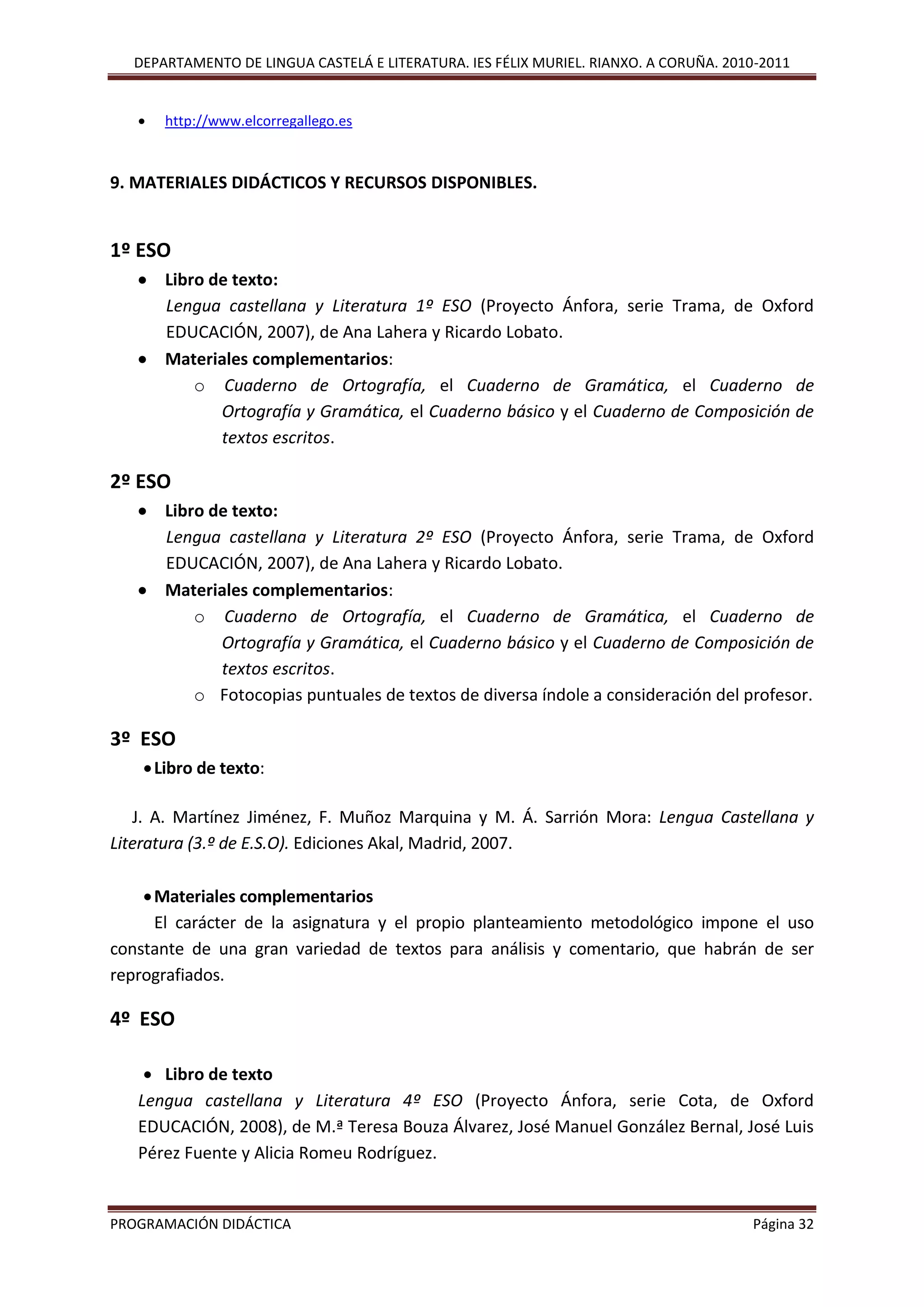DEPARTAMENTO DE LINGUA CASTELÁ E LITERATURA. IES FÉLIX MURIEL. RIANXO. A CORUÑA. 2010-2011
PROGRAMACIÓN DIDÁCTICA Página 32
 http://www.elcorregallego.es
9. MATERIALES DIDÁCTICOS Y RECURSOS DISPONIBLES.
1º ESO
 Libro de texto:
Lengua castellana y Literatura 1º ESO (Proyecto Ánfora, serie Trama, de Oxford
EDUCACIÓN, 2007), de Ana Lahera y Ricardo Lobato.
 Materiales complementarios:
o Cuaderno de Ortografía, el Cuaderno de Gramática, el Cuaderno de
Ortografía y Gramática, el Cuaderno básico y el Cuaderno de Composición de
textos escritos.
2º ESO
 Libro de texto:
Lengua castellana y Literatura 2º ESO (Proyecto Ánfora, serie Trama, de Oxford
EDUCACIÓN, 2007), de Ana Lahera y Ricardo Lobato.
 Materiales complementarios:
o Cuaderno de Ortografía, el Cuaderno de Gramática, el Cuaderno de
Ortografía y Gramática, el Cuaderno básico y el Cuaderno de Composición de
textos escritos.
o Fotocopias puntuales de textos de diversa índole a consideración del profesor.
3º ESO
Libro de texto:
J. A. Martínez Jiménez, F. Muñoz Marquina y M. Á. Sarrión Mora: Lengua Castellana y
Literatura (3.º de E.S.O). Ediciones Akal, Madrid, 2007.
Materiales complementarios
El carácter de la asignatura y el propio planteamiento metodológico impone el uso
constante de una gran variedad de textos para análisis y comentario, que habrán de ser
reprografiados.
4º ESO
 Libro de texto
Lengua castellana y Literatura 4º ESO (Proyecto Ánfora, serie Cota, de Oxford
EDUCACIÓN, 2008), de M.ª Teresa Bouza Álvarez, José Manuel González Bernal, José Luis
Pérez Fuente y Alicia Romeu Rodríguez.
 