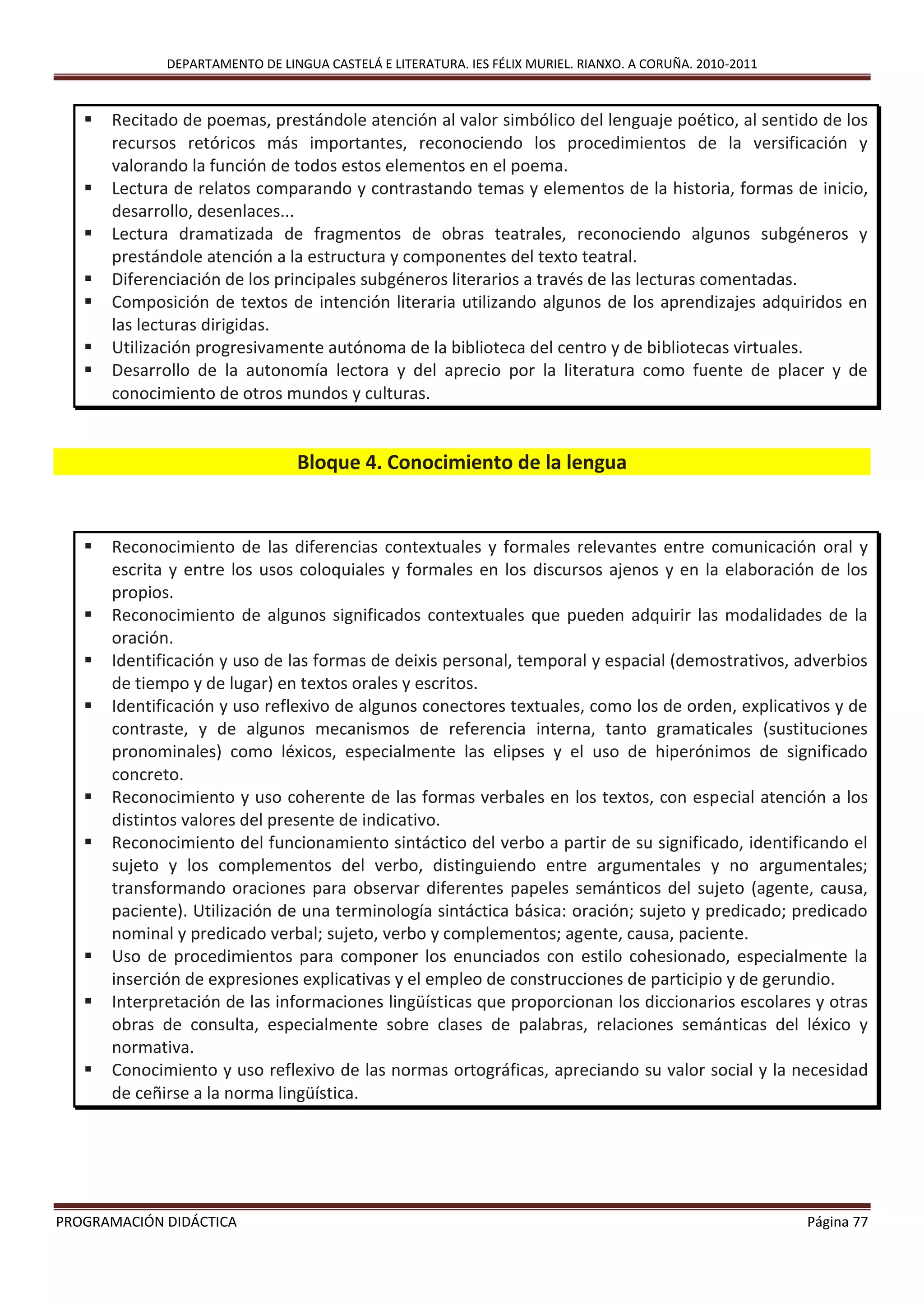 DEPARTAMENTO DE LINGUA CASTELÁ E LITERATURA. IES FÉLIX MURIEL. RIANXO. A CORUÑA. 2010-2011
PROGRAMACIÓN DIDÁCTICA Página 77
 Recitado de poemas, prestándole atención al valor simbólico del lenguaje poético, al sentido de los
recursos retóricos más importantes, reconociendo los procedimientos de la versificación y
valorando la función de todos estos elementos en el poema.
 Lectura de relatos comparando y contrastando temas y elementos de la historia, formas de inicio,
desarrollo, desenlaces...
 Lectura dramatizada de fragmentos de obras teatrales, reconociendo algunos subgéneros y
prestándole atención a la estructura y componentes del texto teatral.
 Diferenciación de los principales subgéneros literarios a través de las lecturas comentadas.
 Composición de textos de intención literaria utilizando algunos de los aprendizajes adquiridos en
las lecturas dirigidas.
 Utilización progresivamente autónoma de la biblioteca del centro y de bibliotecas virtuales.
 Desarrollo de la autonomía lectora y del aprecio por la literatura como fuente de placer y de
conocimiento de otros mundos y culturas.
Bloque 4. Conocimiento de la lengua
 Reconocimiento de las diferencias contextuales y formales relevantes entre comunicación oral y
escrita y entre los usos coloquiales y formales en los discursos ajenos y en la elaboración de los
propios.
 Reconocimiento de algunos significados contextuales que pueden adquirir las modalidades de la
oración.
 Identificación y uso de las formas de deixis personal, temporal y espacial (demostrativos, adverbios
de tiempo y de lugar) en textos orales y escritos.
 Identificación y uso reflexivo de algunos conectores textuales, como los de orden, explicativos y de
contraste, y de algunos mecanismos de referencia interna, tanto gramaticales (sustituciones
pronominales) como léxicos, especialmente las elipses y el uso de hiperónimos de significado
concreto.
 Reconocimiento y uso coherente de las formas verbales en los textos, con especial atención a los
distintos valores del presente de indicativo.
 Reconocimiento del funcionamiento sintáctico del verbo a partir de su significado, identificando el
sujeto y los complementos del verbo, distinguiendo entre argumentales y no argumentales;
transformando oraciones para observar diferentes papeles semánticos del sujeto (agente, causa,
paciente). Utilización de una terminología sintáctica básica: oración; sujeto y predicado; predicado
nominal y predicado verbal; sujeto, verbo y complementos; agente, causa, paciente.
 Uso de procedimientos para componer los enunciados con estilo cohesionado, especialmente la
inserción de expresiones explicativas y el empleo de construcciones de participio y de gerundio.
 Interpretación de las informaciones lingüísticas que proporcionan los diccionarios escolares y otras
obras de consulta, especialmente sobre clases de palabras, relaciones semánticas del léxico y
normativa.
 Conocimiento y uso reflexivo de las normas ortográficas, apreciando su valor social y la necesidad
de ceñirse a la norma lingüística.
 