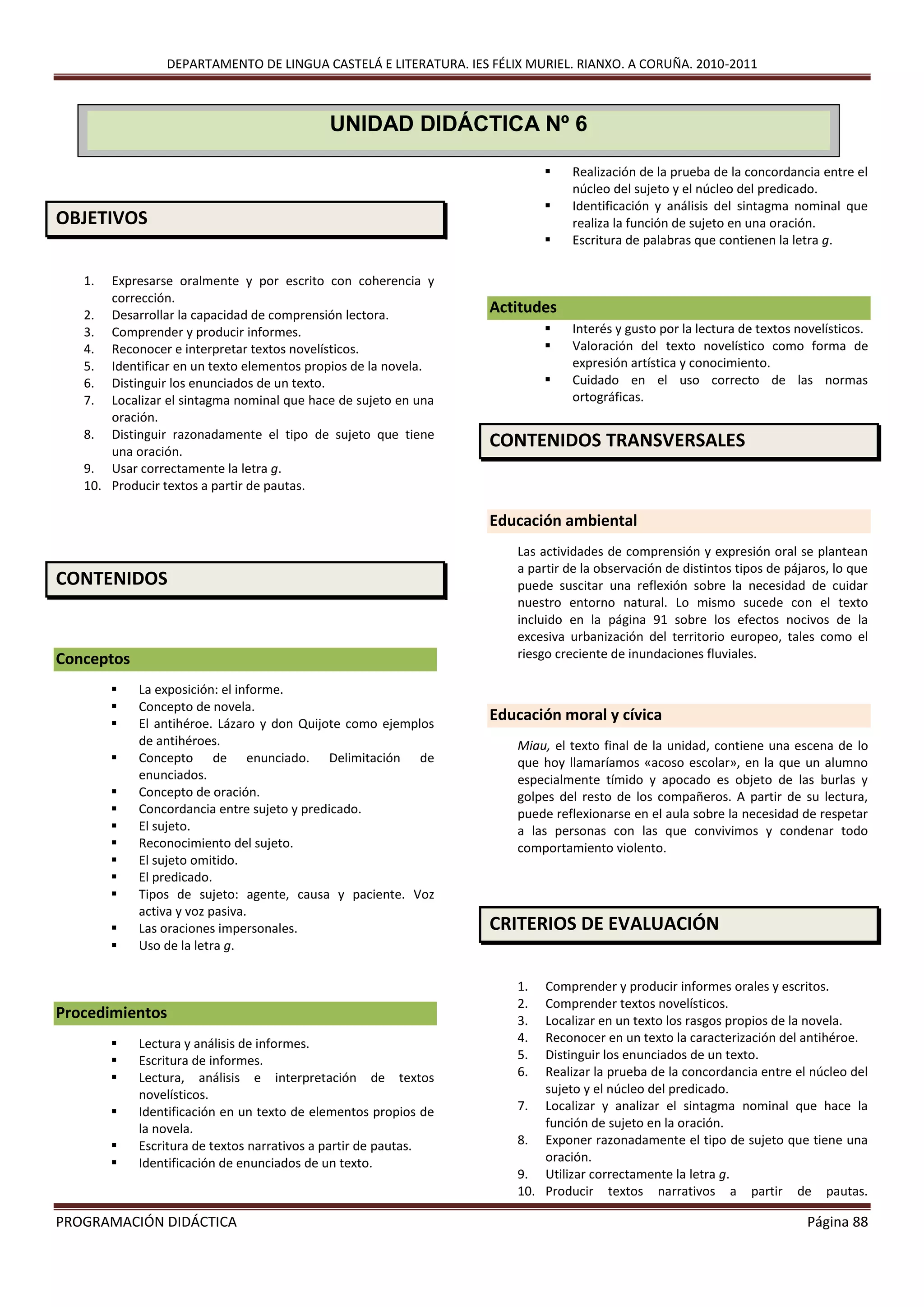 DEPARTAMENTO DE LINGUA CASTELÁ E LITERATURA. IES FÉLIX MURIEL. RIANXO. A CORUÑA. 2010-2011
PROGRAMACIÓN DIDÁCTICA Página 88
OBJETIVOS
1. Expresarse oralmente y por escrito con coherencia y
corrección.
2. Desarrollar la capacidad de comprensión lectora.
3. Comprender y producir informes.
4. Reconocer e interpretar textos novelísticos.
5. Identificar en un texto elementos propios de la novela.
6. Distinguir los enunciados de un texto.
7. Localizar el sintagma nominal que hace de sujeto en una
oración.
8. Distinguir razonadamente el tipo de sujeto que tiene
una oración.
9. Usar correctamente la letra g.
10. Producir textos a partir de pautas.
CONTENIDOS
Conceptos
 La exposición: el informe.
 Concepto de novela.
 El antihéroe. Lázaro y don Quijote como ejemplos
de antihéroes.
 Concepto de enunciado. Delimitación de
enunciados.
 Concepto de oración.
 Concordancia entre sujeto y predicado.
 El sujeto.
 Reconocimiento del sujeto.
 El sujeto omitido.
 El predicado.
 Tipos de sujeto: agente, causa y paciente. Voz
activa y voz pasiva.
 Las oraciones impersonales.
 Uso de la letra g.
Procedimientos
 Lectura y análisis de informes.
 Escritura de informes.
 Lectura, análisis e interpretación de textos
novelísticos.
 Identificación en un texto de elementos propios de
la novela.
 Escritura de textos narrativos a partir de pautas.
 Identificación de enunciados de un texto.
 Realización de la prueba de la concordancia entre el
núcleo del sujeto y el núcleo del predicado.
 Identificación y análisis del sintagma nominal que
realiza la función de sujeto en una oración.
 Escritura de palabras que contienen la letra g.
Actitudes
 Interés y gusto por la lectura de textos novelísticos.
 Valoración del texto novelístico como forma de
expresión artística y conocimiento.
 Cuidado en el uso correcto de las normas
ortográficas.
CONTENIDOS TRANSVERSALES
Educación ambiental
Las actividades de comprensión y expresión oral se plantean
a partir de la observación de distintos tipos de pájaros, lo que
puede suscitar una reflexión sobre la necesidad de cuidar
nuestro entorno natural. Lo mismo sucede con el texto
incluido en la página 91 sobre los efectos nocivos de la
excesiva urbanización del territorio europeo, tales como el
riesgo creciente de inundaciones fluviales.
Educación moral y cívica
Miau, el texto final de la unidad, contiene una escena de lo
que hoy llamaríamos «acoso escolar», en la que un alumno
especialmente tímido y apocado es objeto de las burlas y
golpes del resto de los compañeros. A partir de su lectura,
puede reflexionarse en el aula sobre la necesidad de respetar
a las personas con las que convivimos y condenar todo
comportamiento violento.
CRITERIOS DE EVALUACIÓN
1. Comprender y producir informes orales y escritos.
2. Comprender textos novelísticos.
3. Localizar en un texto los rasgos propios de la novela.
4. Reconocer en un texto la caracterización del antihéroe.
5. Distinguir los enunciados de un texto.
6. Realizar la prueba de la concordancia entre el núcleo del
sujeto y el núcleo del predicado.
7. Localizar y analizar el sintagma nominal que hace la
función de sujeto en la oración.
8. Exponer razonadamente el tipo de sujeto que tiene una
oración.
9. Utilizar correctamente la letra g.
10. Producir textos narrativos a partir de pautas.
UNIDAD DIDÁCTICA Nº 6
 