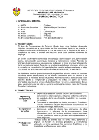 INSTITUCION EDUCATIVA DE SECUNDARIA DE MENORES
“MARIANO MELGAR VALDIVIEZO”
Charles Conrad Nº 500 – Urrunaga – J. L. Ortiz.
II UNIDAD DIDACTICA
I. INFORMACION GENERAL
1.1. UGEL : Chiclayo.
1.2. Institución Educativa : “Mariano Melgar Valdiviezo”
1.3. Ciclo : VI
1.4. Área : Comunicación
1.5. Grado : Segundo
1.6. Horas semanales : 07 horas
1.7. Docentes Responsables: Prof. Soledad Calderón
II. PRESENTACIÓN
El área de Comunicación de Segundo Grado tiene como finalidad desarrollar
distintas competencias y capacidades de los estudiantes teniendo en cuenta el
enfoque comunicativo de la lengua, el cual se sustenta en la lingüística del texto, la
pragmática del texto, el análisis del discurso, entre otras ciencias modernas del
lenguaje.
En efecto, se abordarán contenidos relacionados a comunicación oral, comunicación
escrita, comunicación audiovisual, literatura y razonamiento verbal. Además, se
priorizará la comprensión y producción de textos con el fin de promover el desarrollo
de la competencia textual. Para ello, se emplearán estrategias orientadas a logro de
la competencia comunicativa de los estudiantes, considerando como etapas: el saber
conceptual, las actitudes (motivación), el saber procedimental y la ejercitación.
Es importante precisar que los contenidos programados en cada una de las unidades
didácticas serán desarrollados no de manera secuencial sino en función a las
necesidades e intereses de los estudiantes. Además los temas transversales serán
tratados desde la comprensión y producción de textos, así como los valores
priorizados; apuntando a formar estudiantes críticos y creativos, responsables de sus
actos y promotores de los valores como lo contempla la misión y visión del Proyecto
Educativo Institucional.
III. COMPETENCIAS
Expresión y
comprensión
oral
• Expresa sus ideas con claridad y fluidez en situaciones
comunicativas interpersonales, utilizando en forma pertinente
las cualidades de la voz, el registro lingüístico y los recursos
no verbales.
• Comprende el mensaje de los demás, asumiendo Posiciones
críticas, y valorando los giros expresivos de su comunidad en
el marco del diálogo intercultural.
Comprensión
de textos
• Comprende textos de distinto tipo, disfrutando de ellos,
discriminando lo relevante de lo complementario; hace
inferencias a partir de los datos explícitos, asume posiciones
críticas, y reflexiona sobre su proceso de comprensión con el
fin de mejorarlo.
Producción de
textos
Produce textos de distinto tipo, en forma clara, coherente y
original, en función de diversos propósitos y destinatarios;
utilizando en forma apropiada los elementos lingüísticos y no
lingüísticos, y reflexionando sobre ellos.
 