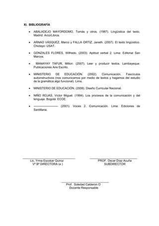 XI. BIBLIOGRAFÍA
• ABALADEJO MAYORDOMO, Tomás y otros. (1987). Lingüística del texto.
Madrid: Arco/Libros.
• ARNAO VÁSQUEZ, Marco y FALLA ORTIZ, Janeth. (2007). El texto lingüístico.
Chiclayo: USAT.
• GONZALES FLORES, Wilfredo. (2003). Aptitud verbal 2. Lima: Editorial San
Marcos.
• MANAYAY TAFUR, Milton. (2007). Leer y producir textos. Lambayeque:
Publicaciones Aire Escrito.
• MINISTERIO DE EDUCACIÓN. (2002). Comunicación. Fascículos
autoinstructivos (nos comunicamos por medio de textos y hagamos del estudio
de la gramática algo funcional). Lima.
• MINISTERIO DE EDUCACIÓN. (2008). Diseño Curricular Nacional.
• NIÑO ROJAS, Víctor Miguel. (1994). Los procesos de la comunicación y del
lenguaje. Bogotá: ECOE.
• ------------------------- (2001). Voces 2. Comunicación. Lima: Ediciones de
Santillana.
________________________________ _____________________________
Lic. Yrma Escobar Quiroz PROF. Oscar Díaz Acuña
Vº Bº DIRECTORA (e ) SUBDIRECTOR
_____________________________
Prof. Soledad Calderon O
Docente Responsable
 