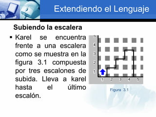 Extendiendo el Lenguaje

 Subiendo la escalera
 Karel se encuentra
  frente a una escalera
  como se muestra en la
  figura 3.1 compuesta
  por tres escalones de
  subida. Lleva a karel
  hasta     el    último   Figura 3.1
  escalón.
 