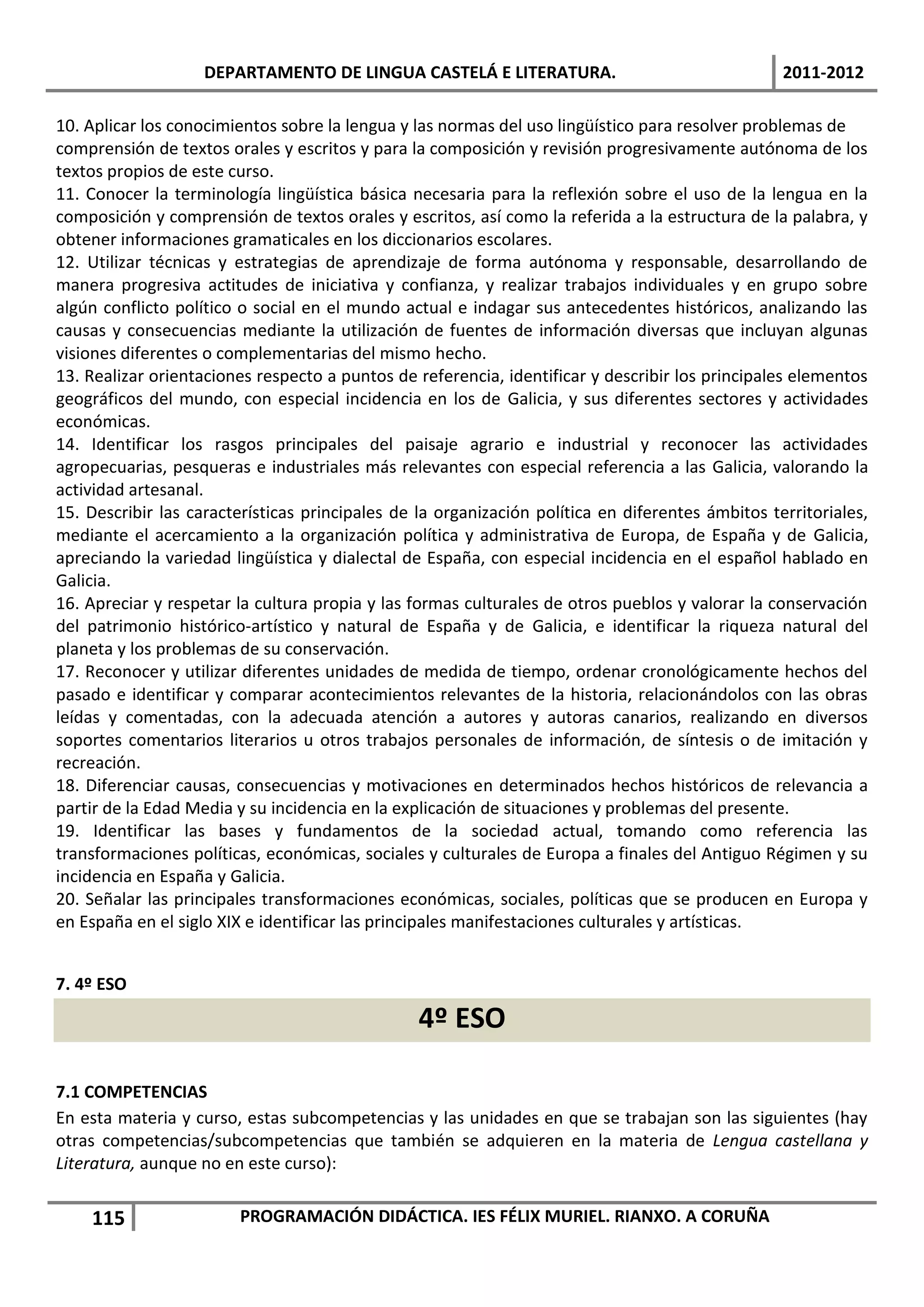 DEPARTAMENTO DE LINGUA CASTELÁ E LITERATURA.                                  2011-2012

10. Aplicar los conocimientos sobre la lengua y las normas del uso lingüístico para resolver problemas de
comprensión de textos orales y escritos y para la composición y revisión progresivamente autónoma de los
textos propios de este curso.
11. Conocer la terminología lingüística básica necesaria para la reflexión sobre el uso de la lengua en la
composición y comprensión de textos orales y escritos, así como la referida a la estructura de la palabra, y
obtener informaciones gramaticales en los diccionarios escolares.
12. Utilizar técnicas y estrategias de aprendizaje de forma autónoma y responsable, desarrollando de
manera progresiva actitudes de iniciativa y confianza, y realizar trabajos individuales y en grupo sobre
algún conflicto político o social en el mundo actual e indagar sus antecedentes históricos, analizando las
causas y consecuencias mediante la utilización de fuentes de información diversas que incluyan algunas
visiones diferentes o complementarias del mismo hecho.
13. Realizar orientaciones respecto a puntos de referencia, identificar y describir los principales elementos
geográficos del mundo, con especial incidencia en los de Galicia, y sus diferentes sectores y actividades
económicas.
14. Identificar los rasgos principales del paisaje agrario e industrial y reconocer las actividades
agropecuarias, pesqueras e industriales más relevantes con especial referencia a las Galicia, valorando la
actividad artesanal.
15. Describir las características principales de la organización política en diferentes ámbitos territoriales,
mediante el acercamiento a la organización política y administrativa de Europa, de España y de Galicia,
apreciando la variedad lingüística y dialectal de España, con especial incidencia en el español hablado en
Galicia.
16. Apreciar y respetar la cultura propia y las formas culturales de otros pueblos y valorar la conservación
del patrimonio histórico-artístico y natural de España y de Galicia, e identificar la riqueza natural del
planeta y los problemas de su conservación.
17. Reconocer y utilizar diferentes unidades de medida de tiempo, ordenar cronológicamente hechos del
pasado e identificar y comparar acontecimientos relevantes de la historia, relacionándolos con las obras
leídas y comentadas, con la adecuada atención a autores y autoras canarios, realizando en diversos
soportes comentarios literarios u otros trabajos personales de información, de síntesis o de imitación y
recreación.
18. Diferenciar causas, consecuencias y motivaciones en determinados hechos históricos de relevancia a
partir de la Edad Media y su incidencia en la explicación de situaciones y problemas del presente.
19. Identificar las bases y fundamentos de la sociedad actual, tomando como referencia las
transformaciones políticas, económicas, sociales y culturales de Europa a finales del Antiguo Régimen y su
incidencia en España y Galicia.
20. Señalar las principales transformaciones económicas, sociales, políticas que se producen en Europa y
en España en el siglo XIX e identificar las principales manifestaciones culturales y artísticas.


7. 4º ESO

                                                 4º ESO

7.1 COMPETENCIAS
En esta materia y curso, estas subcompetencias y las unidades en que se trabajan son las siguientes (hay
otras competencias/subcompetencias que también se adquieren en la materia de Lengua castellana y
Literatura, aunque no en este curso):


    115                 PROGRAMACIÓN DIDÁCTICA. IES FÉLIX MURIEL. RIANXO. A CORUÑA
 