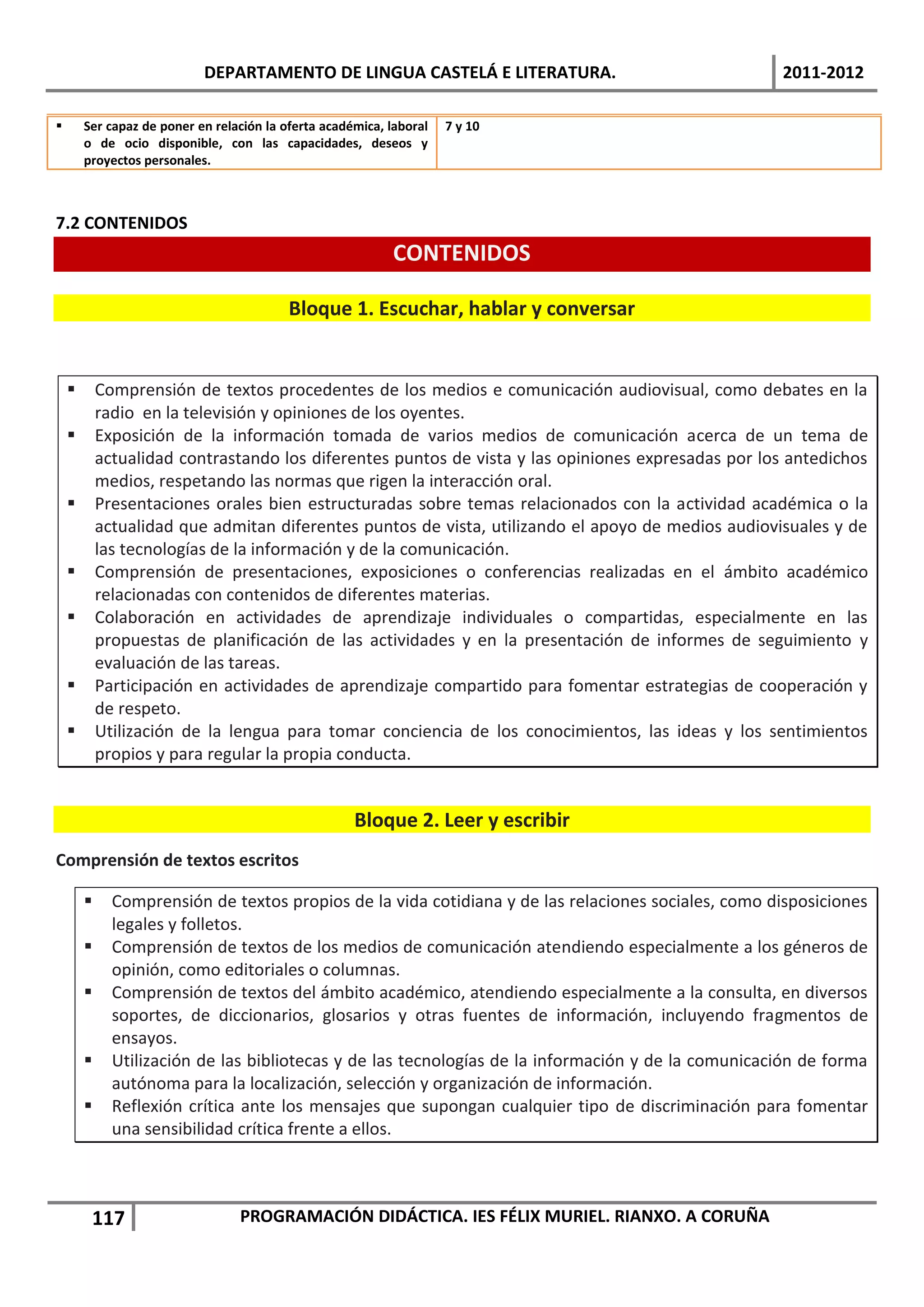 DEPARTAMENTO DE LINGUA CASTELÁ E LITERATURA.                             2011-2012

       Ser capaz de poner en relación la oferta académica, laboral   7 y 10
        o de ocio disponible, con las capacidades, deseos y
        proyectos personales.



7.2 CONTENIDOS
                                                             CONTENIDOS

                                           Bloque 1. Escuchar, hablar y conversar


           Comprensión de textos procedentes de los medios e comunicación audiovisual, como debates en la
            radio en la televisión y opiniones de los oyentes.
           Exposición de la información tomada de varios medios de comunicación acerca de un tema de
            actualidad contrastando los diferentes puntos de vista y las opiniones expresadas por los antedichos
            medios, respetando las normas que rigen la interacción oral.
           Presentaciones orales bien estructuradas sobre temas relacionados con la actividad académica o la
            actualidad que admitan diferentes puntos de vista, utilizando el apoyo de medios audiovisuales y de
            las tecnologías de la información y de la comunicación.
           Comprensión de presentaciones, exposiciones o conferencias realizadas en el ámbito académico
            relacionadas con contenidos de diferentes materias.
           Colaboración en actividades de aprendizaje individuales o compartidas, especialmente en las
            propuestas de planificación de las actividades y en la presentación de informes de seguimiento y
            evaluación de las tareas.
           Participación en actividades de aprendizaje compartido para fomentar estrategias de cooperación y
            de respeto.
           Utilización de la lengua para tomar conciencia de los conocimientos, las ideas y los sentimientos
            propios y para regular la propia conducta.


                                                      Bloque 2. Leer y escribir
Comprensión de textos escritos

             Comprensión de textos propios de la vida cotidiana y de las relaciones sociales, como disposiciones
              legales y folletos.
             Comprensión de textos de los medios de comunicación atendiendo especialmente a los géneros de
              opinión, como editoriales o columnas.
             Comprensión de textos del ámbito académico, atendiendo especialmente a la consulta, en diversos
              soportes, de diccionarios, glosarios y otras fuentes de información, incluyendo fragmentos de
              ensayos.
             Utilización de las bibliotecas y de las tecnologías de la información y de la comunicación de forma
              autónoma para la localización, selección y organización de información.
             Reflexión crítica ante los mensajes que supongan cualquier tipo de discriminación para fomentar
              una sensibilidad crítica frente a ellos.



         117                      PROGRAMACIÓN DIDÁCTICA. IES FÉLIX MURIEL. RIANXO. A CORUÑA
 