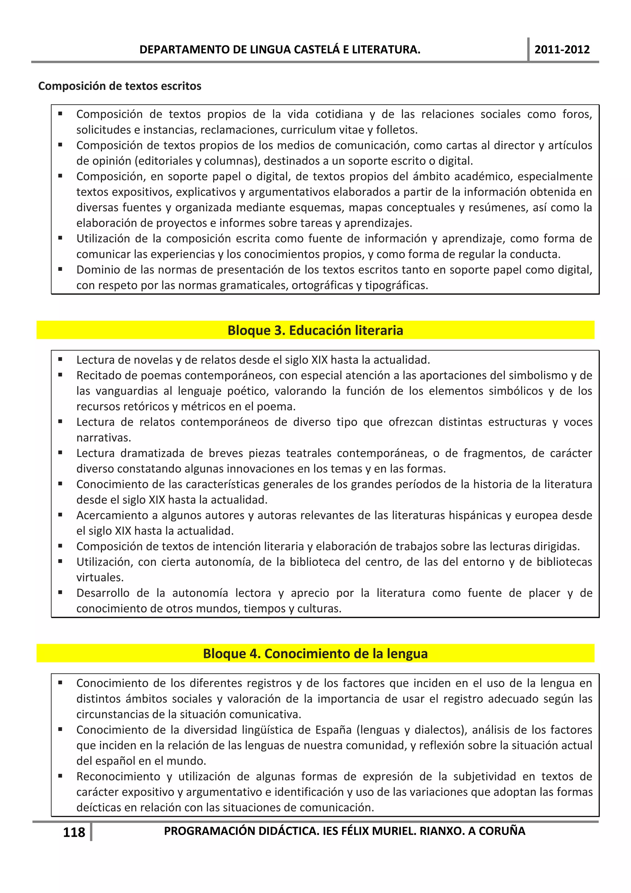 DEPARTAMENTO DE LINGUA CASTELÁ E LITERATURA.                                 2011-2012

Composición de textos escritos

      Composición de textos propios de la vida cotidiana y de las relaciones sociales como foros,
       solicitudes e instancias, reclamaciones, curriculum vitae y folletos.
      Composición de textos propios de los medios de comunicación, como cartas al director y artículos
       de opinión (editoriales y columnas), destinados a un soporte escrito o digital.
      Composición, en soporte papel o digital, de textos propios del ámbito académico, especialmente
       textos expositivos, explicativos y argumentativos elaborados a partir de la información obtenida en
       diversas fuentes y organizada mediante esquemas, mapas conceptuales y resúmenes, así como la
       elaboración de proyectos e informes sobre tareas y aprendizajes.
      Utilización de la composición escrita como fuente de información y aprendizaje, como forma de
       comunicar las experiencias y los conocimientos propios, y como forma de regular la conducta.
      Dominio de las normas de presentación de los textos escritos tanto en soporte papel como digital,
       con respeto por las normas gramaticales, ortográficas y tipográficas.


                                    Bloque 3. Educación literaria
      Lectura de novelas y de relatos desde el siglo XIX hasta la actualidad.
      Recitado de poemas contemporáneos, con especial atención a las aportaciones del simbolismo y de
       las vanguardias al lenguaje poético, valorando la función de los elementos simbólicos y de los
       recursos retóricos y métricos en el poema.
      Lectura de relatos contemporáneos de diverso tipo que ofrezcan distintas estructuras y voces
       narrativas.
      Lectura dramatizada de breves piezas teatrales contemporáneas, o de fragmentos, de carácter
       diverso constatando algunas innovaciones en los temas y en las formas.
      Conocimiento de las características generales de los grandes períodos de la historia de la literatura
       desde el siglo XIX hasta la actualidad.
      Acercamiento a algunos autores y autoras relevantes de las literaturas hispánicas y europea desde
       el siglo XIX hasta la actualidad.
      Composición de textos de intención literaria y elaboración de trabajos sobre las lecturas dirigidas.
      Utilización, con cierta autonomía, de la biblioteca del centro, de las del entorno y de bibliotecas
       virtuales.
      Desarrollo de la autonomía lectora y aprecio por la literatura como fuente de placer y de
       conocimiento de otros mundos, tiempos y culturas.


                                 Bloque 4. Conocimiento de la lengua
      Conocimiento de los diferentes registros y de los factores que inciden en el uso de la lengua en
       distintos ámbitos sociales y valoración de la importancia de usar el registro adecuado según las
       circunstancias de la situación comunicativa.
      Conocimiento de la diversidad lingüística de España (lenguas y dialectos), análisis de los factores
       que inciden en la relación de las lenguas de nuestra comunidad, y reflexión sobre la situación actual
       del español en el mundo.
      Reconocimiento y utilización de algunas formas de expresión de la subjetividad en textos de
       carácter expositivo y argumentativo e identificación y uso de las variaciones que adoptan las formas
       deícticas en relación con las situaciones de comunicación.

    118                 PROGRAMACIÓN DIDÁCTICA. IES FÉLIX MURIEL. RIANXO. A CORUÑA
 