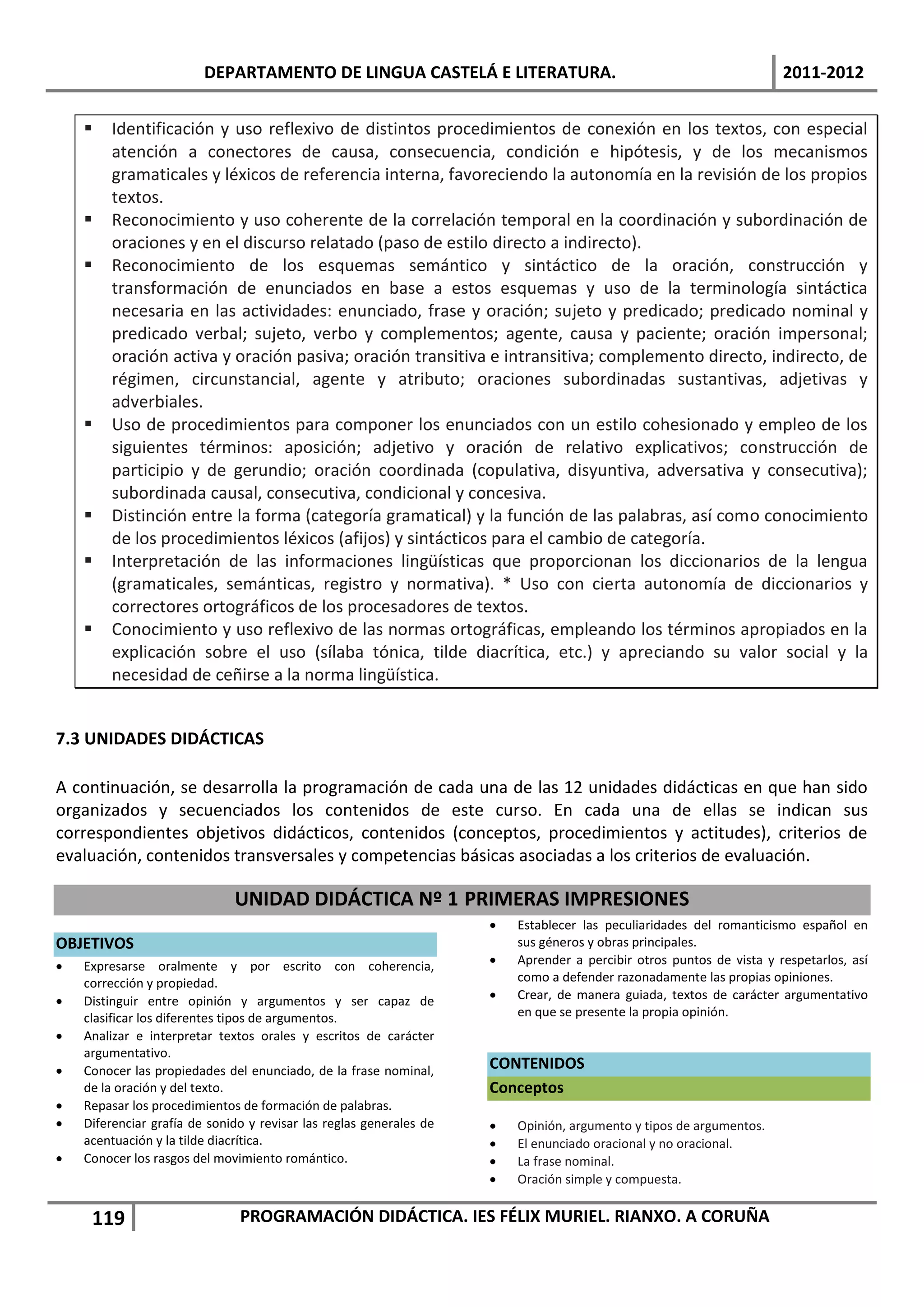 DEPARTAMENTO DE LINGUA CASTELÁ E LITERATURA.                                                 2011-2012


       Identificación y uso reflexivo de distintos procedimientos de conexión en los textos, con especial
        atención a conectores de causa, consecuencia, condición e hipótesis, y de los mecanismos
        gramaticales y léxicos de referencia interna, favoreciendo la autonomía en la revisión de los propios
        textos.
       Reconocimiento y uso coherente de la correlación temporal en la coordinación y subordinación de
        oraciones y en el discurso relatado (paso de estilo directo a indirecto).
       Reconocimiento de los esquemas semántico y sintáctico de la oración, construcción y
        transformación de enunciados en base a estos esquemas y uso de la terminología sintáctica
        necesaria en las actividades: enunciado, frase y oración; sujeto y predicado; predicado nominal y
        predicado verbal; sujeto, verbo y complementos; agente, causa y paciente; oración impersonal;
        oración activa y oración pasiva; oración transitiva e intransitiva; complemento directo, indirecto, de
        régimen, circunstancial, agente y atributo; oraciones subordinadas sustantivas, adjetivas y
        adverbiales.
       Uso de procedimientos para componer los enunciados con un estilo cohesionado y empleo de los
        siguientes términos: aposición; adjetivo y oración de relativo explicativos; construcción de
        participio y de gerundio; oración coordinada (copulativa, disyuntiva, adversativa y consecutiva);
        subordinada causal, consecutiva, condicional y concesiva.
       Distinción entre la forma (categoría gramatical) y la función de las palabras, así como conocimiento
        de los procedimientos léxicos (afijos) y sintácticos para el cambio de categoría.
       Interpretación de las informaciones lingüísticas que proporcionan los diccionarios de la lengua
        (gramaticales, semánticas, registro y normativa). * Uso con cierta autonomía de diccionarios y
        correctores ortográficos de los procesadores de textos.
       Conocimiento y uso reflexivo de las normas ortográficas, empleando los términos apropiados en la
        explicación sobre el uso (sílaba tónica, tilde diacrítica, etc.) y apreciando su valor social y la
        necesidad de ceñirse a la norma lingüística.


7.3 UNIDADES DIDÁCTICAS

A continuación, se desarrolla la programación de cada una de las 12 unidades didácticas en que han sido
organizados y secuenciados los contenidos de este curso. En cada una de ellas se indican sus
correspondientes objetivos didácticos, contenidos (conceptos, procedimientos y actitudes), criterios de
evaluación, contenidos transversales y competencias básicas asociadas a los criterios de evaluación.

                              UNIDAD DIDÁCTICA Nº 1 PRIMERAS IMPRESIONES
                                                                        Establecer las peculiaridades del romanticismo español en
OBJETIVOS                                                                sus géneros y obras principales.
   Expresarse oralmente y por escrito con coherencia,                  Aprender a percibir otros puntos de vista y respetarlos, así
    corrección y propiedad.                                              como a defender razonadamente las propias opiniones.
   Distinguir entre opinión y argumentos y ser capaz de                Crear, de manera guiada, textos de carácter argumentativo
    clasificar los diferentes tipos de argumentos.                       en que se presente la propia opinión.
   Analizar e interpretar textos orales y escritos de carácter
    argumentativo.
   Conocer las propiedades del enunciado, de la frase nominal,      CONTENIDOS
    de la oración y del texto.                                       Conceptos
   Repasar los procedimientos de formación de palabras.
   Diferenciar grafía de sonido y revisar las reglas generales de      Opinión, argumento y tipos de argumentos.
    acentuación y la tilde diacrítica.                                  El enunciado oracional y no oracional.
   Conocer los rasgos del movimiento romántico.                        La frase nominal.
                                                                        Oración simple y compuesta.

     119                       PROGRAMACIÓN DIDÁCTICA. IES FÉLIX MURIEL. RIANXO. A CORUÑA
 