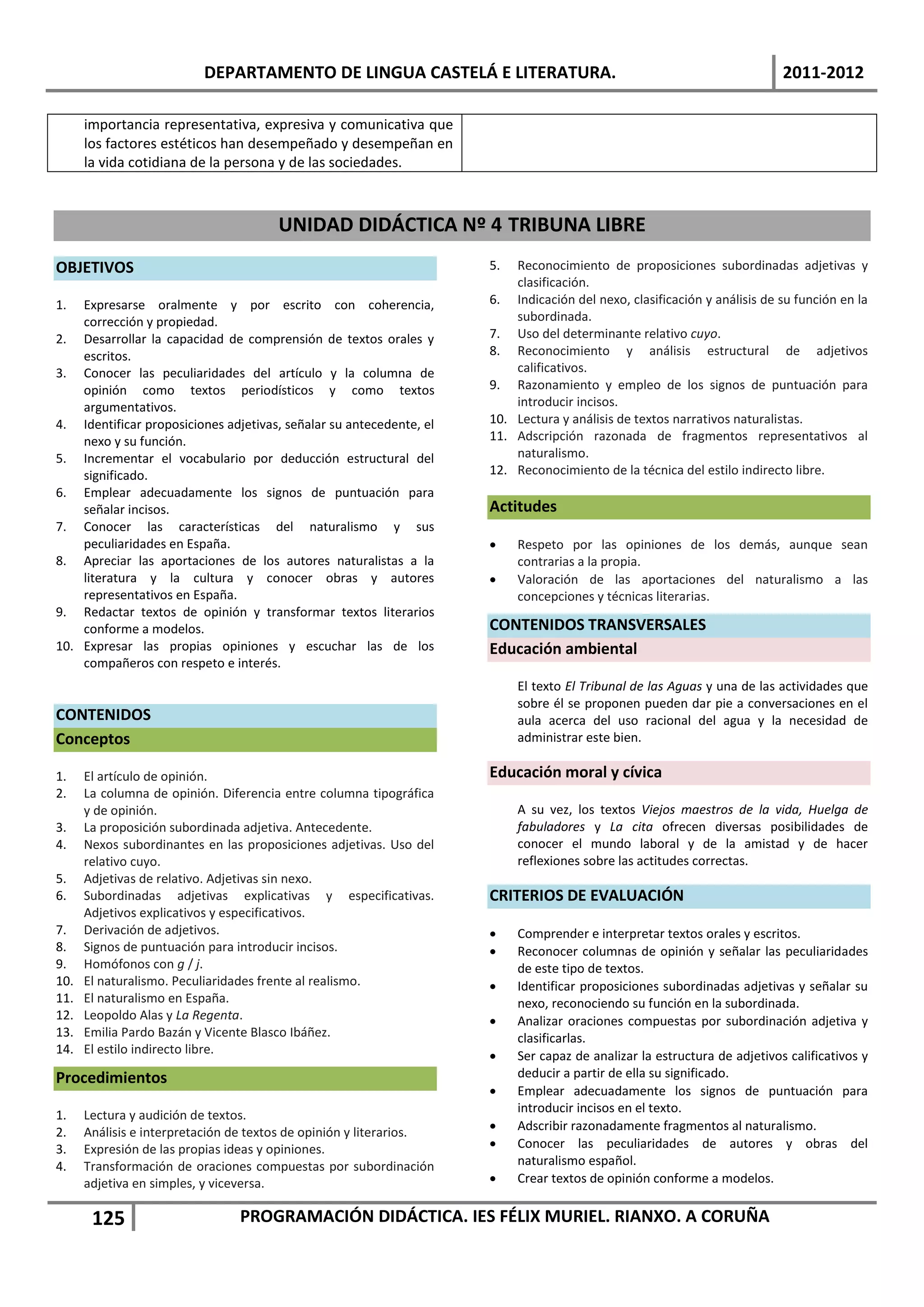 DEPARTAMENTO DE LINGUA CASTELÁ E LITERATURA.                                                    2011-2012

      importancia representativa, expresiva y comunicativa que
      los factores estéticos han desempeñado y desempeñan en
      la vida cotidiana de la persona y de las sociedades.



                                       UNIDAD DIDÁCTICA Nº 4 TRIBUNA LIBRE
OBJETIVOS                                                            5.  Reconocimiento de proposiciones subordinadas adjetivas y
                                                                         clasificación.
1.  Expresarse oralmente y por escrito con coherencia,               6. Indicación del nexo, clasificación y análisis de su función en la
    corrección y propiedad.                                              subordinada.
2. Desarrollar la capacidad de comprensión de textos orales y        7. Uso del determinante relativo cuyo.
    escritos.                                                        8. Reconocimiento y análisis estructural de adjetivos
3. Conocer las peculiaridades del artículo y la columna de               calificativos.
    opinión como textos periodísticos y como textos                  9. Razonamiento y empleo de los signos de puntuación para
    argumentativos.                                                      introducir incisos.
4. Identificar proposiciones adjetivas, señalar su antecedente, el   10. Lectura y análisis de textos narrativos naturalistas.
    nexo y su función.                                               11. Adscripción razonada de fragmentos representativos al
5. Incrementar el vocabulario por deducción estructural del              naturalismo.
    significado.                                                     12. Reconocimiento de la técnica del estilo indirecto libre.
6. Emplear adecuadamente los signos de puntuación para
    señalar incisos.                                                 Actitudes
7. Conocer las características del naturalismo y sus
    peculiaridades en España.                                            Respeto por las opiniones de los demás, aunque sean
8. Apreciar las aportaciones de los autores naturalistas a la             contrarias a la propia.
    literatura y la cultura y conocer obras y autores                    Valoración de las aportaciones del naturalismo a las
    representativos en España.                                            concepciones y técnicas literarias.
9. Redactar textos de opinión y transformar textos literarios
    conforme a modelos.                                              CONTENIDOS TRANSVERSALES
10. Expresar las propias opiniones y escuchar las de los             Educación ambiental
    compañeros con respeto e interés.
                                                                          El texto El Tribunal de las Aguas y una de las actividades que
                                                                          sobre él se proponen pueden dar pie a conversaciones en el
CONTENIDOS                                                                aula acerca del uso racional del agua y la necesidad de
Conceptos                                                                 administrar este bien.

1.    El artículo de opinión.                                        Educación moral y cívica
2.    La columna de opinión. Diferencia entre columna tipográfica
      y de opinión.                                                       A su vez, los textos Viejos maestros de la vida, Huelga de
3.    La proposición subordinada adjetiva. Antecedente.                   fabuladores y La cita ofrecen diversas posibilidades de
4.    Nexos subordinantes en las proposiciones adjetivas. Uso del         conocer el mundo laboral y de la amistad y de hacer
      relativo cuyo.                                                      reflexiones sobre las actitudes correctas.
5.    Adjetivas de relativo. Adjetivas sin nexo.
6.    Subordinadas adjetivas explicativas y especificativas.         CRITERIOS DE EVALUACIÓN
      Adjetivos explicativos y especificativos.
7.    Derivación de adjetivos.                                           Comprender e interpretar textos orales y escritos.
8.    Signos de puntuación para introducir incisos.                      Reconocer columnas de opinión y señalar las peculiaridades
9.    Homófonos con g / j.                                                de este tipo de textos.
10.   El naturalismo. Peculiaridades frente al realismo.                 Identificar proposiciones subordinadas adjetivas y señalar su
11.   El naturalismo en España.                                           nexo, reconociendo su función en la subordinada.
12.   Leopoldo Alas y La Regenta.                                        Analizar oraciones compuestas por subordinación adjetiva y
13.   Emilia Pardo Bazán y Vicente Blasco Ibáñez.                         clasificarlas.
14.   El estilo indirecto libre.                                         Ser capaz de analizar la estructura de adjetivos calificativos y
Procedimientos                                                            deducir a partir de ella su significado.
                                                                         Emplear adecuadamente los signos de puntuación para
                                                                          introducir incisos en el texto.
1.    Lectura y audición de textos.
2.    Análisis e interpretación de textos de opinión y literarios.       Adscribir razonadamente fragmentos al naturalismo.
3.    Expresión de las propias ideas y opiniones.                        Conocer las peculiaridades de autores y obras del
4.    Transformación de oraciones compuestas por subordinación            naturalismo español.
      adjetiva en simples, y viceversa.                                  Crear textos de opinión conforme a modelos.


       125                      PROGRAMACIÓN DIDÁCTICA. IES FÉLIX MURIEL. RIANXO. A CORUÑA
 