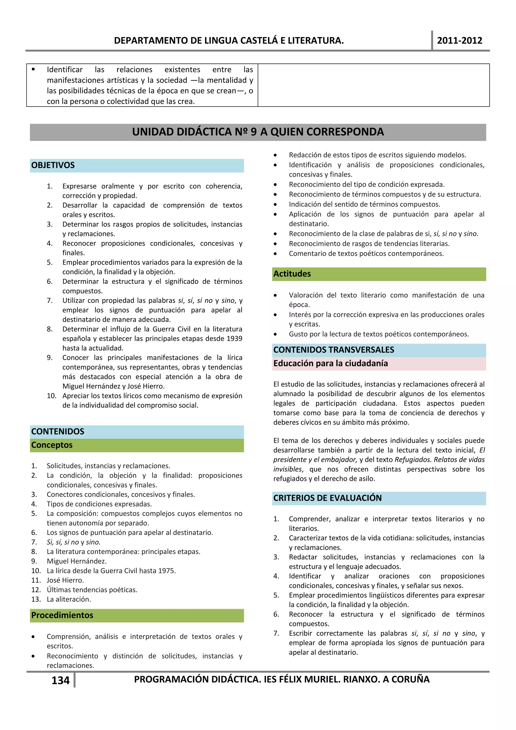 DEPARTAMENTO DE LINGUA CASTELÁ E LITERATURA.                                                      2011-2012

     Identificar las relaciones existentes entre las
      manifestaciones artísticas y la sociedad —la mentalidad y
      las posibilidades técnicas de la época en que se crean—, o
      con la persona o colectividad que las crea.


                                UNIDAD DIDÁCTICA Nº 9 A QUIEN CORRESPONDA
                                                                           Redacción de estos tipos de escritos siguiendo modelos.
OBJETIVOS                                                                  Identificación y análisis de proposiciones condicionales,
                                                                            concesivas y finales.
      1.  Expresarse oralmente y por escrito con coherencia,               Reconocimiento del tipo de condición expresada.
          corrección y propiedad.                                          Reconocimiento de términos compuestos y de su estructura.
      2. Desarrollar la capacidad de comprensión de textos                 Indicación del sentido de términos compuestos.
          orales y escritos.                                               Aplicación de los signos de puntuación para apelar al
      3. Determinar los rasgos propios de solicitudes, instancias           destinatario.
          y reclamaciones.                                                 Reconocimiento de la clase de palabras de si, sí, si no y sino.
      4. Reconocer proposiciones condicionales, concesivas y               Reconocimiento de rasgos de tendencias literarias.
          finales.                                                         Comentario de textos poéticos contemporáneos.
      5. Emplear procedimientos variados para la expresión de la
          condición, la finalidad y la objeción.                       Actitudes
      6. Determinar la estructura y el significado de términos
          compuestos.
                                                                           Valoración del texto literario como manifestación de una
      7. Utilizar con propiedad las palabras si, sí, si no y sino, y
                                                                            época.
          emplear los signos de puntuación para apelar al
                                                                           Interés por la corrección expresiva en las producciones orales
          destinatario de manera adecuada.
                                                                            y escritas.
      8. Determinar el influjo de la Guerra Civil en la literatura
                                                                           Gusto por la lectura de textos poéticos contemporáneos.
          española y establecer las principales etapas desde 1939
          hasta la actualidad.                                         CONTENIDOS TRANSVERSALES
      9. Conocer las principales manifestaciones de la lírica
          contemporánea, sus representantes, obras y tendencias        Educación para la ciudadanía
          más destacados con especial atención a la obra de
          Miguel Hernández y José Hierro.                              El estudio de las solicitudes, instancias y reclamaciones ofrecerá al
      10. Apreciar los textos líricos como mecanismo de expresión      alumnado la posibilidad de descubrir algunos de los elementos
          de la individualidad del compromiso social.                  legales de participación ciudadana. Estos aspectos pueden
                                                                       tomarse como base para la toma de conciencia de derechos y
                                                                       deberes cívicos en su ámbito más próximo.
CONTENIDOS
                                                                       El tema de los derechos y deberes individuales y sociales puede
Conceptos                                                              desarrollarse también a partir de la lectura del texto inicial, El
                                                                       presidente y el embajador, y del texto Refugiados. Relatos de vidas
1.    Solicitudes, instancias y reclamaciones.                         invisibles, que nos ofrecen distintas perspectivas sobre los
2.    La condición, la objeción y la finalidad: proposiciones          refugiados y el derecho de asilo.
      condicionales, concesivas y finales.
3.    Conectores condicionales, concesivos y finales.
                                                                       CRITERIOS DE EVALUACIÓN
4.    Tipos de condiciones expresadas.
5.    La composición: compuestos complejos cuyos elementos no
                                                                       1.   Comprender, analizar e interpretar textos literarios y no
      tienen autonomía por separado.
                                                                            literarios.
6.    Los signos de puntuación para apelar al destinatario.
                                                                       2.   Caracterizar textos de la vida cotidiana: solicitudes, instancias
7.    Si, sí, si no y sino.
                                                                            y reclamaciones.
8.    La literatura contemporánea: principales etapas.
                                                                       3.   Redactar solicitudes, instancias y reclamaciones con la
9.    Miguel Hernández.
                                                                            estructura y el lenguaje adecuados.
10.   La lírica desde la Guerra Civil hasta 1975.
                                                                       4.   Identificar y analizar oraciones con proposiciones
11.   José Hierro.
                                                                            condicionales, concesivas y finales, y señalar sus nexos.
12.   Últimas tendencias poéticas.
                                                                       5.   Emplear procedimientos lingüísticos diferentes para expresar
13.   La aliteración.
                                                                            la condición, la finalidad y la objeción.
Procedimientos                                                         6.   Reconocer la estructura y el significado de términos
                                                                            compuestos.
     Comprensión, análisis e interpretación de textos orales y        7.   Escribir correctamente las palabras si, sí, si no y sino, y
      escritos.                                                             emplear de forma apropiada los signos de puntuación para
     Reconocimiento y distinción de solicitudes, instancias y              apelar al destinatario.
      reclamaciones.

       134                       PROGRAMACIÓN DIDÁCTICA. IES FÉLIX MURIEL. RIANXO. A CORUÑA
 