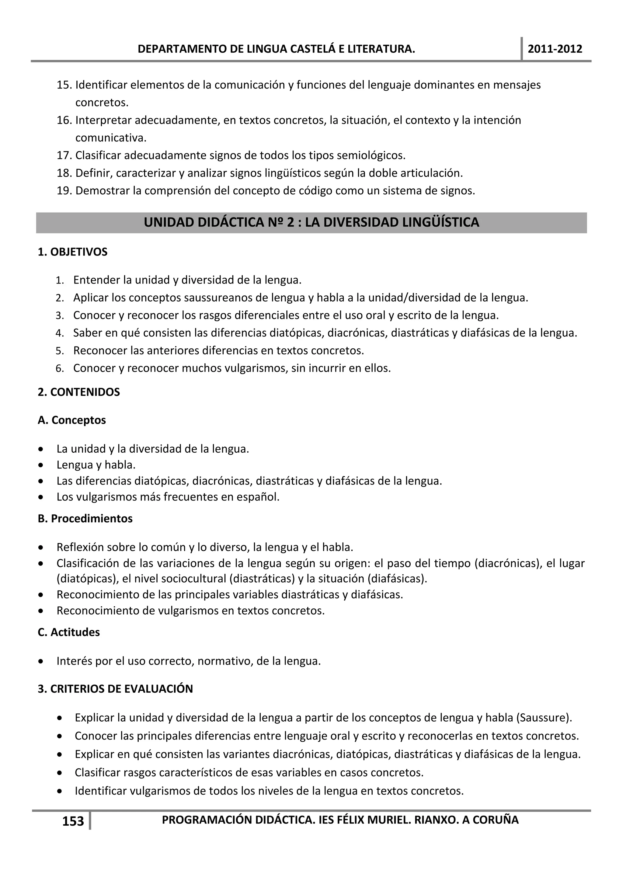 DEPARTAMENTO DE LINGUA CASTELÁ E LITERATURA.                                     2011-2012

    15. Identificar elementos de la comunicación y funciones del lenguaje dominantes en mensajes
        concretos.
    16. Interpretar adecuadamente, en textos concretos, la situación, el contexto y la intención
        comunicativa.
    17. Clasificar adecuadamente signos de todos los tipos semiológicos.
    18. Definir, caracterizar y analizar signos lingüísticos según la doble articulación.
    19. Demostrar la comprensión del concepto de código como un sistema de signos.

                      UNIDAD DIDÁCTICA Nº 2 : LA DIVERSIDAD LINGÜÍSTICA
1. OBJETIVOS

    1. Entender la unidad y diversidad de la lengua.
    2. Aplicar los conceptos saussureanos de lengua y habla a la unidad/diversidad de la lengua.
    3. Conocer y reconocer los rasgos diferenciales entre el uso oral y escrito de la lengua.
    4. Saber en qué consisten las diferencias diatópicas, diacrónicas, diastráticas y diafásicas de la lengua.
    5. Reconocer las anteriores diferencias en textos concretos.
    6. Conocer y reconocer muchos vulgarismos, sin incurrir en ellos.

2. CONTENIDOS

A. Conceptos

   La unidad y la diversidad de la lengua.
   Lengua y habla.
   Las diferencias diatópicas, diacrónicas, diastráticas y diafásicas de la lengua.
   Los vulgarismos más frecuentes en español.
B. Procedimientos

   Reflexión sobre lo común y lo diverso, la lengua y el habla.
   Clasificación de las variaciones de la lengua según su origen: el paso del tiempo (diacrónicas), el lugar
    (diatópicas), el nivel sociocultural (diastráticas) y la situación (diafásicas).
   Reconocimiento de las principales variables diastráticas y diafásicas.
   Reconocimiento de vulgarismos en textos concretos.
C. Actitudes

   Interés por el uso correcto, normativo, de la lengua.

3. CRITERIOS DE EVALUACIÓN

       Explicar la unidad y diversidad de la lengua a partir de los conceptos de lengua y habla (Saussure).
       Conocer las principales diferencias entre lenguaje oral y escrito y reconocerlas en textos concretos.
       Explicar en qué consisten las variantes diacrónicas, diatópicas, diastráticas y diafásicas de la lengua.
       Clasificar rasgos característicos de esas variables en casos concretos.
       Identificar vulgarismos de todos los niveles de la lengua en textos concretos.

     153                 PROGRAMACIÓN DIDÁCTICA. IES FÉLIX MURIEL. RIANXO. A CORUÑA
 