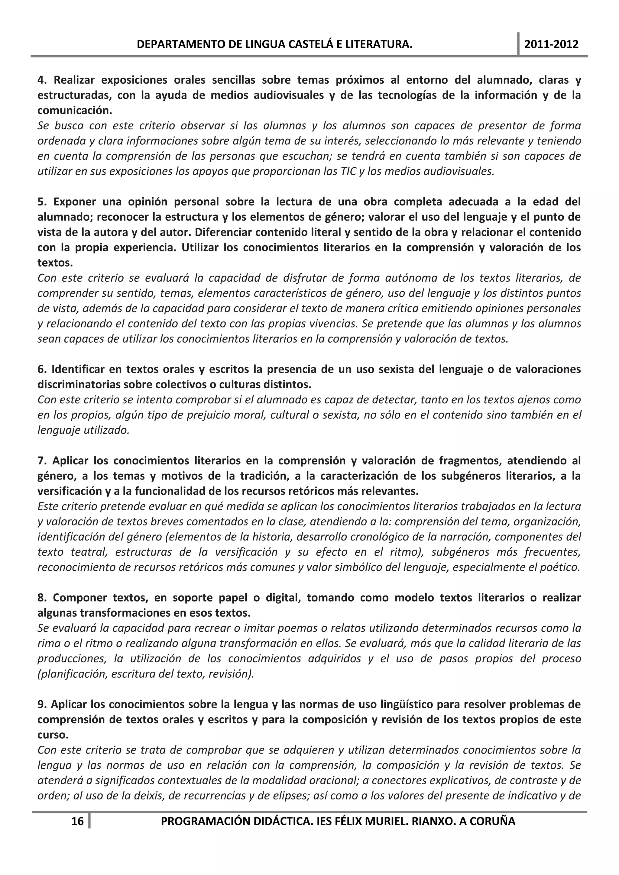 DEPARTAMENTO DE LINGUA CASTELÁ E LITERATURA.                                    2011-2012

4. Realizar exposiciones orales sencillas sobre temas próximos al entorno del alumnado, claras y
estructuradas, con la ayuda de medios audiovisuales y de las tecnologías de la información y de la
comunicación.
Se busca con este criterio observar si las alumnas y los alumnos son capaces de presentar de forma
ordenada y clara informaciones sobre algún tema de su interés, seleccionando lo más relevante y teniendo
en cuenta la comprensión de las personas que escuchan; se tendrá en cuenta también si son capaces de
utilizar en sus exposiciones los apoyos que proporcionan las TIC y los medios audiovisuales.

5. Exponer una opinión personal sobre la lectura de una obra completa adecuada a la edad del
alumnado; reconocer la estructura y los elementos de género; valorar el uso del lenguaje y el punto de
vista de la autora y del autor. Diferenciar contenido literal y sentido de la obra y relacionar el contenido
con la propia experiencia. Utilizar los conocimientos literarios en la comprensión y valoración de los
textos.
Con este criterio se evaluará la capacidad de disfrutar de forma autónoma de los textos literarios, de
comprender su sentido, temas, elementos característicos de género, uso del lenguaje y los distintos puntos
de vista, además de la capacidad para considerar el texto de manera crítica emitiendo opiniones personales
y relacionando el contenido del texto con las propias vivencias. Se pretende que las alumnas y los alumnos
sean capaces de utilizar los conocimientos literarios en la comprensión y valoración de textos.

6. Identificar en textos orales y escritos la presencia de un uso sexista del lenguaje o de valoraciones
discriminatorias sobre colectivos o culturas distintos.
Con este criterio se intenta comprobar si el alumnado es capaz de detectar, tanto en los textos ajenos como
en los propios, algún tipo de prejuicio moral, cultural o sexista, no sólo en el contenido sino también en el
lenguaje utilizado.

7. Aplicar los conocimientos literarios en la comprensión y valoración de fragmentos, atendiendo al
género, a los temas y motivos de la tradición, a la caracterización de los subgéneros literarios, a la
versificación y a la funcionalidad de los recursos retóricos más relevantes.
Este criterio pretende evaluar en qué medida se aplican los conocimientos literarios trabajados en la lectura
y valoración de textos breves comentados en la clase, atendiendo a la: comprensión del tema, organización,
identificación del género (elementos de la historia, desarrollo cronológico de la narración, componentes del
texto teatral, estructuras de la versificación y su efecto en el ritmo), subgéneros más frecuentes,
reconocimiento de recursos retóricos más comunes y valor simbólico del lenguaje, especialmente el poético.

8. Componer textos, en soporte papel o digital, tomando como modelo textos literarios o realizar
algunas transformaciones en esos textos.
Se evaluará la capacidad para recrear o imitar poemas o relatos utilizando determinados recursos como la
rima o el ritmo o realizando alguna transformación en ellos. Se evaluará, más que la calidad literaria de las
producciones, la utilización de los conocimientos adquiridos y el uso de pasos propios del proceso
(planificación, escritura del texto, revisión).

9. Aplicar los conocimientos sobre la lengua y las normas de uso lingüístico para resolver problemas de
comprensión de textos orales y escritos y para la composición y revisión de los textos propios de este
curso.
Con este criterio se trata de comprobar que se adquieren y utilizan determinados conocimientos sobre la
lengua y las normas de uso en relación con la comprensión, la composición y la revisión de textos. Se
atenderá a significados contextuales de la modalidad oracional; a conectores explicativos, de contraste y de
orden; al uso de la deixis, de recurrencias y de elipses; así como a los valores del presente de indicativo y de

      16                 PROGRAMACIÓN DIDÁCTICA. IES FÉLIX MURIEL. RIANXO. A CORUÑA
 