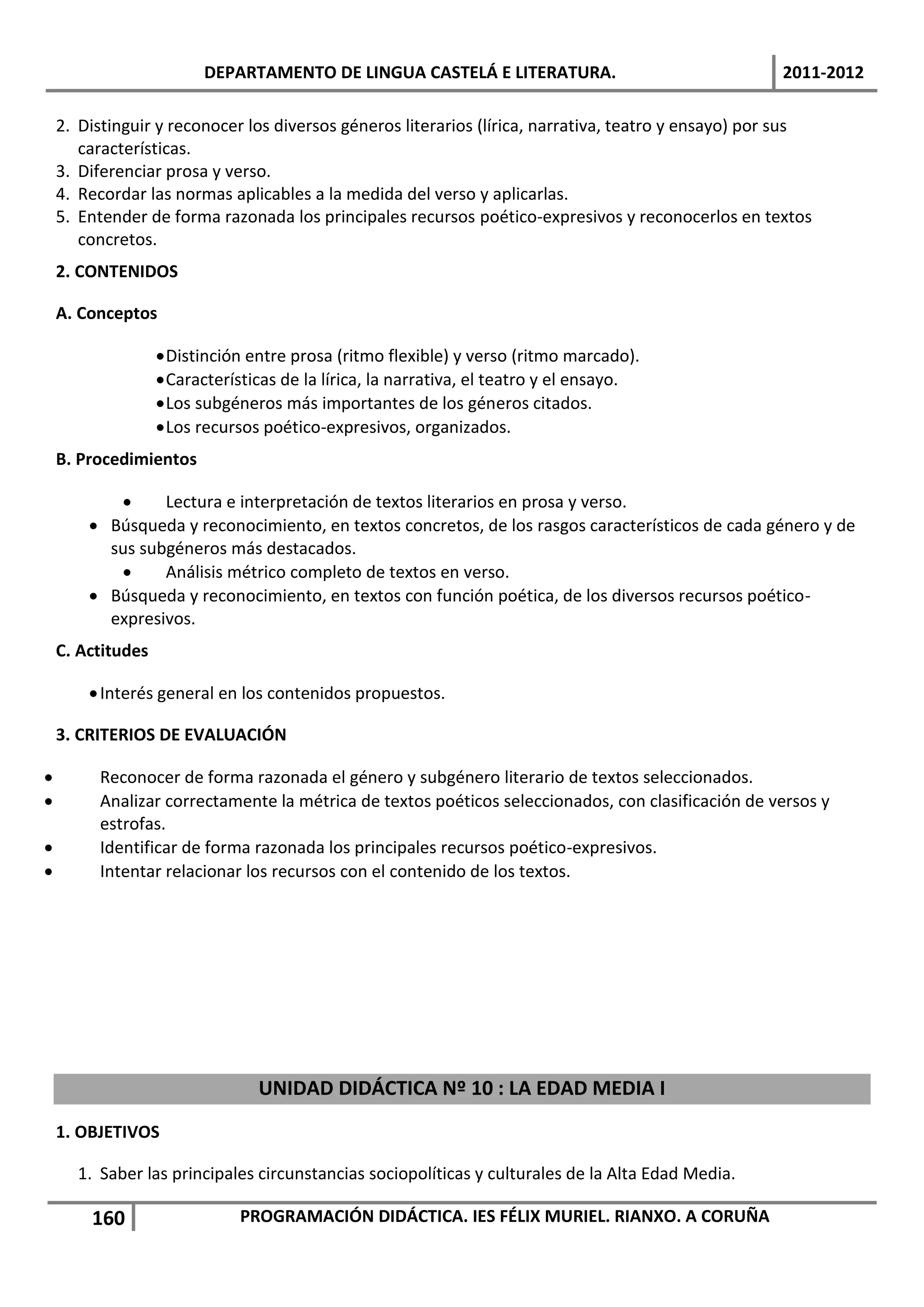 DEPARTAMENTO DE LINGUA CASTELÁ E LITERATURA.                                 2011-2012

    2. Distinguir y reconocer los diversos géneros literarios (lírica, narrativa, teatro y ensayo) por sus
       características.
    3. Diferenciar prosa y verso.
    4. Recordar las normas aplicables a la medida del verso y aplicarlas.
    5. Entender de forma razonada los principales recursos poético-expresivos y reconocerlos en textos
       concretos.
    2. CONTENIDOS

    A. Conceptos

                    Distinción entre prosa (ritmo flexible) y verso (ritmo marcado).
                    Características de la lírica, la narrativa, el teatro y el ensayo.
                    Los subgéneros más importantes de los géneros citados.
                    Los recursos poético-expresivos, organizados.
    B. Procedimientos

                Lectura e interpretación de textos literarios en prosa y verso.
         Búsqueda y reconocimiento, en textos concretos, de los rasgos característicos de cada género y de
          sus subgéneros más destacados.
                Análisis métrico completo de textos en verso.
         Búsqueda y reconocimiento, en textos con función poética, de los diversos recursos poético-
          expresivos.
    C. Actitudes

         Interés general en los contenidos propuestos.

    3. CRITERIOS DE EVALUACIÓN

        Reconocer de forma razonada el género y subgénero literario de textos seleccionados.
        Analizar correctamente la métrica de textos poéticos seleccionados, con clasificación de versos y
         estrofas.
        Identificar de forma razonada los principales recursos poético-expresivos.
        Intentar relacionar los recursos con el contenido de los textos.




                                 UNIDAD DIDÁCTICA Nº 10 : LA EDAD MEDIA I
    1. OBJETIVOS

      1. Saber las principales circunstancias sociopolíticas y culturales de la Alta Edad Media.

        160                   PROGRAMACIÓN DIDÁCTICA. IES FÉLIX MURIEL. RIANXO. A CORUÑA
 