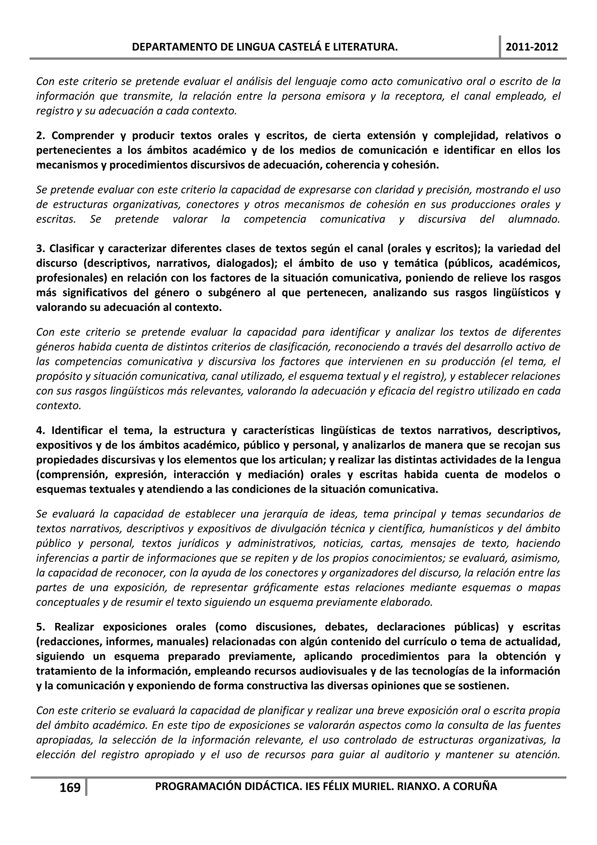DEPARTAMENTO DE LINGUA CASTELÁ E LITERATURA.                                   2011-2012

Con este criterio se pretende evaluar el análisis del lenguaje como acto comunicativo oral o escrito de la
información que transmite, la relación entre la persona emisora y la receptora, el canal empleado, el
registro y su adecuación a cada contexto.

2. Comprender y producir textos orales y escritos, de cierta extensión y complejidad, relativos o
pertenecientes a los ámbitos académico y de los medios de comunicación e identificar en ellos los
mecanismos y procedimientos discursivos de adecuación, coherencia y cohesión.

Se pretende evaluar con este criterio la capacidad de expresarse con claridad y precisión, mostrando el uso
de estructuras organizativas, conectores y otros mecanismos de cohesión en sus producciones orales y
escritas. Se pretende valorar la competencia comunicativa y discursiva del alumnado.

3. Clasificar y caracterizar diferentes clases de textos según el canal (orales y escritos); la variedad del
discurso (descriptivos, narrativos, dialogados); el ámbito de uso y temática (públicos, académicos,
profesionales) en relación con los factores de la situación comunicativa, poniendo de relieve los rasgos
más significativos del género o subgénero al que pertenecen, analizando sus rasgos lingüísticos y
valorando su adecuación al contexto.

Con este criterio se pretende evaluar la capacidad para identificar y analizar los textos de diferentes
géneros habida cuenta de distintos criterios de clasificación, reconociendo a través del desarrollo activo de
las competencias comunicativa y discursiva los factores que intervienen en su producción (el tema, el
propósito y situación comunicativa, canal utilizado, el esquema textual y el registro), y establecer relaciones
con sus rasgos lingüísticos más relevantes, valorando la adecuación y eficacia del registro utilizado en cada
contexto.

4. Identificar el tema, la estructura y características lingüísticas de textos narrativos, descriptivos,
expositivos y de los ámbitos académico, público y personal, y analizarlos de manera que se recojan sus
propiedades discursivas y los elementos que los articulan; y realizar las distintas actividades de la lengua
(comprensión, expresión, interacción y mediación) orales y escritas habida cuenta de modelos o
esquemas textuales y atendiendo a las condiciones de la situación comunicativa.

Se evaluará la capacidad de establecer una jerarquía de ideas, tema principal y temas secundarios de
textos narrativos, descriptivos y expositivos de divulgación técnica y científica, humanísticos y del ámbito
público y personal, textos jurídicos y administrativos, noticias, cartas, mensajes de texto, haciendo
inferencias a partir de informaciones que se repiten y de los propios conocimientos; se evaluará, asimismo,
la capacidad de reconocer, con la ayuda de los conectores y organizadores del discurso, la relación entre las
partes de una exposición, de representar gráficamente estas relaciones mediante esquemas o mapas
conceptuales y de resumir el texto siguiendo un esquema previamente elaborado.

5. Realizar exposiciones orales (como discusiones, debates, declaraciones públicas) y escritas
(redacciones, informes, manuales) relacionadas con algún contenido del currículo o tema de actualidad,
siguiendo un esquema preparado previamente, aplicando procedimientos para la obtención y
tratamiento de la información, empleando recursos audiovisuales y de las tecnologías de la información
y la comunicación y exponiendo de forma constructiva las diversas opiniones que se sostienen.

Con este criterio se evaluará la capacidad de planificar y realizar una breve exposición oral o escrita propia
del ámbito académico. En este tipo de exposiciones se valorarán aspectos como la consulta de las fuentes
apropiadas, la selección de la información relevante, el uso controlado de estructuras organizativas, la
elección del registro apropiado y el uso de recursos para guiar al auditorio y mantener su atención.

    169                  PROGRAMACIÓN DIDÁCTICA. IES FÉLIX MURIEL. RIANXO. A CORUÑA
 