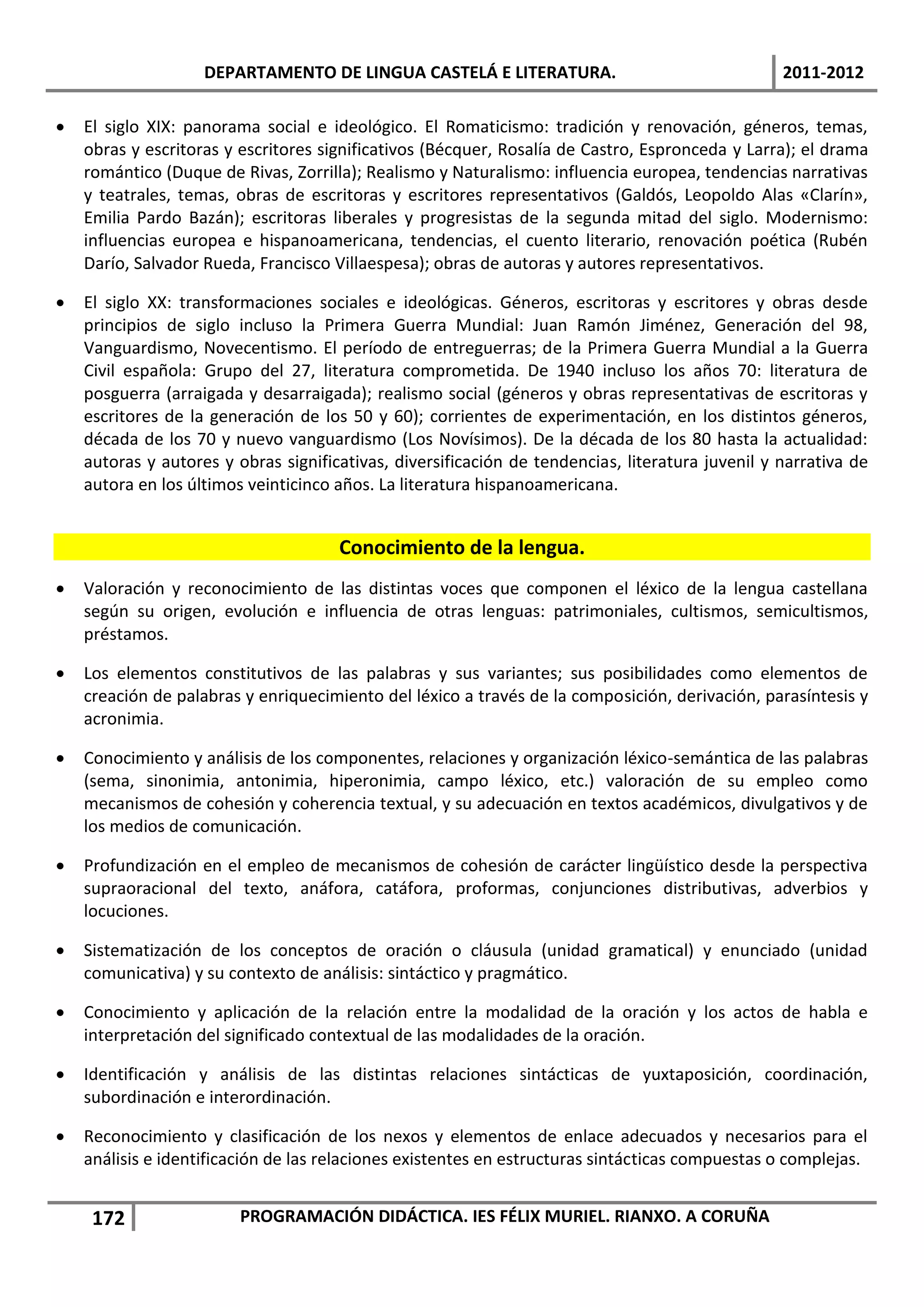 DEPARTAMENTO DE LINGUA CASTELÁ E LITERATURA.                                  2011-2012

   El siglo XIX: panorama social e ideológico. El Romaticismo: tradición y renovación, géneros, temas,
    obras y escritoras y escritores significativos (Bécquer, Rosalía de Castro, Espronceda y Larra); el drama
    romántico (Duque de Rivas, Zorrilla); Realismo y Naturalismo: influencia europea, tendencias narrativas
    y teatrales, temas, obras de escritoras y escritores representativos (Galdós, Leopoldo Alas «Clarín»,
    Emilia Pardo Bazán); escritoras liberales y progresistas de la segunda mitad del siglo. Modernismo:
    influencias europea e hispanoamericana, tendencias, el cuento literario, renovación poética (Rubén
    Darío, Salvador Rueda, Francisco Villaespesa); obras de autoras y autores representativos.

   El siglo XX: transformaciones sociales e ideológicas. Géneros, escritoras y escritores y obras desde
    principios de siglo incluso la Primera Guerra Mundial: Juan Ramón Jiménez, Generación del 98,
    Vanguardismo, Novecentismo. El período de entreguerras; de la Primera Guerra Mundial a la Guerra
    Civil española: Grupo del 27, literatura comprometida. De 1940 incluso los años 70: literatura de
    posguerra (arraigada y desarraigada); realismo social (géneros y obras representativas de escritoras y
    escritores de la generación de los 50 y 60); corrientes de experimentación, en los distintos géneros,
    década de los 70 y nuevo vanguardismo (Los Novísimos). De la década de los 80 hasta la actualidad:
    autoras y autores y obras significativas, diversificación de tendencias, literatura juvenil y narrativa de
    autora en los últimos veinticinco años. La literatura hispanoamericana.


                                      Conocimiento de la lengua.
   Valoración y reconocimiento de las distintas voces que componen el léxico de la lengua castellana
    según su origen, evolución e influencia de otras lenguas: patrimoniales, cultismos, semicultismos,
    préstamos.

   Los elementos constitutivos de las palabras y sus variantes; sus posibilidades como elementos de
    creación de palabras y enriquecimiento del léxico a través de la composición, derivación, parasíntesis y
    acronimia.

   Conocimiento y análisis de los componentes, relaciones y organización léxico-semántica de las palabras
    (sema, sinonimia, antonimia, hiperonimia, campo léxico, etc.) valoración de su empleo como
    mecanismos de cohesión y coherencia textual, y su adecuación en textos académicos, divulgativos y de
    los medios de comunicación.

   Profundización en el empleo de mecanismos de cohesión de carácter lingüístico desde la perspectiva
    supraoracional del texto, anáfora, catáfora, proformas, conjunciones distributivas, adverbios y
    locuciones.

   Sistematización de los conceptos de oración o cláusula (unidad gramatical) y enunciado (unidad
    comunicativa) y su contexto de análisis: sintáctico y pragmático.

   Conocimiento y aplicación de la relación entre la modalidad de la oración y los actos de habla e
    interpretación del significado contextual de las modalidades de la oración.

   Identificación y análisis de las distintas relaciones sintácticas de yuxtaposición, coordinación,
    subordinación e interordinación.

   Reconocimiento y clasificación de los nexos y elementos de enlace adecuados y necesarios para el
    análisis e identificación de las relaciones existentes en estructuras sintácticas compuestas o complejas.


     172                 PROGRAMACIÓN DIDÁCTICA. IES FÉLIX MURIEL. RIANXO. A CORUÑA
 